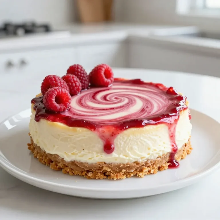 - 1 ½ cups graham cracker crumbs - ½ cup unsalted butter, melted - 1 cup fresh raspberries (reserve some for garnish) - 2 tablespoons granulated sugar (for the raspberries) - 16 oz cream cheese, softened to room temperature - 1 cup granulated sugar - 3 large eggs, at room temperature - 1 teaspoon pure vanilla extract - 2 tablespoons all-purpose flour - ½ cup sour cream - Mixing bowls - Electric hand mixer - Springform pan - Small saucepan - Spatula Gathering your ingredients is key to making a perfect raspberry swirl cheesecake. Start with the crust. You will need graham cracker crumbs and melted butter. This mixture gives your cheesecake a nice, crunchy base. Next, for the filling, you will use cream cheese, sugar, eggs, vanilla, sour cream, and a bit of flour. Each one plays an important role. The cream cheese gives the cheesecake its rich texture. The sugar adds sweetness, while eggs help it set. Don't forget the fresh raspberries! They create that lovely swirl and add a tart flavor. Save some for decoration too. For tools, you will need mixing bowls and an electric hand mixer. A springform pan makes it easy to remove the cheesecake. A small saucepan is for cooking the raspberries, and a spatula helps with mixing and spreading. Having everything ready will make your baking experience smooth and fun! {{ingredient_image_2}} To start, take a small saucepan and add 1 cup of fresh raspberries along with 2 tablespoons of sugar. Cook this mixture over medium heat. Stir it gently as it heats up. In about 5-7 minutes, the raspberries will break down. You want the mixture to thicken slightly. Once it thickens, take it off the heat and let it cool. This sauce adds a fruity punch to our cheesecake. Next, preheat your oven to 325°F (160°C). In a mixing bowl, combine 1 ½ cups of graham cracker crumbs with ½ cup of melted unsalted butter. Stir the mix until it looks like wet sand. Now, press this mixture evenly into the bottom of a 9-inch springform pan. Bake the crust for about 10 minutes until it turns a light golden color. After baking, remove it from the oven and let it cool completely. In a large mixing bowl, take 16 oz of softened cream cheese. Use an electric hand mixer to beat it until smooth and creamy. Gradually add in 1 cup of granulated sugar. Keep mixing until there are no lumps left. Now, add 3 large eggs one at a time. Mix well after each egg. Next, include 1 teaspoon of pure vanilla extract and ½ cup of sour cream. Mix until everything is fully combined. Finally, sprinkle in 2 tablespoons of all-purpose flour and mix just until combined. Pour half of the cheesecake batter over the cooled crust. Now, drizzle half of the raspberry sauce on top of the batter. To create a lovely swirl, use a butter knife or skewer. Gently swirl the raspberry sauce into the cheesecake batter. Repeat this with the rest of the batter and raspberry sauce. This step is key for a beautiful finish. Place the cheesecake in your preheated oven and bake it for 55-60 minutes. The edges should look set, but the center should still jiggle slightly. This jiggle means it’s done. Once the baking time is up, turn off the oven and crack the door open. Leave the cheesecake inside for about 1 hour. This helps it cool slowly and prevents cracks. After the cheesecake cools in the oven, take it out and let it reach room temperature. Cover it tightly with plastic wrap and place it in the fridge. Chill for at least 4 hours, but overnight is best. This chilling time helps the flavors meld together. When ready to serve, remove the cheesecake from the fridge. Garnish with reserved fresh raspberries on top. Slice into pieces and enjoy! To make a stunning raspberry swirl, follow these tips: - Use a butter knife or skewer to create the swirl. - Pour half the cheesecake batter first, then drizzle raspberry sauce on top. - Gently swirl the knife through the batter to mix without fully blending. This technique gives you that eye-catching marbled look that impresses everyone. Avoid these common pitfalls for the best cheesecake: - Overmixing: This can add too much air to the batter. It might cause cracks during baking. Mix just until combined. - Cracking: To prevent cracks, cool the cheesecake in the oven with the door slightly ajar. This slow cooling allows the cheesecake to set evenly. Present your cheesecake like a pro with these ideas: - Serve with whipped cream on top for extra creaminess. - Garnish with reserved fresh raspberries for a pop of color. - Consider a drizzle of raspberry sauce over each slice for added flavor. These tips will make your raspberry swirl cheesecake look as good as it tastes! Pro Tips Use Room Temperature Ingredients: For a smoother cheesecake, ensure that your cream cheese and eggs are at room temperature before mixing. This helps prevent lumps in the batter. Don’t Overmix: Once you add the eggs and flour, mix just until combined. Overmixing can lead to a dense cheesecake texture. Prevent Cracks: Allow the cheesecake to cool gradually in the oven with the door slightly ajar after baking. This helps to prevent cracks on the surface. Chill Overnight: For the best flavor and texture, refrigerate the cheesecake overnight. This allows the flavors to develop and the cheesecake to set properly. {{image_4}} You can change the fruit in your cheesecake for a new taste. Try strawberries for a sweet twist. Blueberries also work well, adding a lovely color and flavor. Simply replace the raspberries with your chosen fruit. You still cook them with sugar to make a sauce. This keeps the swirl effect and adds fun flavors. Want to mix things up? Add chocolate chips to the batter. They melt and give a rich taste. You can also add lemon zest for a bright, fresh kick. Just a teaspoon will enhance the cheesecake without overpowering it. These little changes can make a big difference in taste. Need gluten-free options? Use almond flour instead of graham cracker crumbs for the crust. You can also use a gluten-free cookie if you prefer. If you are vegan, try cashew cream instead of cream cheese. Use flax eggs to replace the eggs. Both options keep the cheesecake creamy and delicious while meeting your dietary needs. To keep your raspberry swirl cheesecake fresh, store it in the fridge. Use a tight cover or wrap to keep it safe. This helps it stay moist and tasty. Place it on a shelf, not in the door, for the best temperature. You can freeze cheesecake if you need to save some for later. First, let it cool completely. Then, wrap it well in plastic wrap. Use aluminum foil for extra protection. You can freeze it for up to three months. To thaw, place it in the fridge overnight. This keeps the texture nice and creamy. When stored properly, your cheesecake can stay fresh in the fridge for about five days. If you freeze it, it lasts longer. But remember, the sooner you eat it, the better it tastes! Enjoy your delicious creation while it’s at its best. You can tell your cheesecake is ready by looking for a few signs: - The edges are set. - The center has a slight jiggle. - It should not look wet or soupy. If you see these signs, your cheesecake is done baking! Yes, you can use frozen raspberries! Here are some tips: - Thaw them first before cooking. - Drain any excess liquid to avoid a watery sauce. - Use the same amount as fresh raspberries. Frozen raspberries work great and still taste good! If you want a different crust, try these options: - Crushed cookies, like Oreos or vanilla wafers. - Ground nuts, like almonds or pecans. - Oats mixed with melted butter. These alternatives add a unique twist to your cheesecake. Chilling is key for the best flavor. I recommend: - Chill for at least 4 hours. - For better taste, chill overnight. This time allows the flavors to blend nicely. Enjoy your creamy delight! In this post, we explored how to make a delicious raspberry swirl cheesecake. You learned about each ingredient, essential tools, and detailed steps, from the raspberry sauce to serving tips. I shared practical advice and common mistakes to avoid, ensuring a smooth baking experience. Remember, you can customize this recipe with different fruits or flavors. Enjoy creating this sweet treat! Your friends and family will love it.