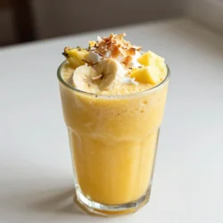 To make a Pineapple Coconut Smoothie, gather these fresh and tasty ingredients: - 1 cup fresh pineapple chunks, frozen for a refreshing chill - 1 ripe banana, peeled - 1/2 cup creamy coconut milk - 1/2 cup plain Greek yogurt for a protein boost - 1 tablespoon honey (or maple syrup for a vegan version) - 1 tablespoon chia seeds for added nutrition - 1/2 teaspoon pure vanilla extract to enhance flavor - A sprinkle of toasted coconut flakes for garnish - Ice cubes (optional, for a super-thick texture) These ingredients work together to create a creamy, tropical delight. The frozen pineapple and banana make it cold and smooth. Coconut milk adds richness, while Greek yogurt gives it a protein punch. Chia seeds bring a health boost, and honey or maple syrup adds sweet notes. Don't forget the toasted coconut flakes on top for a nice crunch! {{ingredient_image_2}} - First, gather all your ingredients. You need fresh pineapple chunks, a ripe banana, coconut milk, Greek yogurt, honey, chia seeds, and vanilla extract. - Next, place the frozen pineapple chunks, banana, coconut milk, Greek yogurt, honey, chia seeds, and vanilla extract into a high-speed blender. - Blend the mixture on high speed. Stop to scrape down the sides if needed. Blend until it is smooth and creamy. - If you want a thicker smoothie, add some ice cubes. Blend again until smooth. - Taste your smoothie. If you want it sweeter, add more honey or maple syrup. Blend again briefly. - Once blended, pour the smoothie into chilled glasses. This keeps it extra refreshing. - To finish, sprinkle toasted coconut flakes on top. This adds a nice crunch and tropical touch. - Enjoy your smoothie right away for the best flavor and texture! To get a creamy texture, start with frozen pineapple chunks. Frozen fruit gives your smoothie a nice chill. Use ripe bananas, as they blend smoothly and add creaminess. If your smoothie is too thin, add ice cubes. Ice makes it super thick and refreshing. You can also add more Greek yogurt for extra body. Blend well until it&rsquo;s smooth. Remember to scrape the blender sides to mix everything. You can customize the sweetness to your liking. Start with one tablespoon of honey or maple syrup. Blend, then taste. If you want it sweeter, add more. For those on a different diet, try using agave syrup or stevia. These options are lower in calories and still sweeten your drink. Adjust the sweetness until it&rsquo;s just right for you! Pro Tips Use Frozen Fruit: Using frozen pineapple not only chills your smoothie but also creates a creamy texture without the need for too much ice. Ripeness Matters: Ensure your banana is perfectly ripe for the best natural sweetness and creaminess in your smoothie. Customize Your Sweetness: Taste your smoothie before serving and adjust the sweetness to your liking; different fruits may vary in sweetness. Garnish for Presentation: Don't skip the toasted coconut flakes; they add a delightful crunch and make your smoothie look more appealing! {{image_4}} You can make your pineapple coconut smoothie even better! Adding greens like spinach or kale gives it a healthy twist. These greens add nutrients without changing the sweet taste. You can also mix in other fruits. Try mango for a tropical vibe or kiwi for a fun tang. Each fruit brings a unique flavor to your drink. If you want to switch things up, use almond or oat milk. These milk options add a nutty flavor. They also make your smoothie dairy-free. You can replace Greek yogurt with dairy-free yogurt to keep it creamy. This way, everyone can enjoy the smoothie, no matter their diet. You can easily freeze some ingredients for your Pineapple Coconut Smoothie. Start by chopping fresh pineapple into chunks. Spread them out on a baking sheet and freeze for a few hours. Once frozen, transfer the chunks into a zip-top bag. This way, you get a chilled smoothie anytime! For bananas, peel and slice them. Place the slices on a baking sheet and freeze. When frozen, move them to a bag. This will keep them fresh and ready for your smoothies. If you have leftover smoothie, it&rsquo;s best to store it in the fridge. Use a covered jar or container. Drink it within one day for the best taste. The shelf life of your smoothie leftovers is short. I recommend consuming them within 24 hours. After that, the flavors and texture may change. If you notice separation, just give it a good shake before enjoying. A Pineapple Coconut Smoothie is packed with nutrition. It has vitamins, minerals, and protein. One serving gives you: - Calories: About 300 - Protein: 10 grams from Greek yogurt - Fiber: 4 grams from chia seeds and banana - Healthy fats: From coconut milk and chia seeds This smoothie is a great snack or meal replacement. Yes, you can easily make this smoothie vegan. Just swap Greek yogurt for a plant-based yogurt. Use maple syrup instead of honey. This way, you keep all the yummy flavors while making it vegan-friendly. If you want a thicker smoothie, add ice cubes. You can also use frozen banana instead of a fresh one. This will create a nice, creamy texture. Just blend well until it&rsquo;s smooth. Many fruits mix well with pineapple and coconut. Here are some tasty options: - Mango for a tropical twist - Kiwi for a tangy kick - Strawberries for sweetness - Spinach for added nutrients, without changing the taste Mix and match to find your favorite flavor combo! This article covered how to make a tasty Pineapple Coconut Smoothie. We discussed the best ingredients, like fresh pineapple, creamy coconut milk, and Greek yogurt. I shared steps for blending your smoothie just right and offered tips on achieving the perfect thickness. You can also add your favorite greens or try different fruits for variety. Lastly, we explored how to store leftovers for later. Enjoy your smoothie and get creative with flavors!