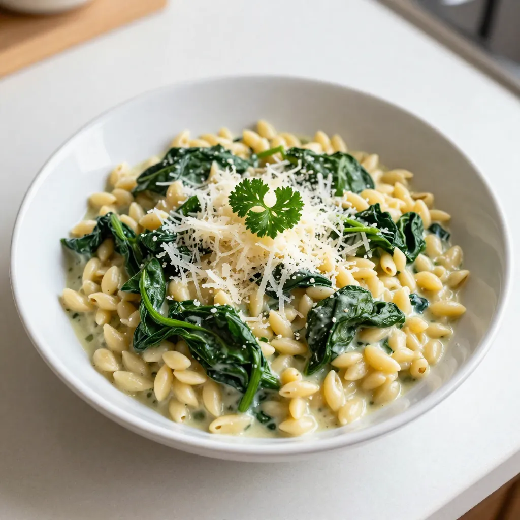 - 1 cup orzo pasta - 2 cups fresh spinach, roughly chopped - 1 cup vegetable broth (low-sodium recommended) - 1 cup heavy cream - 1 cup freshly grated Parmesan cheese - 2 cloves garlic, minced - 1 tablespoon extra virgin olive oil - 1 teaspoon onion powder - Salt and freshly ground black pepper to taste - Optional: Fresh parsley, chopped for garnish You can swap orzo with other small pasta like ditalini or couscous. For a lighter dish, use half-and-half instead of heavy cream. If you want a dairy-free option, try a plant-based cream and nutritional yeast instead of Parmesan. You can also use frozen spinach if fresh isn't available. Just thaw and drain it before adding. To make this dish, you will need: - Medium-sized pot for boiling water - Large skillet for sautéing - Wooden spoon for mixing - Measuring cups for ingredients - Knife and cutting board for chopping These tools help you cook efficiently and keep things neat while you create your delicious meal. {{ingredient_image_2}} First, grab a medium pot. Fill it with salted water and bring it to a boil. Add the orzo and cook it according to the package instructions. You want the orzo to be al dente, which means it should still have a bit of bite. After it cooks, drain the orzo well. Make sure to shake off any extra water. Set it aside for later. Next, take a large skillet and heat some extra virgin olive oil over medium heat. Once the oil is hot, add the minced garlic. Cook it for about one minute while stirring. You want it to smell great but not burn. After the garlic is fragrant, add the chopped spinach. Cook the spinach for 2-3 minutes until it wilts and turns bright green. Now, slowly pour in the vegetable broth and heavy cream into the skillet. Stir well to combine everything. Bring this mix to a gentle simmer. This step warms everything through and helps the flavors mix well. Time to bring it all together! Add the drained orzo into the skillet with the creamy sauce. Mix it well. Next, add the grated Parmesan cheese and onion powder. Season with salt and freshly ground black pepper to taste. Give it a good stir and let it cook for another 2-3 minutes. This helps the sauce thicken and coat the orzo beautifully. Adjust seasoning to your liking, and enjoy! - Use fresh spinach for the best taste. - Cook orzo until al dente for the right texture. - Stir often to keep the orzo from sticking. Cooking in one pot makes cleanup easy. It also helps the flavors mix well. Finish cooking just until the sauce thickens. This keeps the orzo creamy and rich. - Add a squeeze of lemon for brightness. - Try fresh herbs like basil or thyme. - Use garlic powder if fresh garlic is not available. A touch of nutmeg adds warmth to the cream. You can also play with seasoning. Just remember to adjust salt and pepper to taste. - Serve in shallow bowls for a nice look. - Top with extra Parmesan for a cheesy kick. - Pair with crusty bread to soak up the sauce. For a pop of color, add chopped parsley on top. This dish is great for lunch or dinner. It also makes a wonderful side for grilled meats or fish. Pro Tips Use Fresh Ingredients: For the best flavor and nutrition, always opt for fresh spinach and high-quality Parmesan cheese. Fresh ingredients can significantly enhance the overall taste of the dish. Perfectly Cooked Orzo: Make sure to cook the orzo al dente. This ensures that it retains some bite and doesn't become mushy when mixed with the creamy sauce. Adjust Creaminess: If you prefer a lighter version, you can replace some of the heavy cream with additional vegetable broth. This will maintain the flavor while reducing the richness. Garnish for Flair: Don’t skip the garnish! Chopped parsley not only adds color but also a fresh taste that balances the creaminess of the dish. {{image_4}} You can easily add protein to this dish. Chicken or shrimp works great. For chicken, use diced, cooked pieces, and stir them in before serving. If you prefer shrimp, add it when you sauté the garlic. Cook until they turn pink. This adds flavor and makes your meal heartier. If you want a vegetarian option, skip the meat. You can add more veggies instead. Try bell peppers, mushrooms, or zucchini. These vegetables add great taste and color. You can also use different greens like kale or Swiss chard. They pair well with the creamy sauce and offer more nutrients. To change the flavor, add herbs or spices. Basil, thyme, or oregano can boost the taste. Fresh herbs work best, but dried ones are fine too. You could also sprinkle in red pepper flakes for a little heat. Experiment with your favorites to make this dish your own! You can store leftovers in an airtight container. Make sure the orzo is cool before sealing. It will stay fresh for about 3 to 4 days in the fridge. When ready to enjoy, check for any signs of spoilage first. If you want to freeze the orzo, use a freezer-safe container. Portion it out to make it easier to thaw. It can last for up to 3 months in the freezer. When ready to eat, thaw it in the fridge overnight. To reheat, you can use the stovetop or microwave. Add a splash of water or broth to keep it creamy. Heat gently on low to avoid sticking. Stir often until it's warmed through. Enjoy your creamy orzo just like the first time! Orzo is a small type of pasta that looks like rice. It cooks quickly and absorbs flavors well. You can use it in soups, salads, or as a side dish. It makes a great base for creamy dishes like Creamy Spinach Parmesan Orzo. Yes, you can make this dish dairy-free. Use coconut cream instead of heavy cream. For cheese, try a plant-based Parmesan or nutritional yeast. This keeps the flavors rich while being safe for dairy-free diets. Cook orzo until it is al dente, which means it should be tender but still firm to the bite. Check the package for cooking times, usually about 8 to 10 minutes. After cooking, taste a piece to ensure it is just right. You can serve this orzo with a fresh salad or grilled vegetables. A piece of crusty bread pairs well to soak up the creamy sauce. For protein, add grilled shrimp or chicken for a complete meal. This blog post covered the key steps to make creamy spinach Parmesan orzo. We explored the ingredients needed, possible substitutes, and the tools that help in cooking. I shared step-by-step instructions to guide you through the process. We also discussed tips to enhance flavor, variations with proteins, and vegetarian options. Remember, cooking is about enjoying the journey. Try new flavors and share your creations with others! Your dish can shine in many ways, so don’t be afraid to experiment. Enjoy your creamy orzo!