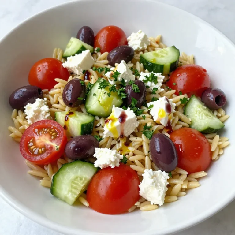 To make a tasty Greek orzo pasta salad, you need the following ingredients: - 1 cup orzo pasta - 1 cup cherry tomatoes, halved - 1 cucumber, diced into small pieces - 1/2 red onion, finely chopped - 1/2 cup Kalamata olives, pitted and sliced - 1/2 cup feta cheese, crumbled - 1/4 cup fresh parsley, roughly chopped - 3 tablespoons extra virgin olive oil - 2 tablespoons red wine vinegar (or fresh lemon juice) - 1 teaspoon dried oregano - Salt and freshly cracked black pepper, to taste You can boost flavor with these options: - Fresh lemon zest for a citrus kick - Chopped bell peppers for crunch - Artichoke hearts for a Mediterranean twist - A pinch of red pepper flakes for heat This salad is not just delicious; it’s nutritious too! Here’s what you can expect per serving (about 1 cup): - Calories: 250 - Protein: 6g - Carbohydrates: 30g - Fat: 12g - Fiber: 3g - Sugars: 2g This salad is vibrant and full of healthy ingredients. It’s perfect for lunch or a side at dinner. {{ingredient_image_2}} To start, grab a big pot and fill it with water. Add a pinch of salt for taste. Bring the water to a rolling boil. Once it bubbles, add 1 cup of orzo pasta. Cook it for about 8 to 10 minutes. You want it to be al dente, which means firm but not hard. After cooking, drain the pasta and rinse it under cold water. This stops the cooking and cools it down. In a large mixing bowl, combine the cooled orzo with the other ingredients. Add 1 cup of halved cherry tomatoes, 1 diced cucumber, and 1/2 finely chopped red onion. Next, toss in 1/2 cup of sliced Kalamata olives and 1/2 cup of crumbled feta cheese. Mix gently. Be careful not to break the feta, as you want those nice chunks. In a small bowl, whisk together the dressing. Use 3 tablespoons of extra virgin olive oil and 2 tablespoons of red wine vinegar. If you prefer, you can use fresh lemon juice instead of vinegar. Add 1 teaspoon of dried oregano, plus a pinch of salt and pepper. This dressing gives the salad a zesty flavor. Now, pour the dressing over the orzo mix. Toss everything together gently. Use a folding motion to keep the ingredients intact. Just before serving, fold in 1/4 cup of roughly chopped fresh parsley. Taste the salad and adjust the seasoning with extra salt and pepper, if needed. For the best flavor, cover the salad and chill it in the fridge for at least 30 minutes. This lets all the flavors blend. When ready to serve, present the salad in a large bowl. You can garnish it with more parsley and a sprinkle of feta for a beautiful touch. Enjoy! To cook orzo just right, start with a big pot. Fill it with water and add a nice pinch of salt. Bring it to a rolling boil. Once the water is boiling, add 1 cup of orzo pasta. Cook it for about 8 to 10 minutes. You want it to be al dente, so it has a slight bite. After cooking, drain the orzo and rinse it under cold water. This cools it down and stops the cooking process. When cutting vegetables, keep your tools sharp. A sharp knife makes clean cuts. For cherry tomatoes, cut them in half. This helps release their juice. For cucumbers, dice them into small pieces for even bites. A finely chopped red onion adds flavor without overpowering. Always be careful and use a cutting board. This keeps your work area safe and clean. To boost the flavors in your salad, use a zesty dressing. Whisk together 3 tablespoons of extra virgin olive oil and 2 tablespoons of red wine vinegar. You can swap the vinegar for fresh lemon juice for a bright taste. Add 1 teaspoon of dried oregano for an aromatic touch. Don’t forget to season with salt and freshly cracked black pepper. This simple dressing ties all the flavors together in your Greek orzo pasta salad. Pro Tips Cook Orzo to Perfection: Ensure you cook the orzo until it is al dente, as it will continue to absorb flavors and moisture from the dressing once mixed. Use Fresh Ingredients: Fresh vegetables and herbs elevate the dish, so opt for the ripest cherry tomatoes and crisp cucumbers for the best flavor. Customize Your Dressing: Feel free to experiment with different herbs or add a dash of garlic powder to the dressing for an extra flavor kick. Chill for Best Flavor: Refrigerating the salad for at least 30 minutes allows the flavors to meld, making every bite more delicious. {{image_4}} You can boost your Greek orzo pasta salad with protein. Cooked chicken or shrimp makes it heartier. Grilled chicken adds a nice smoky flavor. Shrimp cooks quickly and brings a sweet taste. Just chop the protein into bite-sized pieces. Mix it right into the salad. If you're looking for vegetarian options, add chickpeas or black beans. They add protein and fiber. For a vegan twist, skip the feta cheese or use a vegan substitute. Nutritional yeast can give a cheesy flavor without dairy. Fresh herbs like basil or mint can also brighten your salad. Make this salad even more exciting with seasonal swaps. In summer, toss in fresh bell peppers or ripe avocados. In fall, try diced butternut squash or roasted sweet potatoes. Seasonal veggies keep your salad fresh and vibrant all year. Just remember to cut them small so they blend well. Store your Greek Orzo Pasta Salad in an airtight container. This keeps it fresh and tasty. Make sure to let the salad cool before sealing it. If you have extra dressing, keep it separate. This will keep the salad from getting soggy. When ready to eat, drizzle the dressing on top. In the fridge, your Greek Orzo Pasta Salad lasts about 3 to 5 days. Keep it in the airtight container for best results. Check for any signs of spoilage, like odor or color changes. If it looks or smells off, it’s best to toss it out. Freezing orzo salad is not ideal. The texture of the vegetables and feta may change. If you want to freeze it, use a freezer-safe container. The salad can last about 2 months. To eat, thaw it in the fridge overnight. Add fresh herbs and dressing before serving to boost flavor. Orzo pasta is a small, rice-shaped pasta. It is made from durum wheat semolina. This gives it a firm texture and a nice bite. You can find orzo in many stores, often in the pasta aisle. It cooks quickly, making it perfect for salads like Greek orzo pasta salad. Yes! You can use many types of cheese in this salad. Feta is traditional, but you could try ricotta or mozzarella. Goat cheese also works well and adds a creamy texture. Just remember to crumble or dice the cheese before adding it to the salad. To make a gluten-free version, use gluten-free orzo pasta. Many brands offer this option made from rice or quinoa. Follow the same cooking steps. The rest of the ingredients, like vegetables and dressing, are often gluten-free too. Always check labels to be sure. Absolutely! In fact, making Greek orzo pasta salad ahead of time helps the flavors blend. You can prepare it a day in advance. Just store it in the fridge in an airtight container. Give it a quick stir before serving to refresh the flavors. This salad pairs well with many dishes. It makes a great side for grilled meats, like chicken or lamb. You can also serve it with fish or a nice vegetable platter. It’s perfect for summer picnics or potlucks. Enjoy it as a light lunch on its own, too! Greek Orzo Pasta Salad combines fresh ingredients, tasty dressing, and easy steps. We explored essential and optional ingredients to suit your taste. You learned to cook orzo and mix the salad with herbs. Tips helped you cook perfectly and slice veggies safely. You can even customize it with proteins or seasonal swaps. In closing, this salad is versatile, fun, and good for you. Enjoy making it your way and sharing with friends. Dive into this delicious dish and watch it become a favorite!