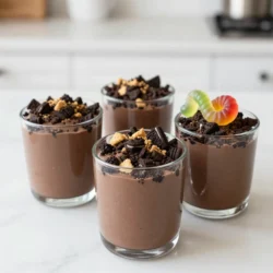 - 1 package (18 oz) Oreo cookies - 1/2 cup unsalted butter, melted - 1 package (8 oz) cream cheese, softened - 1 cup powdered sugar - 1 cup whipped topping (like Cool Whip) - 2 cups milk - 1 package (3.9 oz) instant chocolate pudding mix - Gummy worms (for garnish) - Edible soil or crushed graham crackers (for topping) If you have allergies or need swaps, here are some ideas: - Use gluten-free Oreos for a gluten-free option. - Swap cream cheese with non-dairy cream cheese if needed. - Instead of Cool Whip, you can use homemade whipped cream. - You can replace the chocolate pudding mix with vanilla for a twist. Want to make your pudding cups even more fun? Try these: - Add a splash of vanilla extract to the cream cheese mix. - Mix in some peanut butter for a rich taste. - Add mini chocolate chips for extra texture and sweetness. - Use crushed nuts or sprinkles to add crunch and color. These ingredients and options make your Oreo Dirt Pudding Cups fun and flexible. You can create a treat that matches your taste and needs. Enjoy crafting this simple dessert! {{ingredient_image_2}} To start, you need to crush the Oreo cookies. You can use a food processor for this. Just pulse until they turn into fine crumbs. If you don&rsquo;t have a food processor, grab a zip-top bag. Place the cookies inside and seal it. Use a rolling pin to crush them into crumbs. This method is fun and hands-on. Next, you will make the cream cheese base. In a medium bowl, mix the crushed Oreos with melted butter. Stir until it looks like wet sand. Set aside one cup of this mixture for later. In a large bowl, beat the softened cream cheese with an electric mixer. Add powdered sugar slowly. Mix until smooth and creamy. This step gives your dessert a sweet base. Now it's time to layer the pudding cups. Start with your serving cups. Add a layer of the Oreo crust at the bottom. Then, spoon in a layer of the chocolate pudding mixture. Repeat these layers until the cups are full. End with a layer of pudding on top. Finally, sprinkle the reserved Oreo crust on each cup. For extra fun, add crushed graham crackers on top. Place gummy worms sticking out for a dirt effect. Your Oreo Dirt Pudding Cups will look amazing and taste even better! Crushing Oreos is easy and fun! You can use two main methods: - Food Processor: Just add cookies and pulse until you get fine crumbs. - Zip-Top Bag and Rolling Pin: Place Oreos in a bag and roll over them. This is great for kids! Both methods work well, but I love the hands-on approach. It makes the process feel more special. The key to a creamy texture is all in the mixing. Start with softened cream cheese. If it is too cold, it won't blend well. Here&rsquo;s how to get it right: - Beat Cream Cheese: Use an electric mixer to whip it until smooth. - Add Powdered Sugar Gradually: This helps avoid lumps. Mix on low speed to keep it fluffy. - Fold in Whipped Topping: Gently fold it in. Over-mixing can make it dense. This careful mixing gives you a light, creamy filling that pairs perfectly with the Oreo crust. Make your Oreo Dirt Pudding Cups look as good as they taste! Here are some fun ideas: - Clear Glasses: Use clear cups to show off those tasty layers. - Playful Toppings: Add gummy worms on top for a fun touch. - Edible Soil: Sprinkle crushed graham crackers for a realistic dirt look. These simple tweaks will wow your friends and family, making dessert even more exciting! Pro Tips Crushing Oreos: For a finer texture, try using a food processor. If you prefer a more hands-on approach, use a rolling pin on a zip-top bag for a fun activity! Chill Time: Allow the assembled cups to chill for at least 2 hours. This helps the layers set properly, enhancing both flavor and texture. Layering Technique: When layering, press each layer down gently. This ensures the layers stay distinct and beautiful when served. Garnish Wisely: Use different toppings like crushed graham crackers or edible soil to create visual interest and a variety of textures! {{image_4}} You can easily switch up the flavor of your Oreo Dirt Pudding Cups. For a peanut butter twist, mix in half a cup of peanut butter into the cream cheese mixture. This adds a rich, nutty taste. If you prefer mint, use mint-flavored Oreo cookies. You can also add a drop of mint extract to the pudding or cream cheese mix for a refreshing zing. If you want to make a gluten-free version, use gluten-free Oreo cookies. These cookies have a similar taste and texture, so you won&rsquo;t miss out. Make sure to check other ingredients, like the pudding mix and whipped topping, to ensure they are also gluten-free. Kids love to get creative, so let them help with the toppings! You can add colorful sprinkles for fun. Mini chocolate chips can add a crunch, too. You can even use gummy insects instead of gummy worms for a spooky twist. These fun additions can make the dessert even more exciting for young ones. To keep your Oreo Dirt Pudding Cups fresh, place them in the fridge. Use an airtight container or cover each cup with plastic wrap. This method helps maintain their creamy texture and flavor. If you have extra pudding mix, store it in a separate container. Oreo Dirt Pudding Cups last about 3 to 5 days in the fridge. After this time, the layers may lose their texture. Always check for any signs of spoilage before serving. If they look or smell off, it&rsquo;s best to toss them. You can freeze Oreo Dirt Pudding Cups, but some textures may change. To freeze, cover them tightly with plastic wrap or foil. They will stay good for about 2 months. When ready to eat, thaw them overnight in the fridge. Avoid refreezing after thawing to keep the best taste. Yes, you can make Oreo Dirt Pudding Cups ahead of time. I recommend making them a day before. This lets the flavors blend well. Just keep them covered in the fridge until serving. They will taste even better after chilling overnight! If you don&rsquo;t have Cool Whip, you can use whipped cream. Just whip heavy cream until soft peaks form. You can also use store-bought whipped cream. Another option is to make your own by mixing cream cheese with a little milk and sugar. Chill the pudding cups for at least 2 hours. This helps the layers set nicely. If you can wait longer, it&rsquo;s even better. Chilling makes the dessert rich and creamy, enhancing the taste and texture. Enjoy your delicious treat! Oreo Dirt Pudding Cups are a fun and tasty treat. We covered the essential ingredients, including tasty substitutions and add-ins. I shared easy, step-by-step instructions for creating the cups, from crushing Oreos to layering the pudding. You learned useful tips for texture and presentation, along with delicious flavor variations. Don't forget how to store leftovers properly. Overall, these cups are perfect for gatherings or just a fun dessert. Enjoy making them your way!