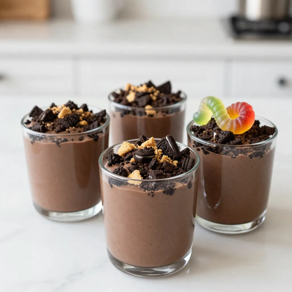 - 1 package (18 oz) Oreo cookies - 1/2 cup unsalted butter, melted - 1 package (8 oz) cream cheese, softened - 1 cup powdered sugar - 1 cup whipped topping (like Cool Whip) - 2 cups milk - 1 package (3.9 oz) instant chocolate pudding mix - Gummy worms (for garnish) - Edible soil or crushed graham crackers (for topping) If you have allergies or need swaps, here are some ideas: - Use gluten-free Oreos for a gluten-free option. - Swap cream cheese with non-dairy cream cheese if needed. - Instead of Cool Whip, you can use homemade whipped cream. - You can replace the chocolate pudding mix with vanilla for a twist. Want to make your pudding cups even more fun? Try these: - Add a splash of vanilla extract to the cream cheese mix. - Mix in some peanut butter for a rich taste. - Add mini chocolate chips for extra texture and sweetness. - Use crushed nuts or sprinkles to add crunch and color. These ingredients and options make your Oreo Dirt Pudding Cups fun and flexible. You can create a treat that matches your taste and needs. Enjoy crafting this simple dessert! {{ingredient_image_2}} To start, you need to crush the Oreo cookies. You can use a food processor for this. Just pulse until they turn into fine crumbs. If you don’t have a food processor, grab a zip-top bag. Place the cookies inside and seal it. Use a rolling pin to crush them into crumbs. This method is fun and hands-on. Next, you will make the cream cheese base. In a medium bowl, mix the crushed Oreos with melted butter. Stir until it looks like wet sand. Set aside one cup of this mixture for later. In a large bowl, beat the softened cream cheese with an electric mixer. Add powdered sugar slowly. Mix until smooth and creamy. This step gives your dessert a sweet base. Now it's time to layer the pudding cups. Start with your serving cups. Add a layer of the Oreo crust at the bottom. Then, spoon in a layer of the chocolate pudding mixture. Repeat these layers until the cups are full. End with a layer of pudding on top. Finally, sprinkle the reserved Oreo crust on each cup. For extra fun, add crushed graham crackers on top. Place gummy worms sticking out for a dirt effect. Your Oreo Dirt Pudding Cups will look amazing and taste even better! Crushing Oreos is easy and fun! You can use two main methods: - Food Processor: Just add cookies and pulse until you get fine crumbs. - Zip-Top Bag and Rolling Pin: Place Oreos in a bag and roll over them. This is great for kids! Both methods work well, but I love the hands-on approach. It makes the process feel more special. The key to a creamy texture is all in the mixing. Start with softened cream cheese. If it is too cold, it won't blend well. Here’s how to get it right: - Beat Cream Cheese: Use an electric mixer to whip it until smooth. - Add Powdered Sugar Gradually: This helps avoid lumps. Mix on low speed to keep it fluffy. - Fold in Whipped Topping: Gently fold it in. Over-mixing can make it dense. This careful mixing gives you a light, creamy filling that pairs perfectly with the Oreo crust. Make your Oreo Dirt Pudding Cups look as good as they taste! Here are some fun ideas: - Clear Glasses: Use clear cups to show off those tasty layers. - Playful Toppings: Add gummy worms on top for a fun touch. - Edible Soil: Sprinkle crushed graham crackers for a realistic dirt look. These simple tweaks will wow your friends and family, making dessert even more exciting! Pro Tips Crushing Oreos: For a finer texture, try using a food processor. If you prefer a more hands-on approach, use a rolling pin on a zip-top bag for a fun activity! Chill Time: Allow the assembled cups to chill for at least 2 hours. This helps the layers set properly, enhancing both flavor and texture. Layering Technique: When layering, press each layer down gently. This ensures the layers stay distinct and beautiful when served. Garnish Wisely: Use different toppings like crushed graham crackers or edible soil to create visual interest and a variety of textures! {{image_4}} You can easily switch up the flavor of your Oreo Dirt Pudding Cups. For a peanut butter twist, mix in half a cup of peanut butter into the cream cheese mixture. This adds a rich, nutty taste. If you prefer mint, use mint-flavored Oreo cookies. You can also add a drop of mint extract to the pudding or cream cheese mix for a refreshing zing. If you want to make a gluten-free version, use gluten-free Oreo cookies. These cookies have a similar taste and texture, so you won’t miss out. Make sure to check other ingredients, like the pudding mix and whipped topping, to ensure they are also gluten-free. Kids love to get creative, so let them help with the toppings! You can add colorful sprinkles for fun. Mini chocolate chips can add a crunch, too. You can even use gummy insects instead of gummy worms for a spooky twist. These fun additions can make the dessert even more exciting for young ones. To keep your Oreo Dirt Pudding Cups fresh, place them in the fridge. Use an airtight container or cover each cup with plastic wrap. This method helps maintain their creamy texture and flavor. If you have extra pudding mix, store it in a separate container. Oreo Dirt Pudding Cups last about 3 to 5 days in the fridge. After this time, the layers may lose their texture. Always check for any signs of spoilage before serving. If they look or smell off, it’s best to toss them. You can freeze Oreo Dirt Pudding Cups, but some textures may change. To freeze, cover them tightly with plastic wrap or foil. They will stay good for about 2 months. When ready to eat, thaw them overnight in the fridge. Avoid refreezing after thawing to keep the best taste. Yes, you can make Oreo Dirt Pudding Cups ahead of time. I recommend making them a day before. This lets the flavors blend well. Just keep them covered in the fridge until serving. They will taste even better after chilling overnight! If you don’t have Cool Whip, you can use whipped cream. Just whip heavy cream until soft peaks form. You can also use store-bought whipped cream. Another option is to make your own by mixing cream cheese with a little milk and sugar. Chill the pudding cups for at least 2 hours. This helps the layers set nicely. If you can wait longer, it’s even better. Chilling makes the dessert rich and creamy, enhancing the taste and texture. Enjoy your delicious treat! Oreo Dirt Pudding Cups are a fun and tasty treat. We covered the essential ingredients, including tasty substitutions and add-ins. I shared easy, step-by-step instructions for creating the cups, from crushing Oreos to layering the pudding. You learned useful tips for texture and presentation, along with delicious flavor variations. Don't forget how to store leftovers properly. Overall, these cups are perfect for gatherings or just a fun dessert. Enjoy making them your way!
