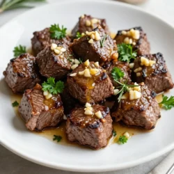- 1 lb sirloin steak, cut into 1-inch cubes - 4 tablespoons unsalted butter, divided - 4 cloves garlic, minced - 1 tablespoon fresh rosemary, finely chopped - 1 teaspoon smoked paprika - Salt and freshly ground black pepper to taste - Fresh parsley, chopped (for garnish) The best steak for garlic butter steak bites is sirloin. It has a nice balance of flavor and tenderness. You can also use ribeye or tenderloin for a richer taste. If you want a budget-friendly option, flank steak works too. Just remember, the cut you choose affects the taste and texture. Fresh herbs and spices make a big difference in your dish. Use bright green rosemary for the best flavor. When it comes to butter, always choose unsalted. This lets you control the salt in your dish better. Always check the color and smell of your butter. Fresh butter should smell sweet and creamy. {{ingredient_image_2}} To season steak well, you need salt, black pepper, and smoked paprika. Start by placing the steak cubes in a bowl. Sprinkle a good amount of salt and pepper over them. Then, add smoked paprika for a nice kick. Toss everything together, so each piece gets coated. This step is key for maximum flavor. It helps the steak taste great when cooked. For a perfect sear, use a hot skillet. Heat it over medium-high heat. Add two tablespoons of unsalted butter. Wait for the butter to melt and bubble. When the butter is ready, carefully place the seasoned steak cubes in the skillet. Do not crowd the pan. If needed, cook in batches. Cook the steak bites for about 2-3 minutes on one side. Avoid moving them during this time; this helps create a nice crust. After 2-3 minutes, flip them over. Cook for another 2-3 minutes. Check for your desired doneness. For medium-rare, aim for an internal temperature of 135&deg;F. Making garlic butter sauce is easy. After removing the steak bites, keep the skillet on the heat. Add the remaining two tablespoons of butter. Let it melt. Next, add minced garlic and chopped rosemary. Stir gently for 1-2 minutes. Be careful not to burn the garlic. If it turns brown, it will taste bitter. The goal is to make it fragrant. Once the garlic is ready, return the cooked steak bites to the skillet. Toss them in the garlic butter sauce for a minute. This coats the steak with rich flavors. Now you have a delicious garlic butter steak bite ready to serve! To cook steak perfectly, you need to know the right temperatures. - Rare: 125&deg;F - Medium-rare: 135&deg;F - Medium: 145&deg;F - Medium-well: 150&deg;F - Well-done: 160&deg;F Common mistakes include overcrowding the pan, which leads to steaming instead of searing. Always use high heat to get a nice crust. Let the steak rest for a few minutes after cooking. This helps the juices redistribute. To boost the flavor, consider adding more herbs. Thyme and oregano work well with garlic butter. You can also try mixing in crushed red pepper for a bit of heat. For deeper garlic butter flavor, use brown butter. Simply cook the butter until it turns a light brown before adding garlic. This adds a nutty taste that pairs well with steak. Pair your steak bites with sides like roasted vegetables or a fresh salad. Garlic bread is also a great choice. For plating, stack the steak bites on top of each other. Drizzle the garlic butter sauce over them. Add a sprinkle of parsley for a pop of color. This makes your dish look as good as it tastes! Pro Tips Choose the Right Cut: For the best flavor and tenderness, use sirloin or ribeye steak, as these cuts sear beautifully and remain juicy. Let the Steak Rest: After cooking, allow the steak bites to rest for a few minutes before serving. This helps the juices redistribute, making each bite more flavorful. Customize Your Herbs: Feel free to experiment with different herbs like thyme or oregano for varied flavors. Fresh herbs can elevate the dish in unexpected ways! Monitor Heat Levels: Keep an eye on the skillet&rsquo;s heat. Too high can burn the butter and garlic, while too low can lead to a lackluster sear on the steak. {{image_4}} You can cook garlic butter steak bites in many ways. An air fryer works great for quick and easy bites. Simply season the steak as you would. Place it in the air fryer basket in a single layer. Cook at 400&deg;F for about 8-10 minutes. Shake the basket halfway through for even cooking. Grilling adds a nice smoky flavor to the steak bites. Preheat your grill to medium-high heat. Use skewers to hold the steak cubes if you like. Grill the bites for about 2-3 minutes on each side. This method gives a nice char and taste you will love. If you are looking for gluten-free options, this recipe fits the bill. All the ingredients are naturally gluten-free. Just check any sauces you might add. For low-carb variations, skip any bread or starchy sides. Serve the steak bites with a fresh salad instead for a great meal. You can easily add different sauces or marinades to change the flavor. Try teriyaki or barbecue sauce for a sweet twist. For spice, consider adding some chili powder or cumin to the mix. These additions can give your steak a whole new taste. You can also mix in different herbs like thyme or cilantro. Each option can create a unique and tasty bite! To keep your garlic butter steak bites fresh, place them in an airtight container. Make sure they cool down first. Store them in the fridge for up to three days. This helps maintain their flavor and texture. When you want to enjoy your leftover steak bites, reheat them gently. The best method is to use a skillet. Heat it on low and add a touch of butter. This keeps the steak moist. Cook until warm, stirring often to avoid burning. You can also use a microwave, but cover the dish to keep moisture in. If you want to save steak bites for later, freezing is a great option. First, let them cool completely. Then, place them in a freezer-safe bag. Squeeze out the air before sealing. They can last up to three months in the freezer. When ready to eat, thaw in the fridge overnight and reheat as mentioned above. For steak bites, sirloin is my top choice. It has great flavor and tenderness. You can also use ribeye for a richer taste. If you want something leaner, filet mignon works well too. Each cut has its unique taste, so pick what you like best. Yes, you can use frozen steak, but fresh is better. Frozen steak may lose some juices. If using frozen, let it thaw in the fridge overnight. Pat it dry to remove excess moisture. This helps you get a good sear. To check doneness, use a meat thermometer. For medium-rare, aim for 130&deg;F (54&deg;C). Medium steak should be about 145&deg;F (63&deg;C). If you don't have a thermometer, cut one open to see if it's pink inside. Cook longer if you prefer it well done. This blog post covered the best ingredients, cooking methods, and tips for delicious steak bites. Choosing quality steak and fresh herbs is key to great flavor. I shared step-by-step instructions for perfect cooking. Remember to avoid common mistakes and try different methods to enhance your meals. With these insights, you can prepare mouth-watering steak bites every time. Enjoy experimenting with flavors and methods, and happy cooking!