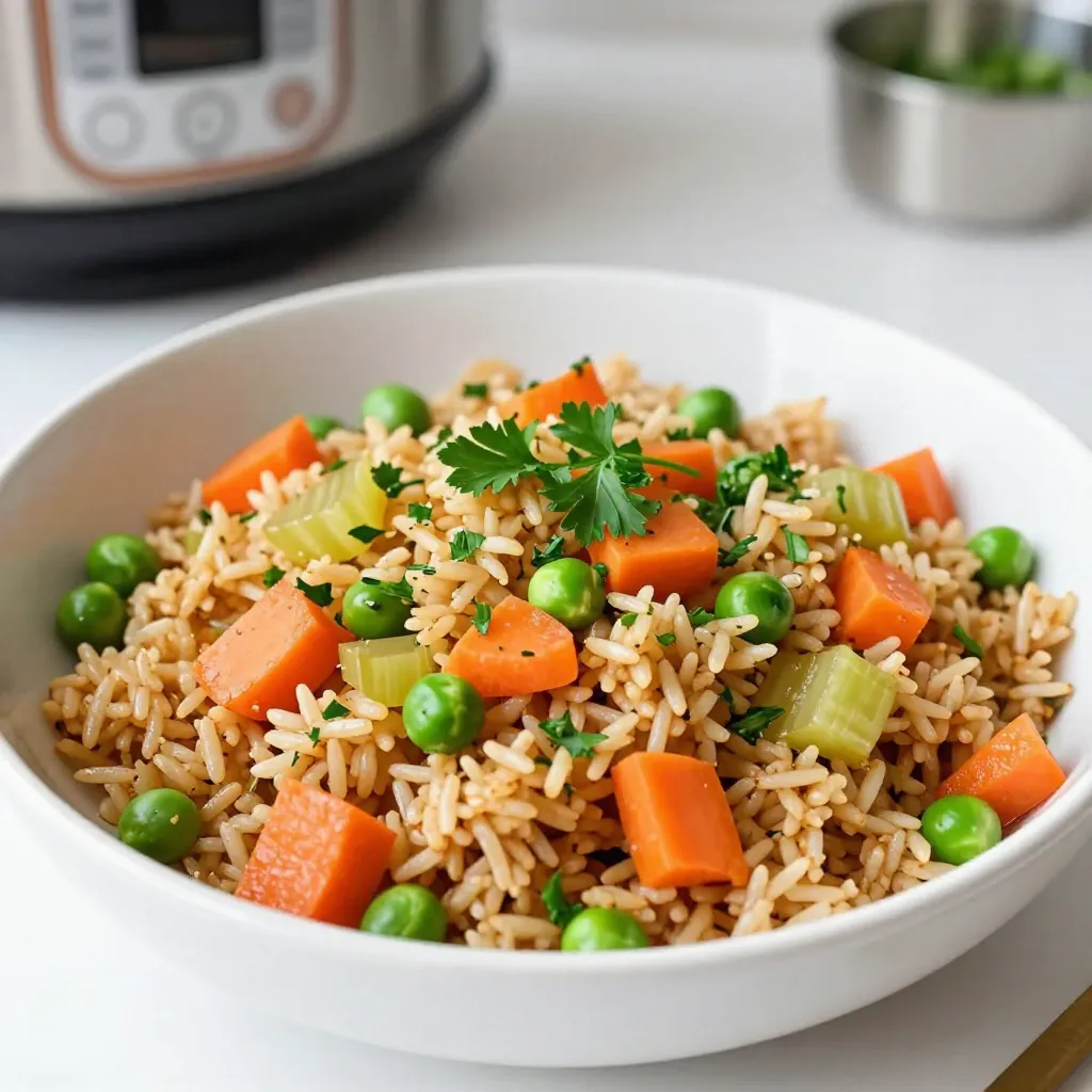 - 2 cups brown rice - 4 cups vegetable broth (or water) - 1 small onion, finely chopped - 2 cloves garlic, minced - 1 diced carrot - 1 diced celery stalk - 1 cup frozen peas - 2 tablespoons olive oil - 1 teaspoon ground cumin - 1 teaspoon turmeric - 1 teaspoon salt - 1/2 teaspoon black pepper - Fresh parsley, chopped (for garnish) Gathering the right ingredients is key for this dish. Brown rice serves as the hearty base. I love its nutty flavor and chewy texture. Vegetable broth adds depth, but you can use water if needed. The onion and garlic bring a wonderful aroma to the mix. Next, I add diced carrots and celery for crunch and sweetness. Frozen peas add color and a pop of taste. The seasonings elevate the dish. Olive oil keeps it moist and rich. Ground cumin and turmeric bring warmth and beautiful color. Salt and black pepper ensure balance, while fresh parsley adds a bright finish. Each ingredient plays a role in making this pilaf flavorful and filling. You can easily adjust the amounts based on your taste or what you have on hand. Enjoy making this simple, yet delicious dish! {{ingredient_image_2}} Start by rinsing the brown rice under cold water. This step is key. It removes extra starch. Without rinsing, the rice can turn gummy. Drain the rice well and set it aside. Next, set your Instant Pot to sauté mode. Add two tablespoons of olive oil. Once the oil is hot, toss in one small onion, finely chopped, and two cloves of minced garlic. Sauté for about three to four minutes. Stir until the onion turns soft and clear. Now, it’s time to add some color and crunch. Incorporate one diced carrot and one diced celery stalk into the pot. Continue to stir for another three to four minutes. The vegetables should soften nicely. Then, sprinkle in one teaspoon of ground cumin, one teaspoon of turmeric, one teaspoon of salt, and half a teaspoon of black pepper. Toast the spices for about one minute. This step boosts their flavors. Mix in the rinsed brown rice with the sautéed vegetables and spices. Stir well to combine everything. Then, pour in four cups of vegetable broth or water. Make sure the rice is well mixed with the liquid. Close the Instant Pot lid tightly. Set the valve to sealing. Cook on manual high pressure for 22 minutes. Once done, let the pot release pressure naturally for 10 minutes. After that, switch the valve to venting to release any remaining steam. After opening the lid, fold in one cup of frozen peas. Stir gently to mix them in. Let the pilaf sit for about five minutes. This warms the peas and makes them tender. Finally, fluff the rice with a fork before serving. This helps separate the grains for a perfect dish. To avoid gummy rice, rinse the brown rice well before cooking. Rinsing removes excess starch. This step is key for fluffy rice. Drain the rice thoroughly and set it aside. You can elevate the taste with extra spices. Try adding paprika or cayenne for a kick. Fresh herbs like thyme or rosemary also work great. Pair your pilaf with vegetables like bell peppers or zucchini. These add color and nutrition to your dish. If you switch to other types of rice, adjust the cooking time. White rice cooks faster, so reduce the time by about 10 minutes. At high altitudes, increase the cooking time by a few minutes for best results. Pro Tips Rinse Your Rice: Thoroughly rinse the brown rice before cooking to remove excess starch, which helps achieve a non-gummy texture. Sauté for Flavor: Don't skip the sautéing step! It enhances the flavors of the aromatics and spices, giving your pilaf a rich taste. Natural Pressure Release: Allowing the Instant Pot to naturally release pressure for 10 minutes helps the rice finish cooking and makes it fluffier. Garnish for Freshness: Adding freshly chopped parsley not only brightens the dish visually but also adds a burst of fresh flavor to the pilaf. {{image_4}} You can easily add protein to make this dish heartier. Here are some options: - Chicken: Cook diced chicken thighs or breasts in the Instant Pot before adding rice. Use the sauté mode first, then add the rice and broth. - Shrimp: Add shrimp in the last few minutes of cooking. They cook quickly and bring a nice flavor. - Tofu: For a vegetarian option, use firm tofu. Cube it and sauté it along with the onions and garlic. This adds texture and protein. If you're feeling adventurous, try different grains: - Quinoa: Quinoa cooks faster than brown rice. Adjust the liquid to 1.5 cups per cup of quinoa. - Mixed Grains: You can combine brown rice with other grains like farro or barley. Just make sure to adjust the cooking time and liquid based on the grains used. Mix up the flavors to suit your taste. Here are some ideas: - Mediterranean: Add olives, sun-dried tomatoes, and feta cheese. Use lemon juice for brightness. - Indian: Use spices like garam masala or curry powder. Add toasted cashews for crunch. - Asian-inspired: Stir in soy sauce or sesame oil. Top with green onions and sesame seeds for a nice finish. These variations can help you create a dish that fits your taste and needs. Enjoy experimenting! After enjoying your Instant Pot brown rice pilaf, store any leftovers in the fridge. Use an airtight container to keep it fresh. This dish lasts about 4 to 5 days in the fridge. Always let the pilaf cool down before sealing it in a container. This step helps prevent moisture buildup. If you want to keep your pilaf longer, freezing is a great option. Allow the pilaf to cool completely. Then, scoop it into freezer-safe bags or containers. Make sure to remove as much air as possible before sealing. This way, it can last about 2 to 3 months in the freezer. When it’s time to eat, defrost the pilaf in the fridge overnight. To reheat, you can use the microwave or stovetop. Add a splash of water to keep it moist. Heat until it’s warm throughout. Enjoy your pilaf without losing its savory flavors! Cooking brown rice in an Instant Pot takes about 22 minutes at high pressure. After cooking, let the pressure release naturally for 10 minutes. This helps the rice finish cooking and become fluffy. Yes, you can use brown rice instead of white rice in this recipe. Brown rice adds more fiber and nutrients. Just remember that brown rice takes longer to cook than white rice. You can serve brown rice pilaf with many dishes. It pairs well with grilled chicken, roasted vegetables, or a fresh salad. You can also top it with nuts or seeds for extra crunch. To adjust the recipe for more servings, simply double or triple the ingredients. Keep the same cooking time. The Instant Pot can handle larger amounts, but avoid overfilling it to ensure even cooking. Yes, you can use chicken broth or beef broth instead of vegetable broth. This change will add more flavor. If you want a lighter taste, you can also use water. In this blog post, we explored how to make a delicious brown rice pilaf in an Instant Pot. We covered key ingredients like brown rice, vegetable broth, onions, and garlic. I shared helpful tips for texture and flavor, as well as variations like adding protein or different grains. Cooking can be fun and simple. With a few ingredients and steps, you can enjoy a tasty dish. Remember to experiment with flavors to find what you love! Enjoy your cooking adventure!