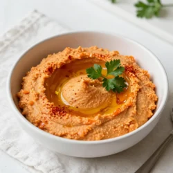 To make roasted red pepper hummus, gather these key items: - 1 cup canned chickpeas, thoroughly drained and rinsed - 1 large roasted red pepper (jarred or homemade) - 2 tablespoons tahini - 2 tablespoons freshly squeezed lemon juice - 2 cloves garlic, finely minced - 2 tablespoons extra virgin olive oil, plus extra for drizzling - 1/2 teaspoon ground cumin - Sea salt, to taste - Water, as needed for desired consistency - Fresh parsley, finely chopped, for garnish - Smoked paprika, for garnish You can boost the flavor with these extras: - A pinch of cayenne pepper for heat - A squeeze of lime juice for zestiness - A handful of roasted nuts for crunch This hummus packs a nutritious punch. Here&rsquo;s a quick look at what you get per serving: - Protein from chickpeas helps build muscle. - Healthy fats from olive oil support heart health. - Vitamins from red peppers and parsley add nutrients. - Fiber aids digestion and keeps you full longer. Each ingredient not only adds flavor but also brings health benefits. Enjoy creating this tasty dish! {{ingredient_image_2}} To prepare roasted red peppers, you can use fresh ones or jarred ones. If using fresh, start by roasting them. Place the peppers over an open flame or under a broiler. Cook until the skin is charred and blistered. This usually takes about 10 to 15 minutes. Once charred, put the peppers in a bowl and cover it tightly with plastic wrap. Let them steam for about 10 minutes. This helps loosen the skin. After that, peel off the charred skin and remove the seeds. Now, your roasted red pepper is ready to use! Start blending by adding the rinsed chickpeas to a food processor. Next, add the roasted red pepper you just prepared. Then, add 2 tablespoons of tahini, 2 tablespoons of lemon juice, and 2 minced garlic cloves. Pour in 2 tablespoons of extra virgin olive oil. Add 1/2 teaspoon of ground cumin and a pinch of sea salt. Now, close the lid and pulse the mixture. Blend until it's smooth and creamy. Stop to scrape down the sides of the bowl to mix everything well. After blending, check the texture of the hummus. If it seems too thick, add water slowly. Use one tablespoon at a time, blending in between each addition. Keep blending until you reach your desired consistency. Once you have the right texture, taste your hummus. Adjust the sea salt if needed. Blend again for a few seconds to mix everything. Now, your roasted red pepper hummus is ready to serve! To boost your roasted red pepper hummus, think about adding spices. Ground cumin adds warmth and depth. Try adding a dash of cayenne for a little heat. You can also mix in lemon zest for a bright twist. Fresh herbs like basil or cilantro can give your hummus a fresh taste. Remember, start with small amounts and taste as you go. Many people forget to rinse the chickpeas. Rinsing helps remove excess salt. Another mistake is not blending long enough. A smooth hummus needs time in the food processor. If your hummus is too thick, don&rsquo;t skip the water step. Add water slowly until you reach the right texture. Avoid over-salting; taste before adding more sea salt. Presentation makes a big difference. Serve your hummus in a nice bowl to catch the eye. Drizzle extra virgin olive oil on top for shine and flavor. Sprinkle smoked paprika and fresh parsley for color. To serve, arrange warm pita bread or fresh veggies around the bowl. This invites everyone to dive in and enjoy your tasty creation. Pro Tips Perfect Roasting: For the best flavor, ensure your red peppers are charred evenly. This enhances their sweetness and provides a smoky depth to your hummus. Texture Matters: Adjust the water slowly. Adding too much at once can make your hummus too thin. Aim for a creamy consistency that holds its shape. Season to Taste: Hummus flavor can vary based on the ingredients. Always taste and adjust seasoning before serving for the best flavor balance. Garnish for Appeal: A drizzle of olive oil and a sprinkle of smoked paprika not only enhance the flavor but also make your hummus visually appealing. {{image_4}} To add heat to your hummus, toss in some red pepper flakes. Start with a pinch. Blend it well with the chickpeas and red pepper. Taste and adjust until it reaches your desired spice level. You can also use jalape&ntilde;os for a fresh kick. This version adds a bold flavor that will impress anyone. Herbs can elevate your hummus to new heights. Fresh basil or cilantro pairs well with the sweet pepper. Simply add a handful before blending. You can also try dried herbs like oregano or thyme. These additions will give your hummus a fresh taste and a lovely aroma. Want some crunch in your hummus? Try adding nuts or seeds. Toasted pine nuts or sunflower seeds work great. Just blend them in with the other ingredients. This not only adds texture but also boosts the nutrition. It makes your hummus more satisfying and hearty. To keep your hummus fresh, transfer it to an airtight container. Make sure the top is smooth. Drizzle a little olive oil on the surface. This helps keep it moist and tasty. Seal the container tightly and store it in the fridge. Roasted red pepper hummus lasts about five days in the fridge. If you want to store it longer, freeze it. In the freezer, it can stay good for up to three months. When ready to eat, defrost it in the fridge overnight. Stir it well before serving. Leftover hummus is very versatile! You can spread it on sandwiches for extra flavor. Use it as a dip for veggies or chips. Mix it into pasta for a creamy sauce. You can even use it as a topping for grilled meats or fish. The options are endless! Yes, you can use store-bought roasted red peppers. They save time and effort. Just drain and rinse them before adding to your hummus. This makes the recipe quick and easy. However, homemade roasted peppers do add a fresh taste. If you have the time, I recommend roasting your own. To make hummus creamier, add a bit of water as you blend. Start with one tablespoon. Blend, then check the texture. You can add more water if needed. Using high-quality tahini also helps. Make sure to blend well, so all the ingredients mix smoothly. If you want an extra rich taste, try adding a little more olive oil. Roasted red pepper hummus pairs well with various foods. Here are some options: - Warm pita bread - Fresh vegetable sticks like carrots or cucumbers - Crackers - Breadsticks - Toasted flatbreads You can also use it as a spread on sandwiches. It adds flavor and creaminess to any dish. This blog post covered making roasted red pepper hummus step by step. We detailed the key ingredients, and I gave tips for flavor and presentation. You learned about different variations and how to store your hummus properly. Remember, making hummus can be fun and easy. With practice, you&rsquo;ll create delicious results. Use this guide to impress your friends and family with your skills. Enjoy experimenting with flavors and textures. Now, go make some hummus!
