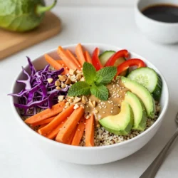 Creating beautiful and tasty Rainbow Spring Roll Bowls starts with the right base. Here are the main ingredients you&rsquo;ll need: - 1 cup cooked quinoa - 1 cup shredded purple cabbage - 1 cup carrot, julienned - 1 red bell pepper, thinly sliced - 1 cup cucumber, julienned - 1 avocado, sliced - 1 cup fresh mint leaves - 1 cup fresh cilantro leaves - 1/4 cup peanuts, chopped (or your favorite nuts) - 1/4 cup sesame seeds These ingredients give your bowls color and texture. The quinoa acts as a healthy base. The veggies add crunch and vibrant colors. Fresh herbs lift the flavors and aroma. Peanuts and sesame seeds add a delightful crunch. Now let&rsquo;s talk about the dressing. It ties all the flavors together and adds creaminess. Here&rsquo;s what you will need: - 1/4 cup almond butter - 2 tablespoons soy sauce (use tamari for a gluten-free option) - 1 tablespoon fresh lime juice - 1 tablespoon pure maple syrup - 1 teaspoon freshly grated ginger - 1-2 teaspoons sriracha (adjust to your spice preference) This dressing is packed with flavor. The almond butter gives it a creamy texture. The soy sauce adds umami taste, while lime juice balances the sweetness. Ginger adds a fresh kick, and sriracha brings in the heat. Adjust these ingredients to fit your taste. {{ingredient_image_2}} To cook quinoa, measure out 1 cup of quinoa and rinse it under cold water. This step removes any bitterness. Add the rinsed quinoa to a pot with 2 cups of water. Bring the pot to a boil over medium heat. Once it starts boiling, reduce the heat to low and cover the pot. Let it simmer for about 15 minutes. After that, remove it from heat and let it sit for another 5 minutes. This helps it fluff up nicely. Fluff the quinoa with a fork and transfer it to a bowl. Let it cool while you prepare the other ingredients. Now, let&rsquo;s get colorful! For the carrots and cucumber, use a sharp knife to julienne them. This means cutting them into thin matchstick shapes. Thinly slice the red bell pepper. For the purple cabbage, shred it finely. It adds great texture and color. Once you have all your veggies ready, set each one aside in separate bowls. This way, you can easily grab them when it&rsquo;s time to assemble the bowls. In a small mixing bowl, combine 1/4 cup almond butter, 2 tablespoons soy sauce, 1 tablespoon lime juice, 1 tablespoon maple syrup, 1 teaspoon grated ginger, and 1-2 teaspoons sriracha. Whisk the mixture until it&rsquo;s smooth. Taste it to see if you want to add more sweetness or spice. Adjust the flavors to fit your taste. This dressing will tie all the flavors together in your bowl. Now comes the fun part! Start by adding a scoop of cooled quinoa to each bowl. Next, arrange the colorful veggies on top in sections. Place the shredded cabbage, julienned carrots, sliced bell pepper, and cucumber all around. Add avocado slices for creaminess. For extra crunch, sprinkle chopped peanuts and sesame seeds on top. Finish by adding fresh mint and cilantro leaves for a burst of flavor. Just before serving, drizzle the almond butter dressing over the bowls. If you plan to prepare them ahead, keep the dressing on the side. This keeps everything fresh! To bring your Rainbow Spring Roll Bowls to life, think about adding texture and taste. Here are some ideas: - Suggestions for additional crunch: Add crispy rice noodles or fried shallots on top. These will give your bowls a fun crunch. You can also use toasted sesame seeds for extra flavor. - Mix-ins for extra protein: Consider adding grilled shrimp, chicken, or tofu. These protein options not only boost nutrition but also make your meal more filling. You can marinate your protein in the same dressing for added flavor. The way you serve your bowls can make a big difference. Here are some tips to impress: - Serving suggestions for visual impact: Use a wide, shallow bowl to show off the colors. Arrange your ingredients in sections to create a beautiful rainbow effect. This makes the dish more appealing and fun to eat. - Complementary sides to serve with the bowls: Pair your bowls with fresh lime wedges or a light salad. A side of pickled vegetables can also add a nice tang and contrast to the flavors in the bowl. Pro Tips Freshness Matters: Use fresh herbs and vegetables to enhance the flavor and nutritional content of your spring roll bowls. The freshness will brighten the dish and elevate the overall taste. Customize Your Bowl: Feel free to swap out vegetables based on your preference or seasonal availability. Other great options include snap peas, radishes, or even grilled chicken for added protein. Make Ahead: Prepare the quinoa and chop the vegetables in advance to save time. Store each component separately in airtight containers in the refrigerator for quick assembly when you're ready to eat. Dressing Variations: Experiment with different nut butters or add a splash of rice vinegar for tanginess in the dressing. Adjust the spice level by varying the amount of sriracha to fit your taste. {{image_4}} You can easily customize your Rainbow Spring Roll Bowls with different proteins. Adding shrimp, chicken, or tofu gives you more choices. Shrimp adds a sweet taste, while chicken brings a savory flavor. Tofu is a great choice for a plant-based option. If you want a vegetarian or vegan option, simply skip the meat. You can also use tempeh or chickpeas for extra protein. These swaps keep your meal healthy and delicious. While quinoa is a great base, feel free to switch it up. You can use brown rice or farro instead. These grains add a nutty flavor and texture. Another fun idea is to use leafy greens as your base. Spinach or kale works well and adds more nutrients. This change gives your bowl a fresh and light feel. The dressing is key to making your Rainbow Spring Roll Bowls shine. You can try different dressings for unique flavors. A peanut sauce or a sesame dressing can change the taste. Want some heat? Adjust the spice level in your dressing. Add more sriracha for a kick, or leave it out for a milder taste. This way, you can make the dish suit your spice preference perfectly. To keep your Rainbow Spring Roll Bowls fresh, store the ingredients separately. This prevents sogginess and keeps everything crisp. Here are some tips: - Quinoa: Store in an airtight container in the fridge. It stays good for about four days. - Vegetables: Place cut veggies in sealed bags or containers. Use paper towels to absorb moisture. - Herbs: Wrap fresh mint and cilantro in a damp paper towel and store in a bag. - Dressing: Keep the dressing in a jar in the fridge. Shake well before use. When reheating, it's key to keep things tasty. Follow these steps: - Quinoa: Warm it in the microwave for about 30 seconds. Add a splash of water to keep it moist. - Proteins: If using cooked shrimp, chicken, or tofu, heat gently in a pan. This keeps them from drying out. - Vegetables: Avoid reheating them in the microwave. Instead, saut&eacute; them on low heat. This prevents sogginess. By following these storage and reheating tips, your Rainbow Spring Roll Bowls will stay colorful and delicious! Rainbow Spring Roll Bowls are packed with nutrition. Each ingredient adds color and benefits. - Cooked quinoa gives you protein and fiber. It keeps you full. - Purple cabbage is rich in vitamins and antioxidants. It supports your immune system. - Carrots are great for your eyes. They have beta-carotene. - Red bell pepper adds vitamin C. This helps with skin health. - Cucumber keeps you hydrated. It has a high water content. - Avocado provides healthy fats. It is good for your heart. - Mint and cilantro boost flavor and add vitamins. They also help digestion. Eating a variety of colorful foods is key. It gives you a range of nutrients. A rainbow on your plate means a rainbow of health benefits. Yes, you can prepare these bowls in advance. Here are some tips to make meal prep easy: - Cook your quinoa ahead of time. Store it in the fridge. - Prepare the veggies and herbs. Keep them separate so they stay fresh. - Assemble the bowls just before eating. This keeps the veggies crunchy. For storage: - Use airtight containers. This helps keep everything fresh. - Keep the dressing separate. Pour it on right before serving. These steps will help you enjoy your bowls throughout the week. You can change up the dressing for new flavors. Here are some ideas: - Peanut sauce adds a rich taste. Mix peanut butter with soy sauce and lime. - Sesame dressing gives a nutty flavor. Combine sesame oil with rice vinegar. - Cilantro lime dressing is fresh and zesty. Blend cilantro, lime juice, and olive oil. If you have dietary needs, consider these tips: - Nut-free? Use tahini instead of almond butter. - Gluten-free? Choose tamari for soy sauce. - Spicy? Add more sriracha or chili paste to your dressing. These alternatives can make your bowls exciting and tasty! Rainbow Spring Roll Bowls are colorful, fun, and tasty. We explored the main ingredients, like quinoa and fresh veggies. I showed you how to make a yummy dressing and assemble the bowls for that perfect look. You can even play with flavors and protein options. Store leftovers properly to keep them fresh. Enjoy making these bowls as a healthy meal. You now have the tips to make your own version shine. Dive into your kitchen and get creative!
