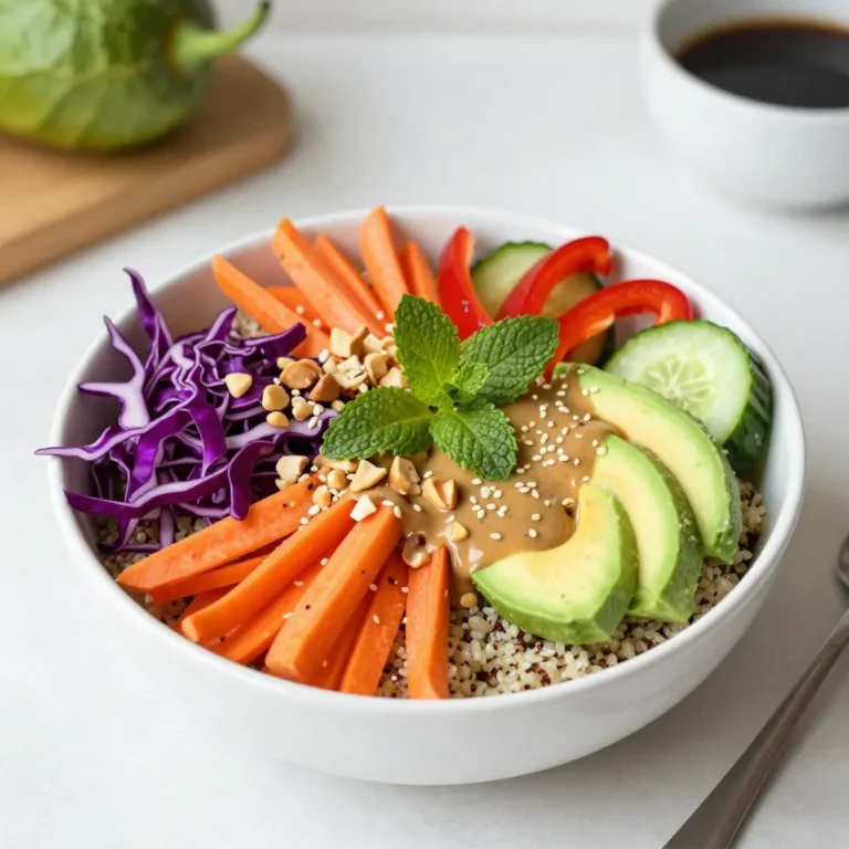 Creating beautiful and tasty Rainbow Spring Roll Bowls starts with the right base. Here are the main ingredients you’ll need: - 1 cup cooked quinoa - 1 cup shredded purple cabbage - 1 cup carrot, julienned - 1 red bell pepper, thinly sliced - 1 cup cucumber, julienned - 1 avocado, sliced - 1 cup fresh mint leaves - 1 cup fresh cilantro leaves - 1/4 cup peanuts, chopped (or your favorite nuts) - 1/4 cup sesame seeds These ingredients give your bowls color and texture. The quinoa acts as a healthy base. The veggies add crunch and vibrant colors. Fresh herbs lift the flavors and aroma. Peanuts and sesame seeds add a delightful crunch. Now let’s talk about the dressing. It ties all the flavors together and adds creaminess. Here’s what you will need: - 1/4 cup almond butter - 2 tablespoons soy sauce (use tamari for a gluten-free option) - 1 tablespoon fresh lime juice - 1 tablespoon pure maple syrup - 1 teaspoon freshly grated ginger - 1-2 teaspoons sriracha (adjust to your spice preference) This dressing is packed with flavor. The almond butter gives it a creamy texture. The soy sauce adds umami taste, while lime juice balances the sweetness. Ginger adds a fresh kick, and sriracha brings in the heat. Adjust these ingredients to fit your taste. {{ingredient_image_2}} To cook quinoa, measure out 1 cup of quinoa and rinse it under cold water. This step removes any bitterness. Add the rinsed quinoa to a pot with 2 cups of water. Bring the pot to a boil over medium heat. Once it starts boiling, reduce the heat to low and cover the pot. Let it simmer for about 15 minutes. After that, remove it from heat and let it sit for another 5 minutes. This helps it fluff up nicely. Fluff the quinoa with a fork and transfer it to a bowl. Let it cool while you prepare the other ingredients. Now, let’s get colorful! For the carrots and cucumber, use a sharp knife to julienne them. This means cutting them into thin matchstick shapes. Thinly slice the red bell pepper. For the purple cabbage, shred it finely. It adds great texture and color. Once you have all your veggies ready, set each one aside in separate bowls. This way, you can easily grab them when it’s time to assemble the bowls. In a small mixing bowl, combine 1/4 cup almond butter, 2 tablespoons soy sauce, 1 tablespoon lime juice, 1 tablespoon maple syrup, 1 teaspoon grated ginger, and 1-2 teaspoons sriracha. Whisk the mixture until it’s smooth. Taste it to see if you want to add more sweetness or spice. Adjust the flavors to fit your taste. This dressing will tie all the flavors together in your bowl. Now comes the fun part! Start by adding a scoop of cooled quinoa to each bowl. Next, arrange the colorful veggies on top in sections. Place the shredded cabbage, julienned carrots, sliced bell pepper, and cucumber all around. Add avocado slices for creaminess. For extra crunch, sprinkle chopped peanuts and sesame seeds on top. Finish by adding fresh mint and cilantro leaves for a burst of flavor. Just before serving, drizzle the almond butter dressing over the bowls. If you plan to prepare them ahead, keep the dressing on the side. This keeps everything fresh! To bring your Rainbow Spring Roll Bowls to life, think about adding texture and taste. Here are some ideas: - Suggestions for additional crunch: Add crispy rice noodles or fried shallots on top. These will give your bowls a fun crunch. You can also use toasted sesame seeds for extra flavor. - Mix-ins for extra protein: Consider adding grilled shrimp, chicken, or tofu. These protein options not only boost nutrition but also make your meal more filling. You can marinate your protein in the same dressing for added flavor. The way you serve your bowls can make a big difference. Here are some tips to impress: - Serving suggestions for visual impact: Use a wide, shallow bowl to show off the colors. Arrange your ingredients in sections to create a beautiful rainbow effect. This makes the dish more appealing and fun to eat. - Complementary sides to serve with the bowls: Pair your bowls with fresh lime wedges or a light salad. A side of pickled vegetables can also add a nice tang and contrast to the flavors in the bowl. Pro Tips Freshness Matters: Use fresh herbs and vegetables to enhance the flavor and nutritional content of your spring roll bowls. The freshness will brighten the dish and elevate the overall taste. Customize Your Bowl: Feel free to swap out vegetables based on your preference or seasonal availability. Other great options include snap peas, radishes, or even grilled chicken for added protein. Make Ahead: Prepare the quinoa and chop the vegetables in advance to save time. Store each component separately in airtight containers in the refrigerator for quick assembly when you're ready to eat. Dressing Variations: Experiment with different nut butters or add a splash of rice vinegar for tanginess in the dressing. Adjust the spice level by varying the amount of sriracha to fit your taste. {{image_4}} You can easily customize your Rainbow Spring Roll Bowls with different proteins. Adding shrimp, chicken, or tofu gives you more choices. Shrimp adds a sweet taste, while chicken brings a savory flavor. Tofu is a great choice for a plant-based option. If you want a vegetarian or vegan option, simply skip the meat. You can also use tempeh or chickpeas for extra protein. These swaps keep your meal healthy and delicious. While quinoa is a great base, feel free to switch it up. You can use brown rice or farro instead. These grains add a nutty flavor and texture. Another fun idea is to use leafy greens as your base. Spinach or kale works well and adds more nutrients. This change gives your bowl a fresh and light feel. The dressing is key to making your Rainbow Spring Roll Bowls shine. You can try different dressings for unique flavors. A peanut sauce or a sesame dressing can change the taste. Want some heat? Adjust the spice level in your dressing. Add more sriracha for a kick, or leave it out for a milder taste. This way, you can make the dish suit your spice preference perfectly. To keep your Rainbow Spring Roll Bowls fresh, store the ingredients separately. This prevents sogginess and keeps everything crisp. Here are some tips: - Quinoa: Store in an airtight container in the fridge. It stays good for about four days. - Vegetables: Place cut veggies in sealed bags or containers. Use paper towels to absorb moisture. - Herbs: Wrap fresh mint and cilantro in a damp paper towel and store in a bag. - Dressing: Keep the dressing in a jar in the fridge. Shake well before use. When reheating, it's key to keep things tasty. Follow these steps: - Quinoa: Warm it in the microwave for about 30 seconds. Add a splash of water to keep it moist. - Proteins: If using cooked shrimp, chicken, or tofu, heat gently in a pan. This keeps them from drying out. - Vegetables: Avoid reheating them in the microwave. Instead, sauté them on low heat. This prevents sogginess. By following these storage and reheating tips, your Rainbow Spring Roll Bowls will stay colorful and delicious! Rainbow Spring Roll Bowls are packed with nutrition. Each ingredient adds color and benefits. - Cooked quinoa gives you protein and fiber. It keeps you full. - Purple cabbage is rich in vitamins and antioxidants. It supports your immune system. - Carrots are great for your eyes. They have beta-carotene. - Red bell pepper adds vitamin C. This helps with skin health. - Cucumber keeps you hydrated. It has a high water content. - Avocado provides healthy fats. It is good for your heart. - Mint and cilantro boost flavor and add vitamins. They also help digestion. Eating a variety of colorful foods is key. It gives you a range of nutrients. A rainbow on your plate means a rainbow of health benefits. Yes, you can prepare these bowls in advance. Here are some tips to make meal prep easy: - Cook your quinoa ahead of time. Store it in the fridge. - Prepare the veggies and herbs. Keep them separate so they stay fresh. - Assemble the bowls just before eating. This keeps the veggies crunchy. For storage: - Use airtight containers. This helps keep everything fresh. - Keep the dressing separate. Pour it on right before serving. These steps will help you enjoy your bowls throughout the week. You can change up the dressing for new flavors. Here are some ideas: - Peanut sauce adds a rich taste. Mix peanut butter with soy sauce and lime. - Sesame dressing gives a nutty flavor. Combine sesame oil with rice vinegar. - Cilantro lime dressing is fresh and zesty. Blend cilantro, lime juice, and olive oil. If you have dietary needs, consider these tips: - Nut-free? Use tahini instead of almond butter. - Gluten-free? Choose tamari for soy sauce. - Spicy? Add more sriracha or chili paste to your dressing. These alternatives can make your bowls exciting and tasty! Rainbow Spring Roll Bowls are colorful, fun, and tasty. We explored the main ingredients, like quinoa and fresh veggies. I showed you how to make a yummy dressing and assemble the bowls for that perfect look. You can even play with flavors and protein options. Store leftovers properly to keep them fresh. Enjoy making these bowls as a healthy meal. You now have the tips to make your own version shine. Dive into your kitchen and get creative!