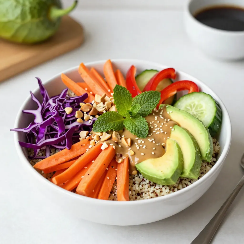Creating beautiful and tasty Rainbow Spring Roll Bowls starts with the right base. Here are the main ingredients you’ll need: - 1 cup cooked quinoa - 1 cup shredded purple cabbage - 1 cup carrot, julienned - 1 red bell pepper, thinly sliced - 1 cup cucumber, julienned - 1 avocado, sliced - 1 cup fresh mint leaves - 1 cup fresh cilantro leaves - 1/4 cup peanuts, chopped (or your favorite nuts) - 1/4 cup sesame seeds These ingredients give your bowls color and texture. The quinoa acts as a healthy base. The veggies add crunch and vibrant colors. Fresh herbs lift the flavors and aroma. Peanuts and sesame seeds add a delightful crunch. Now let’s talk about the dressing. It ties all the flavors together and adds creaminess. Here’s what you will need: - 1/4 cup almond butter - 2 tablespoons soy sauce (use tamari for a gluten-free option) - 1 tablespoon fresh lime juice - 1 tablespoon pure maple syrup - 1 teaspoon freshly grated ginger - 1-2 teaspoons sriracha (adjust to your spice preference) This dressing is packed with flavor. The almond butter gives it a creamy texture. The soy sauce adds umami taste, while lime juice balances the sweetness. Ginger adds a fresh kick, and sriracha brings in the heat. Adjust these ingredients to fit your taste. {{ingredient_image_2}} To cook quinoa, measure out 1 cup of quinoa and rinse it under cold water. This step removes any bitterness. Add the rinsed quinoa to a pot with 2 cups of water. Bring the pot to a boil over medium heat. Once it starts boiling, reduce the heat to low and cover the pot. Let it simmer for about 15 minutes. After that, remove it from heat and let it sit for another 5 minutes. This helps it fluff up nicely. Fluff the quinoa with a fork and transfer it to a bowl. Let it cool while you prepare the other ingredients. Now, let’s get colorful! For the carrots and cucumber, use a sharp knife to julienne them. This means cutting them into thin matchstick shapes. Thinly slice the red bell pepper. For the purple cabbage, shred it finely. It adds great texture and color. Once you have all your veggies ready, set each one aside in separate bowls. This way, you can easily grab them when it’s time to assemble the bowls. In a small mixing bowl, combine 1/4 cup almond butter, 2 tablespoons soy sauce, 1 tablespoon lime juice, 1 tablespoon maple syrup, 1 teaspoon grated ginger, and 1-2 teaspoons sriracha. Whisk the mixture until it’s smooth. Taste it to see if you want to add more sweetness or spice. Adjust the flavors to fit your taste. This dressing will tie all the flavors together in your bowl. Now comes the fun part! Start by adding a scoop of cooled quinoa to each bowl. Next, arrange the colorful veggies on top in sections. Place the shredded cabbage, julienned carrots, sliced bell pepper, and cucumber all around. Add avocado slices for creaminess. For extra crunch, sprinkle chopped peanuts and sesame seeds on top. Finish by adding fresh mint and cilantro leaves for a burst of flavor. Just before serving, drizzle the almond butter dressing over the bowls. If you plan to prepare them ahead, keep the dressing on the side. This keeps everything fresh! To bring your Rainbow Spring Roll Bowls to life, think about adding texture and taste. Here are some ideas: - Suggestions for additional crunch: Add crispy rice noodles or fried shallots on top. These will give your bowls a fun crunch. You can also use toasted sesame seeds for extra flavor. - Mix-ins for extra protein: Consider adding grilled shrimp, chicken, or tofu. These protein options not only boost nutrition but also make your meal more filling. You can marinate your protein in the same dressing for added flavor. The way you serve your bowls can make a big difference. Here are some tips to impress: - Serving suggestions for visual impact: Use a wide, shallow bowl to show off the colors. Arrange your ingredients in sections to create a beautiful rainbow effect. This makes the dish more appealing and fun to eat. - Complementary sides to serve with the bowls: Pair your bowls with fresh lime wedges or a light salad. A side of pickled vegetables can also add a nice tang and contrast to the flavors in the bowl. Pro Tips Freshness Matters: Use fresh herbs and vegetables to enhance the flavor and nutritional content of your spring roll bowls. The freshness will brighten the dish and elevate the overall taste. Customize Your Bowl: Feel free to swap out vegetables based on your preference or seasonal availability. Other great options include snap peas, radishes, or even grilled chicken for added protein. Make Ahead: Prepare the quinoa and chop the vegetables in advance to save time. Store each component separately in airtight containers in the refrigerator for quick assembly when you're ready to eat. Dressing Variations: Experiment with different nut butters or add a splash of rice vinegar for tanginess in the dressing. Adjust the spice level by varying the amount of sriracha to fit your taste. {{image_4}} You can easily customize your Rainbow Spring Roll Bowls with different proteins. Adding shrimp, chicken, or tofu gives you more choices. Shrimp adds a sweet taste, while chicken brings a savory flavor. Tofu is a great choice for a plant-based option. If you want a vegetarian or vegan option, simply skip the meat. You can also use tempeh or chickpeas for extra protein. These swaps keep your meal healthy and delicious. While quinoa is a great base, feel free to switch it up. You can use brown rice or farro instead. These grains add a nutty flavor and texture. Another fun idea is to use leafy greens as your base. Spinach or kale works well and adds more nutrients. This change gives your bowl a fresh and light feel. The dressing is key to making your Rainbow Spring Roll Bowls shine. You can try different dressings for unique flavors. A peanut sauce or a sesame dressing can change the taste. Want some heat? Adjust the spice level in your dressing. Add more sriracha for a kick, or leave it out for a milder taste. This way, you can make the dish suit your spice preference perfectly. To keep your Rainbow Spring Roll Bowls fresh, store the ingredients separately. This prevents sogginess and keeps everything crisp. Here are some tips: - Quinoa: Store in an airtight container in the fridge. It stays good for about four days. - Vegetables: Place cut veggies in sealed bags or containers. Use paper towels to absorb moisture. - Herbs: Wrap fresh mint and cilantro in a damp paper towel and store in a bag. - Dressing: Keep the dressing in a jar in the fridge. Shake well before use. When reheating, it's key to keep things tasty. Follow these steps: - Quinoa: Warm it in the microwave for about 30 seconds. Add a splash of water to keep it moist. - Proteins: If using cooked shrimp, chicken, or tofu, heat gently in a pan. This keeps them from drying out. - Vegetables: Avoid reheating them in the microwave. Instead, sauté them on low heat. This prevents sogginess. By following these storage and reheating tips, your Rainbow Spring Roll Bowls will stay colorful and delicious! Rainbow Spring Roll Bowls are packed with nutrition. Each ingredient adds color and benefits. - Cooked quinoa gives you protein and fiber. It keeps you full. - Purple cabbage is rich in vitamins and antioxidants. It supports your immune system. - Carrots are great for your eyes. They have beta-carotene. - Red bell pepper adds vitamin C. This helps with skin health. - Cucumber keeps you hydrated. It has a high water content. - Avocado provides healthy fats. It is good for your heart. - Mint and cilantro boost flavor and add vitamins. They also help digestion. Eating a variety of colorful foods is key. It gives you a range of nutrients. A rainbow on your plate means a rainbow of health benefits. Yes, you can prepare these bowls in advance. Here are some tips to make meal prep easy: - Cook your quinoa ahead of time. Store it in the fridge. - Prepare the veggies and herbs. Keep them separate so they stay fresh. - Assemble the bowls just before eating. This keeps the veggies crunchy. For storage: - Use airtight containers. This helps keep everything fresh. - Keep the dressing separate. Pour it on right before serving. These steps will help you enjoy your bowls throughout the week. You can change up the dressing for new flavors. Here are some ideas: - Peanut sauce adds a rich taste. Mix peanut butter with soy sauce and lime. - Sesame dressing gives a nutty flavor. Combine sesame oil with rice vinegar. - Cilantro lime dressing is fresh and zesty. Blend cilantro, lime juice, and olive oil. If you have dietary needs, consider these tips: - Nut-free? Use tahini instead of almond butter. - Gluten-free? Choose tamari for soy sauce. - Spicy? Add more sriracha or chili paste to your dressing. These alternatives can make your bowls exciting and tasty! Rainbow Spring Roll Bowls are colorful, fun, and tasty. We explored the main ingredients, like quinoa and fresh veggies. I showed you how to make a yummy dressing and assemble the bowls for that perfect look. You can even play with flavors and protein options. Store leftovers properly to keep them fresh. Enjoy making these bowls as a healthy meal. You now have the tips to make your own version shine. Dive into your kitchen and get creative!