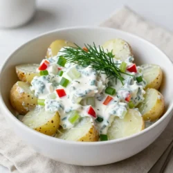 For Tangy Dill Potato Salad, you need: - 2 pounds baby potatoes, halved - 1 cup creamy Greek yogurt - 2 tablespoons tangy Dijon mustard - 2 tablespoons apple cider vinegar - 1 tablespoon fresh dill, finely chopped - 1 teaspoon garlic powder - 1 teaspoon onion powder - Sea salt and freshly cracked black pepper to taste - 1/2 cup celery, finely diced - 1/2 cup red bell pepper, finely diced - 2 green onions, sliced You may switch some ingredients to suit your taste: - Use sour cream instead of Greek yogurt for a richer flavor. - Swap Dijon mustard for yellow mustard if you prefer milder taste. - Replace apple cider vinegar with lemon juice for a fresh twist. - Try using fresh herbs like parsley if you can&rsquo;t find dill. Fresh ingredients make a big difference in flavor and texture. They add brightness and crunch to your salad. Using fresh dill gives a vibrant taste that dried herbs cannot match. Fresh vegetables, like celery and bell peppers, add a nice crunch, making each bite enjoyable. Always choose the best quality ingredients when cooking. This ensures your Tangy Dill Potato Salad tastes and looks its best. {{ingredient_image_2}} Start by filling a large pot with water. Add a generous pinch of salt. Bring the water to a boil. Carefully place the halved baby potatoes into the pot. Cook them for 15 to 20 minutes. They should be soft but still firm when done. Test them with a fork. If they poke easily, they are ready. Drain the potatoes in a colander. Let them cool for a few minutes. This step helps the flavors mix better later. While the potatoes cool, grab a mixing bowl. Add 1 cup of creamy Greek yogurt to the bowl. Next, add 2 tablespoons of tangy Dijon mustard. Pour in 2 tablespoons of apple cider vinegar. This gives a nice zing! Add 1 tablespoon of finely chopped fresh dill. Sprinkle in 1 teaspoon of garlic powder and 1 teaspoon of onion powder. Whisk all these ingredients together. Mix until the dressing is smooth and creamy. Once the potatoes are cool, transfer them to the bowl with the dressing. Toss the potatoes gently. Ensure every piece is coated with the creamy mix. Now, fold in 1/2 cup of finely diced celery for crunch. Add 1/2 cup of diced red bell pepper for a hint of sweetness. Finally, mix in 2 sliced green onions for a mild onion flavor. Season the salad with sea salt and freshly cracked black pepper. Taste as you go for the best flavor. Cover the bowl and chill in the fridge for at least 30 minutes. This lets all the flavors blend nicely. To get the best texture in your potato salad, choose the right potatoes. Baby potatoes work great because they are creamy and tender. Boil them until fork-tender, but not mushy. This takes about 15 to 20 minutes. Drain them well and let them cool. This keeps the potatoes firm and prevents them from getting soggy. To amp up the flavor, use fresh ingredients. Fresh dill gives a bright taste that pops. The tangy Dijon mustard and apple cider vinegar add zest and depth. Mix everything well so every bite is full of flavor. Letting the salad chill for at least 30 minutes allows the flavors to blend. This makes each bite a tasty surprise. For the best taste, serve the potato salad cold. Chilling it in the fridge helps the flavors meld. Aim for a serving temperature of around 40&deg;F. This is cool enough to enjoy but not too cold to mask the flavors. You can garnish with fresh dill or slices of boiled eggs for a nice touch. Pro Tips Use Fresh Ingredients: For the best flavor, opt for fresh dill and crisp vegetables. Fresh herbs can elevate the taste of your potato salad significantly. Adjust the Dressing: Feel free to modify the dressing ingredients according to your taste. More mustard can add a tangy kick, while additional yogurt can make it creamier. Chill for Flavor: Allow the potato salad to chill in the refrigerator for at least 30 minutes. This resting time lets the flavors meld beautifully, enhancing the overall taste. Serve with a Twist: Consider adding a sprinkle of paprika or a dash of hot sauce on top before serving for an extra layer of flavor and a pop of color. {{image_4}} You can switch up the dressing for Tangy Dill Potato Salad. Try using sour cream instead of Greek yogurt. It gives a rich taste. You can also use vegan mayo for a dairy-free option. For a kick, add more mustard or a splash of lemon juice. Feel free to mix in other veggies. Chopped pickles or capers add a briny flavor. You can also use diced carrots for sweetness. For a crunch, consider adding radishes. Fresh herbs like parsley or basil can brighten the dish, too. This potato salad is already gluten-free! The ingredients do not include gluten. If you use store-bought dressings, check the labels. Some may contain gluten. Using homemade dressings ensures you stay gluten-free. Enjoy this dish worry-free at your next meal! To store your Tangy Dill Potato Salad, place it in an airtight container. Make sure the lid is tight to keep air out. This helps the salad stay fresh. You can keep it in the fridge for up to 3 days. If you want, you can also cover the bowl with plastic wrap. Freezing potato salad can change its texture. If you want to freeze it, do not add any fresh veggies like celery or green onions. You can prepare the salad without these ingredients. Place it in a freezer-safe container or bag. Remove as much air as you can. You can freeze it for up to a month. When you thaw it, mix in fresh veggies for a better taste. Reheating potato salad isn&rsquo;t always needed. It&rsquo;s best served cold. If you prefer it warm, use low heat. Place it in a pot and stir gently. Add a splash of yogurt or vinegar if it seems dry. Heat it only until warm, not hot. This keeps the flavors nice and fresh. Yes, you can make Tangy Dill Potato Salad ahead of time. This salad tastes even better when it sits. Prepare it a day before your meal. Just cover it and store it in the fridge. The flavors will blend nicely, making it more delicious. I recommend using baby potatoes for this recipe. They cook evenly and have a great texture. Their small size makes them perfect for bite-sized pieces. If you can't find baby potatoes, you can use red or Yukon gold potatoes. Just cut them into smaller pieces for even cooking. Potato salad can last in the fridge for about three to five days. Make sure you keep it in an airtight container. Check for any off smells or changes in texture before eating. If it looks or smells strange, it&rsquo;s best to toss it out. In this article, we covered key ingredients, steps, and tips for making Tangy Dill Potato Salad. Using fresh ingredients is vital for great taste. I shared ways to enhance flavor and texture, plus easy variations to suit your needs. Storing leftovers correctly ensures this dish stays tasty longer. Remember, good potato salad can elevate any meal. Explore these ideas and enjoy your delicious creation!