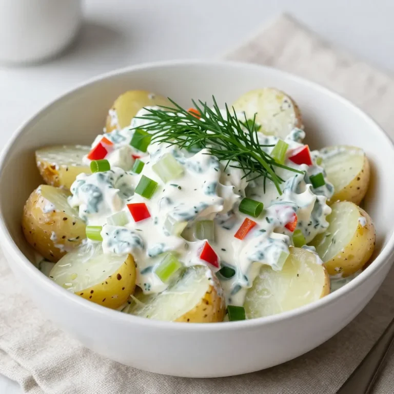 For Tangy Dill Potato Salad, you need: - 2 pounds baby potatoes, halved - 1 cup creamy Greek yogurt - 2 tablespoons tangy Dijon mustard - 2 tablespoons apple cider vinegar - 1 tablespoon fresh dill, finely chopped - 1 teaspoon garlic powder - 1 teaspoon onion powder - Sea salt and freshly cracked black pepper to taste - 1/2 cup celery, finely diced - 1/2 cup red bell pepper, finely diced - 2 green onions, sliced You may switch some ingredients to suit your taste: - Use sour cream instead of Greek yogurt for a richer flavor. - Swap Dijon mustard for yellow mustard if you prefer milder taste. - Replace apple cider vinegar with lemon juice for a fresh twist. - Try using fresh herbs like parsley if you can’t find dill. Fresh ingredients make a big difference in flavor and texture. They add brightness and crunch to your salad. Using fresh dill gives a vibrant taste that dried herbs cannot match. Fresh vegetables, like celery and bell peppers, add a nice crunch, making each bite enjoyable. Always choose the best quality ingredients when cooking. This ensures your Tangy Dill Potato Salad tastes and looks its best. {{ingredient_image_2}} Start by filling a large pot with water. Add a generous pinch of salt. Bring the water to a boil. Carefully place the halved baby potatoes into the pot. Cook them for 15 to 20 minutes. They should be soft but still firm when done. Test them with a fork. If they poke easily, they are ready. Drain the potatoes in a colander. Let them cool for a few minutes. This step helps the flavors mix better later. While the potatoes cool, grab a mixing bowl. Add 1 cup of creamy Greek yogurt to the bowl. Next, add 2 tablespoons of tangy Dijon mustard. Pour in 2 tablespoons of apple cider vinegar. This gives a nice zing! Add 1 tablespoon of finely chopped fresh dill. Sprinkle in 1 teaspoon of garlic powder and 1 teaspoon of onion powder. Whisk all these ingredients together. Mix until the dressing is smooth and creamy. Once the potatoes are cool, transfer them to the bowl with the dressing. Toss the potatoes gently. Ensure every piece is coated with the creamy mix. Now, fold in 1/2 cup of finely diced celery for crunch. Add 1/2 cup of diced red bell pepper for a hint of sweetness. Finally, mix in 2 sliced green onions for a mild onion flavor. Season the salad with sea salt and freshly cracked black pepper. Taste as you go for the best flavor. Cover the bowl and chill in the fridge for at least 30 minutes. This lets all the flavors blend nicely. To get the best texture in your potato salad, choose the right potatoes. Baby potatoes work great because they are creamy and tender. Boil them until fork-tender, but not mushy. This takes about 15 to 20 minutes. Drain them well and let them cool. This keeps the potatoes firm and prevents them from getting soggy. To amp up the flavor, use fresh ingredients. Fresh dill gives a bright taste that pops. The tangy Dijon mustard and apple cider vinegar add zest and depth. Mix everything well so every bite is full of flavor. Letting the salad chill for at least 30 minutes allows the flavors to blend. This makes each bite a tasty surprise. For the best taste, serve the potato salad cold. Chilling it in the fridge helps the flavors meld. Aim for a serving temperature of around 40°F. This is cool enough to enjoy but not too cold to mask the flavors. You can garnish with fresh dill or slices of boiled eggs for a nice touch. Pro Tips Use Fresh Ingredients: For the best flavor, opt for fresh dill and crisp vegetables. Fresh herbs can elevate the taste of your potato salad significantly. Adjust the Dressing: Feel free to modify the dressing ingredients according to your taste. More mustard can add a tangy kick, while additional yogurt can make it creamier. Chill for Flavor: Allow the potato salad to chill in the refrigerator for at least 30 minutes. This resting time lets the flavors meld beautifully, enhancing the overall taste. Serve with a Twist: Consider adding a sprinkle of paprika or a dash of hot sauce on top before serving for an extra layer of flavor and a pop of color. {{image_4}} You can switch up the dressing for Tangy Dill Potato Salad. Try using sour cream instead of Greek yogurt. It gives a rich taste. You can also use vegan mayo for a dairy-free option. For a kick, add more mustard or a splash of lemon juice. Feel free to mix in other veggies. Chopped pickles or capers add a briny flavor. You can also use diced carrots for sweetness. For a crunch, consider adding radishes. Fresh herbs like parsley or basil can brighten the dish, too. This potato salad is already gluten-free! The ingredients do not include gluten. If you use store-bought dressings, check the labels. Some may contain gluten. Using homemade dressings ensures you stay gluten-free. Enjoy this dish worry-free at your next meal! To store your Tangy Dill Potato Salad, place it in an airtight container. Make sure the lid is tight to keep air out. This helps the salad stay fresh. You can keep it in the fridge for up to 3 days. If you want, you can also cover the bowl with plastic wrap. Freezing potato salad can change its texture. If you want to freeze it, do not add any fresh veggies like celery or green onions. You can prepare the salad without these ingredients. Place it in a freezer-safe container or bag. Remove as much air as you can. You can freeze it for up to a month. When you thaw it, mix in fresh veggies for a better taste. Reheating potato salad isn’t always needed. It’s best served cold. If you prefer it warm, use low heat. Place it in a pot and stir gently. Add a splash of yogurt or vinegar if it seems dry. Heat it only until warm, not hot. This keeps the flavors nice and fresh. Yes, you can make Tangy Dill Potato Salad ahead of time. This salad tastes even better when it sits. Prepare it a day before your meal. Just cover it and store it in the fridge. The flavors will blend nicely, making it more delicious. I recommend using baby potatoes for this recipe. They cook evenly and have a great texture. Their small size makes them perfect for bite-sized pieces. If you can't find baby potatoes, you can use red or Yukon gold potatoes. Just cut them into smaller pieces for even cooking. Potato salad can last in the fridge for about three to five days. Make sure you keep it in an airtight container. Check for any off smells or changes in texture before eating. If it looks or smells strange, it’s best to toss it out. In this article, we covered key ingredients, steps, and tips for making Tangy Dill Potato Salad. Using fresh ingredients is vital for great taste. I shared ways to enhance flavor and texture, plus easy variations to suit your needs. Storing leftovers correctly ensures this dish stays tasty longer. Remember, good potato salad can elevate any meal. Explore these ideas and enjoy your delicious creation!
