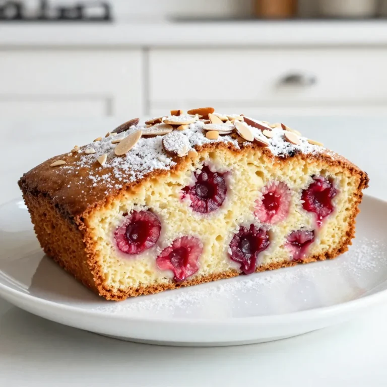 To make a delicious Cherry Almond Coffee Cake, you'll need the following ingredients: - 2 cups all-purpose flour - 1 cup granulated sugar - 1/2 cup unsalted butter, softened - 3/4 cup whole milk - 2 large eggs - 1 tablespoon baking powder - 1 teaspoon vanilla extract - 1/2 teaspoon almond extract - 1 cup cherries, pitted and halved - 1/2 cup sliced almonds - 1/4 teaspoon salt - Optional: powdered sugar for dusting Each ingredient plays a key role in creating this delightful cake. The flour gives the cake structure, while the sugar adds sweetness. Softened butter helps achieve a rich, tender crumb. Whole milk keeps the cake moist, and eggs provide binding. Baking powder acts as a leavening agent, making the cake rise. Vanilla and almond extracts infuse the batter with sweet, nutty flavors. Cherries add a burst of juicy sweetness, while sliced almonds add a crunchy texture. The salt balances the flavors, enhancing the overall taste. You can dust the finished cake with powdered sugar for a beautiful finish. This cake is not just tasty; it’s a feast for the eyes too! Each bite is a mix of sweet cherries and nutty almonds, making it a memorable treat for any occasion. {{ingredient_image_2}} - Preheat the oven to 350°F (175°C). - Grease or line a 9-inch round cake pan. - First, cream the butter and sugar until fluffy. Use a mixer and mix for 3 to 4 minutes. - Next, add eggs one at a time. Mix well after each egg. Then stir in the vanilla and almond extracts. - In a separate bowl, combine the flour, baking powder, and salt. Whisk these dry ingredients well. - Slowly add the dry ingredients to the wet mix, alternating with milk. Start and end with dry ingredients. Mix on low speed until just combined. - Gently fold in the halved cherries using a spatula. Ensure they are evenly spread throughout. - Pour the batter into the prepared pan. Smooth the top with a spatula for an even layer. - Sprinkle the sliced almonds on top for a crunchy finish. - Bake in the preheated oven for 30-35 minutes. Check with a toothpick. If it comes out clean, the cake is ready. - Allow the cake to cool in the pan for about 10 minutes. Then, transfer it to a wire rack to cool completely. This process makes a cherry almond coffee cake that is moist and full of flavor. You can also dust it with powdered sugar for a sweet finish. Enjoy the delightful taste! To get the best texture in your coffee cake, avoid overmixing. Overmixing can lead to a tough cake. Mix just until the dry and wet ingredients blend. This keeps the cake soft and light. Also, pay attention to how you soften the butter. I recommend letting it sit at room temperature. It should be soft but not melted. This helps create that fluffy batter we want. To boost the flavor, you can add a pinch of cinnamon or nutmeg. These spices pair well with cherries and almonds. They add warmth and depth. Using quality extracts is also key. Always choose pure vanilla and almond extracts. They will give your cake a rich and true flavor. A simple dusting of powdered sugar can make your cake look fancy. Just sprinkle it on top before serving. It adds a nice touch and sweetness. Consider garnishing with fresh mint leaves. They add color and a fresh taste. Place a few leaves next to your cake slices for a beautiful look. Pro Tips Use Fresh Cherries: Fresh cherries will provide the best flavor and texture for this coffee cake. If using frozen, ensure they are thoroughly thawed and drained to avoid excess moisture. Room Temperature Ingredients: Make sure your butter and eggs are at room temperature before starting. This helps in achieving a light and fluffy batter when creaming the butter and sugar. Don’t Overmix: When combining the wet and dry ingredients, mix just until combined. Overmixing can lead to a dense cake, so be gentle! Cool on a Wire Rack: Allowing the cake to cool on a wire rack prevents moisture from building up at the bottom, ensuring a perfectly textured cake. {{image_4}} You can switch cherries for other fruits. Blueberries and raspberries work great. These berries add a pop of color and flavor. They keep the cake moist and tasty. Try mixing different fruits for a fun twist. You can even use peaches or plums. Each fruit brings its own unique taste to the cake. Adding chocolate or coconut can change the game. Chocolate chips give a rich, sweet taste. You can mix in about half a cup for a nice surprise. Shredded coconut adds a chewy texture and a tropical vibe. Just use about a third of a cup. This combo makes the cake even more delicious. Feel free to experiment with other flavors you love! If you need a gluten-free cake, don't worry. You can use gluten-free flour blends. These blends often work well in recipes. Just swap the all-purpose flour for the gluten-free mix. Follow the package instructions for the best results. Your cake will still be moist and tasty. This way, everyone can enjoy the cake! To keep your Cherry Almond Coffee Cake moist, wrap it well. Use plastic wrap or aluminum foil. Place the cake in an airtight container to prevent drying out. Store it at room temperature for up to three days. If you want it to last longer, place it in the fridge. Just remember, cold air can dry it out, so wrap it tightly. To freeze the cake, start by letting it cool completely. Then, slice it into pieces. Wrap each slice in plastic wrap, then place them in a freezer bag. This helps keep the cake fresh and easy to grab. When you want to enjoy a piece, take it out and let it thaw. Place it in the fridge overnight or at room temperature for a few hours. Enjoy the delicious taste as if it were just baked! If you want to replace almonds, you can try walnuts or pecans. Both add a nice crunch. You can also skip nuts for a nut-free cake. Just remember, the flavor will change slightly. Yes, you can make this cake ahead of time! Bake it and let it cool. Wrap it well in plastic wrap. Store it at room temperature for up to two days. You can also keep it in the fridge for a few more days. To check if the cake is done, insert a toothpick into the center. If it comes out clean, the cake is ready. If it has batter on it, bake for a few more minutes. Yes, you can use frozen cherries! Just thaw and drain them first. This helps keep the cake from getting too watery. They will taste great in the cake. The cake will last about five days in the fridge. Make sure to store it in an airtight container. This keeps it fresh and moist for longer. This cake recipe brings together simple ingredients for a delightful treat. You learned how to make a cherry almond cake from start to finish. I shared tips to enhance flavor and achieve the perfect texture. You also saw fun variations to try, along with storage tips to enjoy leftovers. Baking is an adventure, so embrace your creativity and enjoy every bite! Your new dessert is sure to impress.