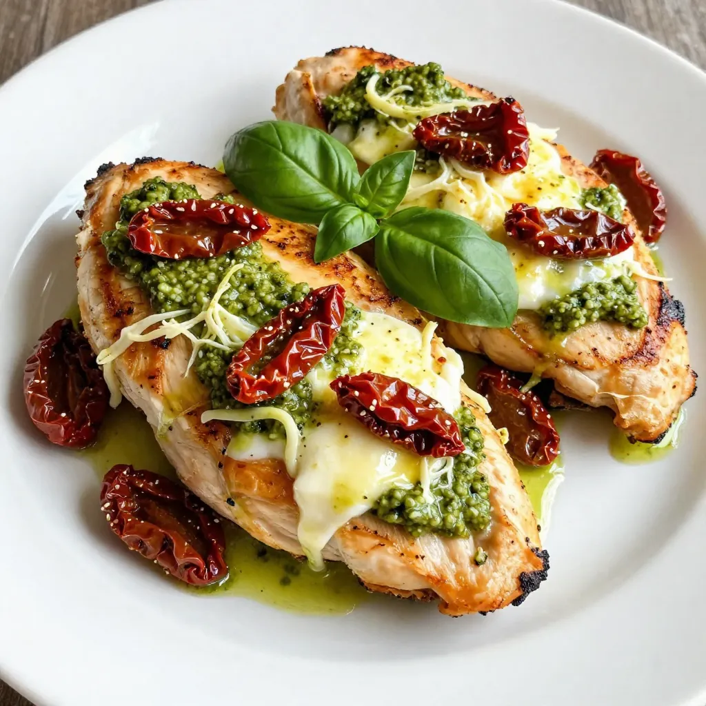 - 2 large chicken breasts - 1 cup fresh mozzarella cheese, shredded or cut into small cubes - 1/2 cup basil pesto (store-bought or homemade) - 1/2 cup sun-dried tomatoes, finely chopped - 1 teaspoon garlic powder - 1 teaspoon Italian seasoning - 2 tablespoons olive oil - Salt and pepper, to taste - Fresh basil leaves, for garnish (optional) Gathering these ingredients is key to making your pesto mozzarella stuffed chicken juicy and flavorful. The chicken breasts form a nice pocket for the stuffing. Fresh mozzarella gives a creamy texture that melts beautifully. Basil pesto adds a rich, herbal taste that makes each bite special. Sun-dried tomatoes bring a sweet and tangy kick to the dish. Using the right seasonings helps enhance the flavors. Garlic powder and Italian seasoning provide a lovely base. Olive oil is vital for cooking the chicken and adding richness. Don't forget salt and pepper; they balance the flavors and elevate the meal. For garnish, fresh basil leaves add color and a burst of freshness. They also make the dish look stunning when served. With these ingredients, you’re set to create a delightful dish that impresses. {{ingredient_image_2}} Preheating the Oven Start by preheating your oven to 375°F (190°C). This step is vital for even cooking. Preparing the Chicken Breasts Lay each chicken breast flat on a cutting board. Use a sharp knife to slice each breast horizontally. Create a pocket but do not cut all the way through. This keeps the filling inside. Combining Cheese, Pesto, and Tomatoes In a mixing bowl, combine 1 cup of shredded mozzarella, 1/2 cup of basil pesto, and 1/2 cup of finely chopped sun-dried tomatoes. Mix well until the filling looks uniform and tasty. Seasoning the Chicken Take each chicken pocket and season the inside with 1 teaspoon of garlic powder, 1 teaspoon of Italian seasoning, and a pinch of salt and pepper. This adds flavor to every bite. Stuffing the Chicken Breasts Carefully stuff each chicken breast with the pesto mixture. Make sure to divide it evenly. Each bite should be full of flavor. Searing and Baking In a large oven-safe skillet, heat 2 tablespoons of olive oil over medium heat. Once hot, place the stuffed chicken breasts in the skillet, smooth side down. Sear for 4-5 minutes on each side until golden brown. This step locks in the juices. After searing, transfer the skillet to your preheated oven. Bake for 15-20 minutes. Check that the chicken reaches an internal temperature of 165°F (75°C). After baking, let the chicken rest for 5 minutes before slicing. This keeps it moist and tasty. How to Achieve the Best Texture To get the best texture, sear the chicken well. Searing locks in juices and helps form a golden crust. Heat the oil until it shimmers before adding the chicken. This step is key to a crispy outside. When baking, do not cover the skillet. This keeps the crust nice and crunchy. Tips for Juicy Chicken For juicy chicken, don’t overcook it. Use a meat thermometer to check the temperature. Cook until the chicken reaches 165°F (75°C). Let the chicken rest for 5 minutes after baking. Resting keeps the juices inside, ensuring every bite is moist. Pairing Options This dish goes well with many sides. Try serving it with a fresh salad or roasted vegetables. A light pasta with olive oil also complements the flavors. You can add some crusty bread for a filling meal. Presentation Ideas For a beautiful presentation, slice the chicken diagonally. Arrange the slices on a platter. Drizzle extra pesto over the chicken for color. Add fresh basil leaves on top for a pop of green. Recommended Skillets Use an oven-safe skillet for this recipe. Cast iron skillets work great for even heat. If you don’t have one, use a heavy stainless-steel pan. The even heat helps with perfect cooking. Importance of a Meat Thermometer A meat thermometer is a must-have tool. It ensures your chicken is cooked safely. Checking the internal temperature prevents dry chicken. Using it makes cooking easier and more precise. Pro Tips Use Fresh Ingredients: Fresh basil and high-quality mozzarella will elevate the flavor of your stuffed chicken. Try to avoid using pre-shredded cheese, as it often contains anti-caking agents that can affect texture. Perfectly Seasoned Pockets: Don't skimp on seasoning the chicken pockets before stuffing. A well-seasoned pocket enhances the overall taste and ensures a flavorful bite every time. Let It Rest: Allowing the chicken to rest for a few minutes after baking is crucial. This step lets the juices redistribute, ensuring that every slice is moist and juicy. Experiment with Fillings: Feel free to customize the stuffing based on your preferences. Adding ingredients like spinach, artichokes, or different cheeses can create exciting variations of this dish. {{image_4}} Cheese Alternatives If you want a different flavor, try using provolone or gouda cheese. These cheeses melt well and add a unique taste. You can also use ricotta for a creamier filling. Pesto Variations You can swap basil pesto for other types. Sun-dried tomato pesto or arugula pesto work great too. Each gives a new twist to the dish. If you want a nut-free option, look for pesto made without pine nuts. Low-Carb Alternatives For a low-carb meal, use chicken thighs instead of breasts. Thighs have more flavor and stay juicy. You can also skip the sun-dried tomatoes or use fewer. Vegetarian Options To make this dish vegetarian, use large portobello mushrooms instead of chicken. Stuff them with the same cheese and pesto mix. Bake until the mushrooms are tender and juicy. Adding Spices Feel free to add spices for extra flavor. A pinch of red pepper flakes can bring heat. You can also try smoked paprika for a smoky twist. Flavorful Add-ins Consider adding spinach or artichoke hearts to the filling. These add taste and nutrition. You can also include olives for a briny kick. Refrigeration Tips Store leftover pesto mozzarella stuffed chicken in an airtight container. Place it in the fridge within two hours of cooking. It will stay fresh for up to three days. Make sure to avoid exposing the chicken to air as this can dry it out. Freezing Guidelines You can freeze this dish if you want to keep it longer. Wrap each stuffed chicken breast tightly in plastic wrap. Then, place the wrapped chicken in a freezer-safe bag. It can last in the freezer for up to three months. When you're ready to eat it, just thaw it in the fridge overnight. Best Methods to Reheat The best way to reheat your chicken is in the oven. Preheat your oven to 350°F (175°C). Place the chicken in a baking dish and cover it with foil. Heat for about 20-25 minutes or until it is warmed through. You can also use a microwave, but it may not keep the texture as nice. If using a microwave, heat on medium power for 2-3 minutes, checking frequently. How Long Does It Last? When stored properly, pesto mozzarella stuffed chicken lasts about three days in the fridge. In the freezer, it can last up to three months. Always check for signs of spoilage, such as an off smell or change in color, before eating. Enjoy every bite of this delicious meal! To check if your chicken is done, use a meat thermometer. The chicken should reach an internal temperature of 165°F (75°C). This ensures it's safe to eat and perfectly cooked. You can also look for visual cues. The chicken should be golden brown and the juices should run clear. If you see any pink, it needs more time. Letting the chicken rest for a few minutes helps it stay juicy too. Yes, you can prepare this dish ahead of time! To store it, wrap the stuffed chicken in plastic wrap or place it in an airtight container. Keep it in the fridge for up to 2 days before cooking. If you want to freeze it, wrap the chicken well and place it in the freezer. It can last for up to 3 months. When you're ready to cook, let it thaw in the fridge overnight for best results. For a great meal, serve your chicken with simple sides. A fresh green salad adds color and crunch. Roasted vegetables like broccoli or asparagus also pair well. You can also serve it with pasta tossed in olive oil. This makes a complete meal that's satisfying. Don't forget to add some crusty bread to soak up any sauce! This blog post covered how to make pesto mozzarella stuffed chicken. We talked about key ingredients like chicken, mozzarella, and sun-dried tomatoes. I shared step-by-step instructions to prepare and cook the dish. You learned tips to get juicy chicken and how to present your meal well. We explored variations to customize the recipe and discussed storage options for leftovers. With these guidelines, you can create a tasty dish with ease. Enjoy your cooking journey!
