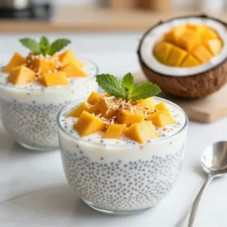 For this tasty treat, you will need: - 1 cup coconut milk (canned or carton) - 1/2 cup almond milk (or any preferred milk) - 1/4 cup chia seeds - 2 tablespoons maple syrup (or honey) - 1 ripe mango, peeled and diced into small cubes - 1/2 teaspoon pure vanilla extract - Pinch of sea salt These ingredients combine to create a creamy, flavorful pudding. You can add a few extras to make this pudding your own: - Toasted coconut flakes, for garnish - Fresh mint leaves, for garnish These toppings enhance both the taste and visual appeal of your dessert. The ingredients in this pudding offer great health benefits: - Chia seeds are full of fiber, protein, and omega-3 fatty acids. They help keep you full. - Coconut milk provides healthy fats that can boost energy. - Mango is high in vitamins A and C, supporting your immune system. - Almond milk is low in calories and a good source of vitamins. This pudding not only tastes good but also nourishes your body. {{ingredient_image_2}} To start, grab a mixing bowl. Pour in 1 cup of coconut milk and 1/2 cup of almond milk. Add 2 tablespoons of maple syrup or honey for sweetness. Whisk the mixture until it is smooth. Next, stir in 1/4 cup of chia seeds, 1/2 teaspoon of pure vanilla extract, and a pinch of sea salt. Mix well to spread the chia seeds evenly. Cover the bowl with plastic wrap or a lid. Place it in the fridge for at least 4 hours, or overnight for best results. To get that perfect pudding texture, ensure the chia seeds are well mixed into the liquid. If the mixture seems thick after chilling, add a splash of your chosen milk. This helps adjust the consistency to your liking. Remember, chia seeds absorb liquid as they sit, so don&rsquo;t panic if it looks too runny at first. Once your chia pudding has set, it&rsquo;s time to layer! Take small bowls or clear parfait glasses. Spoon a layer of chia pudding at the bottom. Next, add a layer of diced mango. Repeat this until the containers are full, finishing with pudding on top. Just before you serve, sprinkle toasted coconut flakes on top and add fresh mint leaves for a lovely touch. These layers not only taste amazing but look beautiful too! To get the best texture in your chia pudding, use the right ratio of liquid to chia seeds. I recommend 4 tablespoons of chia seeds for every cup of liquid. This mix helps create a smooth and creamy pudding. Stir the seeds well into the liquid. Let it sit for about 10 minutes, then stir again. This step prevents clumping. After that, chill it in the fridge for at least four hours. For a thicker pudding, let it sit overnight. Choosing ripe mangoes is key for great flavor. Look for mangoes that feel slightly soft when you press them gently. The skin should have a bright color, often yellow or red. You can also check the smell. A ripe mango has a sweet, fruity scent. If the mango is too hard, it might not be ready yet. You can let it sit at room temperature for a few days to ripen. Once ripe, you can cut it into small cubes for your pudding. One common mistake is not mixing the chia seeds well. If you don&rsquo;t stir them enough, they might clump together. Another mistake is using too little liquid. This can make the pudding dry and gritty. Be sure to measure your ingredients carefully. Lastly, don&rsquo;t rush the chilling time. If you take it out too soon, the texture won&rsquo;t be right. Patience is key to enjoying a delicious mango coconut chia pudding. Pro Tips Chia Seed Soaking: Ensure you soak the chia seeds long enough for them to fully expand, ideally overnight, to achieve the perfect pudding texture. Mango Selection: Choose ripe, sweet mangoes for the best flavor. Look for mangoes that yield slightly to pressure and have a fragrant aroma. Layering Technique: When layering, try to create even layers of pudding and mango for a visually appealing dessert. Use a clear glass to showcase the layers. Garnish for Flavor: Don&rsquo;t skip the toasted coconut flakes and fresh mint leaves; they add not only a pop of color but also enhance the overall flavor profile of the dish. {{image_4}} You can use many milk types in this recipe. Coconut milk gives a rich taste. Almond milk is a great choice for a lighter flavor. If you need nut-free options, try oat milk or soy milk. Each type brings its own unique flavor and texture. So, feel free to experiment. Just pick the one that best fits your needs. Want to switch things up? You can add different flavors to your pudding. For a chocolate twist, mix in a tablespoon of cocoa powder. You can also try spices like cinnamon or nutmeg for warmth. Adding a splash of orange juice or zest can brighten the dish. Get creative with your favorite flavors to make it your own! When serving, think about how to make it special. Use clear glasses to show off the layers. Top it with toasted coconut and fresh mint for a pop of color. You can also pair it with fresh berries or a drizzle of honey. Serve it as a snack, breakfast, or dessert. It&rsquo;s perfect for any time of day! After making your Mango Coconut Chia Pudding, you may have some left. To keep it fresh, place it in an airtight container. This will help prevent any odors from affecting the pudding. Store it in the fridge for the best results. When stored correctly, Mango Coconut Chia Pudding lasts about 4 to 5 days in the fridge. The chia seeds will keep the pudding thick and creamy. If you notice any change in color or smell, it&rsquo;s best to throw it out. You can freeze Mango Coconut Chia Pudding for longer storage. Use freezer-safe containers, leaving some space for expansion. When you&rsquo;re ready to eat it, thaw the pudding overnight in the fridge. Stir well before serving to restore the creamy texture. Yes, you can use other sweeteners. Honey works well in this recipe. You can also try agave syrup or stevia. Each sweetener brings its own flavor. Adjust the amount to suit your taste. Just remember, some sweeteners are sweeter than others. You can store this pudding in the fridge for up to five days. Make sure to keep it in an airtight container. This helps maintain freshness and flavor. After a few days, the texture might change slightly. Stir it before eating if needed. Yes, you can easily make this recipe vegan. Simply swap honey for a vegan sweetener like maple syrup. Both coconut milk and almond milk are vegan-friendly. Enjoy this tasty treat without any animal products! You now know how to make tasty Mango Coconut Chia Pudding. We covered the ingredients you need and how to mix them for the best taste. I provided tips for choosing ripe mangoes and avoiding common mistakes. You can also try different milks and flavors. Lastly, I explained how to store leftovers for later use. Enjoy your pudding, and get creative with it!