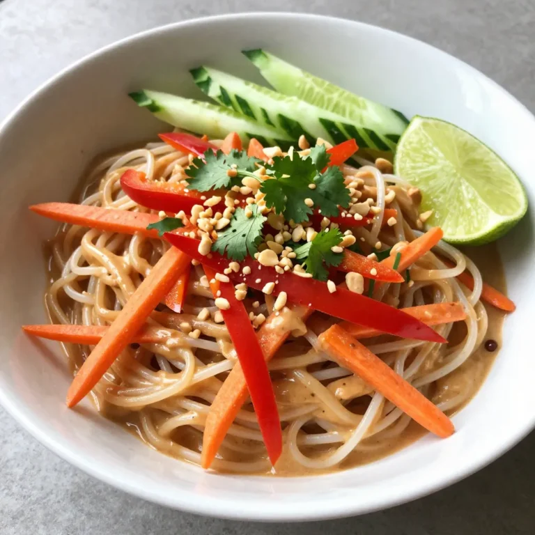 To make Spicy Thai Peanut Noodles, you need these simple ingredients: - 8 oz rice noodles - 1/2 cup creamy peanut butter - 3 tablespoons soy sauce - 2 tablespoons fresh lime juice - 2 tablespoons honey or maple syrup - 1 tablespoon sesame oil - 1-2 teaspoons sriracha (adjust to your spice level) - 1 cup shredded carrots - 1 red bell pepper, thinly sliced - 1 cup cucumber, julienned - 3 green onions, chopped - 1/4 cup fresh cilantro, chopped - Crushed peanuts for garnish You can easily swap some ingredients if needed. Here are some ideas: - Use whole wheat or egg noodles instead of rice noodles. - Almond butter can replace peanut butter for a different flavor. - If you prefer no honey, agave syrup works well too. - For a gluten-free option, choose tamari instead of soy sauce. - You can skip sriracha if you like milder flavors or use another hot sauce. Fresh ingredients add bright flavors and textures. I recommend using fresh veggies like carrots, bell peppers, and cucumbers. They provide crunch and color. Packaged ingredients can save time, especially with shredded carrots. Just check for added sugars or preservatives. In the end, fresh ingredients often give your dish a vibrant taste. However, packaged items can work in a pinch. Choose what fits your schedule and taste! {{ingredient_image_2}} To start, bring a large pot of water to a boil. Add the rice noodles. Cook them for about 6-8 minutes. Check the package for exact timing. Once they are done, drain the noodles in a colander. Rinse them under cold running water. This stops the cooking process and keeps them from sticking. Place the cooled noodles in a large bowl and set them aside. In a medium bowl, combine the creamy peanut butter, soy sauce, fresh lime juice, and honey or maple syrup. Whisk these together until the mix is smooth. Then, add the sesame oil and sriracha. Adjust the spice by adding more sriracha if you like it hotter. Taste the sauce. It should have a nice balance of salty, sweet, and spicy flavors. Now, add the shredded carrots, sliced red bell pepper, and julienned cucumber to the bowl with the noodles. Pour the peanut sauce over the noodle mix. Gently toss everything together until all the noodles and veggies are coated in sauce. For a fresh touch, sprinkle in the chopped green onions and cilantro. Toss lightly again. Serve the noodles in bowls. Top with crushed peanuts for crunch and flavor. Enjoy your delicious meal! If you want more heat, add more sriracha. Start with one teaspoon. Taste the sauce, then add more if you like. For less heat, use less sriracha. You can also swap it for sweet chili sauce. This will still give you flavor without too much spice. For a great look, serve your noodles in deep bowls. Add a sprinkle of crushed peanuts on top. This adds crunch and color. Place a lime wedge on the side for fresh juice. Whole cilantro leaves can also brighten the dish. These small touches make your meal stand out. One mistake is overcooking the noodles. Follow the package time carefully. Rinse them well after cooking to stop the heat. Another mistake is not tasting the sauce. Always taste and adjust flavors before mixing. Lastly, don’t skip the fresh herbs. They add flavor and freshness to your dish. Pro Tips Perfecting the Noodles: Make sure to rinse the cooked rice noodles under cold water to stop the cooking process. This will prevent them from becoming mushy and help them maintain their texture. Balancing Flavors: Taste your peanut sauce before mixing it with the noodles. Adjust the sweetness or spiciness to your preference by adding more honey or sriracha, ensuring a balanced flavor profile. Freshness Matters: Use fresh vegetables for the best crunch and flavor. You can also add other vegetables like bell peppers or snap peas for added color and texture. Serving Suggestions: Serve the noodles chilled or at room temperature for a refreshing meal. This dish also makes a great side for grilled meats or can be served with extra lime wedges for added zest. {{image_4}} You can easily make these noodles vegetarian or vegan. Use plant-based honey or maple syrup to keep it vegan. Make sure your soy sauce is gluten-free if needed. For a heartier option, add tofu or tempeh. Both soak up flavor well and add protein. Feeling hungry? You can add more protein to your dish. Grilled chicken, shrimp, or beef work great. Just cook them separately and mix them in. For a meat-free option, try chickpeas or edamame. They add texture and flavor to your meal. Seasonal veggies can give your dish a fresh twist. In spring, use snap peas or asparagus. They add crunch and color. In summer, cherry tomatoes and zucchini are great choices. For fall, try roasted butternut squash or kale. These veggies make every bowl unique and fun! I love keeping leftovers from my Spicy Thai Peanut Noodles. They stay tasty in the fridge. To store, place the noodles in an airtight container. Make sure they cool completely first. They last for about 3 to 4 days. If you have extra sauce, store it separately. This helps keep the noodles from getting soggy. Reheating these noodles is simple. You can use a microwave or a pan on the stove. If using the microwave, place the noodles in a bowl with a splash of water. Cover and heat for 1-2 minutes. Stir halfway through. If using a pan, add a little oil over low heat. Toss the noodles for 5-7 minutes until warm. Always check the temperature before serving. You can freeze these noodles for later. Start by placing them in a freezer-safe container. Make sure to separate the sauce and veggies. They freeze well for up to 2 months. When ready to eat, thaw in the fridge overnight. Reheat as mentioned above. This way, you can enjoy a quick meal anytime! Yes, you can make Spicy Thai Peanut Noodles ahead of time. Prepare the noodles and sauce in advance. Store them separately in airtight containers. When ready to eat, combine them and toss with fresh veggies. This dish tastes great after sitting in the fridge for a few hours. Just remember to add fresh herbs just before serving for the best flavor. If you can't find rice noodles, don't worry! You can use other types of noodles. Try using whole wheat spaghetti or even zucchini noodles for a low-carb option. Each type will give a different texture but will still soak up that tasty peanut sauce. Just cook them according to the package instructions and follow the same steps to mix with the sauce. The spice level in these noodles is quite adjustable. You start with 1-2 teaspoons of sriracha. If you want it spicier, just add more. Taste as you go, so you find the heat that suits you. If you prefer milder noodles, reduce the sriracha. You can also add a little more peanut butter to balance the heat. Enjoy tailoring it to your taste! In this blog post, we explored how to make Spicy Thai Peanut Noodles. We covered the key ingredients, plus substitutions for fresh or packaged options. The step-by-step cooking guide ensures a tasty dish every time. Consider adjusting spice levels to fit your taste. Use our tips to avoid common mistakes. Remember, these noodles can adapt for vegetarians or those wanting more protein. With proper storage, you can enjoy leftovers later. Now, you have the tools to make a great meal that fits your needs and taste. Enjoy!