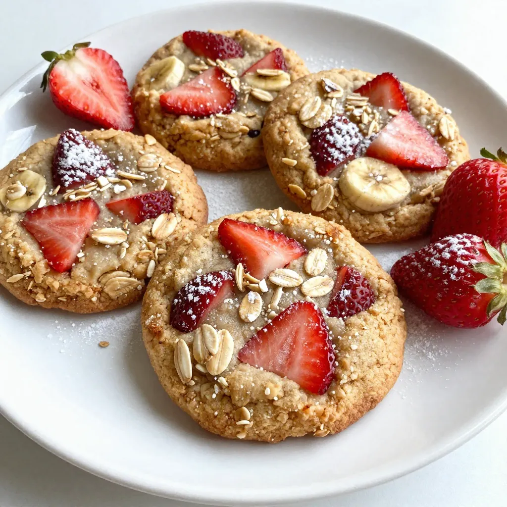 To make Strawberry Banana Oatmeal Cookies, you will need a few simple ingredients. Each one plays a key role in creating a tasty treat. Here’s what you will need: - 1 cup rolled oats - 1 ripe banana, thoroughly mashed - 1/2 cup fresh strawberries, chopped into small pieces - 1/4 cup almond butter (or your preferred nut butter) - 1/4 cup honey or maple syrup - 1/2 teaspoon vanilla extract - 1/2 teaspoon baking powder - 1/4 teaspoon salt - 1/2 teaspoon ground cinnamon - 1/4 cup chopped walnuts or pecans (optional) These ingredients blend together to create soft, chewy cookies that burst with flavor. The oats provide a hearty base. The banana adds natural sweetness and moisture. Fresh strawberries give a juicy pop. Almond butter brings richness, while honey or maple syrup enhances the sweetness. Each spice, like cinnamon, adds warmth. If you want a crunch, try adding walnuts or pecans. They give texture and nutty flavor. This cookie recipe is flexible. You can swap ingredients based on what you have. Enjoy the process of mixing, baking, and, of course, tasting your cookies! {{ingredient_image_2}} First, you need to get your oven ready. Preheat it to 350°F (175°C). This step is key for even baking. Next, line a baking sheet with parchment paper. This helps the cookies not stick and makes cleanup easy. In a medium bowl, mash one ripe banana until it’s smooth. Then, add in 1/4 cup of almond butter. This gives the cookies a nice nutty flavor. Next, pour in 1/4 cup of honey or maple syrup for sweetness. Finally, add 1/2 teaspoon of vanilla extract. Use a fork or whisk to mix these until they blend well. The mixture should be smooth and creamy. Take another bowl and add 1 cup of rolled oats. This is the base of your cookies. Next, add 1/2 teaspoon of baking powder, 1/4 teaspoon of salt, and 1/2 teaspoon of ground cinnamon. Whisk these dry ingredients together until they are mixed evenly. This step ensures your cookies rise nicely and have great flavor. Now, slowly add the dry mix to the wet mix. Stir continuously until no dry bits remain. This helps create a nice dough. Then, gently fold in 1/2 cup of chopped fresh strawberries. If you like nuts, you can add 1/4 cup of chopped walnuts or pecans too. Be careful not to crush the strawberries. You want those juicy bits to stay whole for flavor. Using a tablespoon or cookie scoop, spoon out the dough onto the prepared baking sheet. Leave about 2 inches between each mound for spreading. Bake the cookies in your preheated oven for 12-15 minutes. They should turn golden brown around the edges and feel set in the middle. Once they’re done, let them cool on the sheet for 5 minutes. After that, move them to a wire rack to cool completely. This step is important for getting that chewy texture just right. Choosing ripe bananas is key. Look for bananas with brown spots. They are sweeter and mash easily. This adds great flavor to your cookies. When using strawberries, fresh ones are best. They provide a juicy burst in each bite. If fresh ones are not available, frozen strawberries can work too. Just make sure to thaw and drain them well. This stops the cookies from getting soggy. You want chewy cookies, right? The key is to not overmix the dough. Once you add the dry ingredients, mix just until combined. This keeps your cookies soft. Cooling is also important. After baking, let the cookies sit on the sheet for five minutes. This helps them set. Then, move them to a wire rack. It allows air to flow around them. This keeps them chewy and not hard. For serving, display the cookies on a nice plate. Add a few fresh strawberries next to them for color. This makes your treat look fancy. You can garnish the cookies by lightly dusting them with powdered sugar. It adds a sweet finish. Pair them with a cup of tea or coffee for a lovely snack. Pro Tips Use Overripe Bananas: The riper the banana, the sweeter and more flavorful your cookies will be. Look for bananas with brown spots for the best results. Chill the Dough: If you find the dough too sticky, chill it in the refrigerator for about 30 minutes. This will make it easier to scoop and shape. Variations with Spices: Feel free to experiment with spices like nutmeg or ginger to add a unique flavor twist to your cookies. Storing Cookies: Store the cookies in an airtight container at room temperature for up to a week. For longer freshness, refrigerate or freeze them. {{image_4}} You can change the taste of your cookies easily. Adding chocolate chips gives a sweet twist. Use about 1/2 cup of your favorite chips. They melt and mix well with the fruity flavors. Another option is to switch the nut butter. If you don’t like almond butter, try peanut or cashew butter. Each type brings a unique taste to your cookies. If you need gluten-free cookies, use gluten-free oats. They work just like regular oats. For sweeteners, try maple syrup or agave nectar instead of honey. Both options keep the cookies sweet and tasty without gluten. You can make nut-free cookies too. Just leave out any nuts from the recipe. For the nut butter, use sunflower seed butter or soy nut butter. These options keep the cookies creamy without nuts, great for schools or kids with allergies. To keep your cookies fresh, use an airtight container. A glass jar or plastic box works well. Store them at room temperature for up to a week. If you want them to last longer, keep them in the fridge. This can help maintain their taste and texture. You can freeze these cookies for up to three months. To freeze, place them in a single layer on a baking sheet. Once frozen, transfer them to a freezer-safe bag. Make sure to remove as much air as possible. To thaw, leave them at room temperature for about 30 minutes. To maintain texture, do not microwave them. Instead, let them sit out or place them in the oven at a low heat. This way, they stay chewy and delicious. Yes, you can. Applesauce works well as a substitute. Use 1/4 cup of applesauce for each banana. This will keep the cookies moist and sweet. To make these cookies vegan, replace honey with maple syrup. Use a plant-based nut butter. This keeps the recipe delicious without any animal products. One mistake is over-mixing the dough. This can make the cookies tough. Another mistake is using unripe bananas. They should be fully ripe for the best flavor. Yes, you can use quick oats. They will change the texture slightly, making cookies a bit softer. Rolled oats give a chewier cookie, but quick oats will still taste great. Look for a golden brown edge. The center should feel set but soft. If you press gently, they should spring back. Let them cool for a chewy texture. These cookies combine simple ingredients like oats, bananas, and strawberries to create tasty treats. You learned how to prep, mix, and bake them step by step. I shared tips for texture and storage, plus fun variations for added flavor. Remember, these cookies are easy to customize, making them your own. I hope you enjoy baking and sharing these delightful cookies with friends and family. They are sure to please!