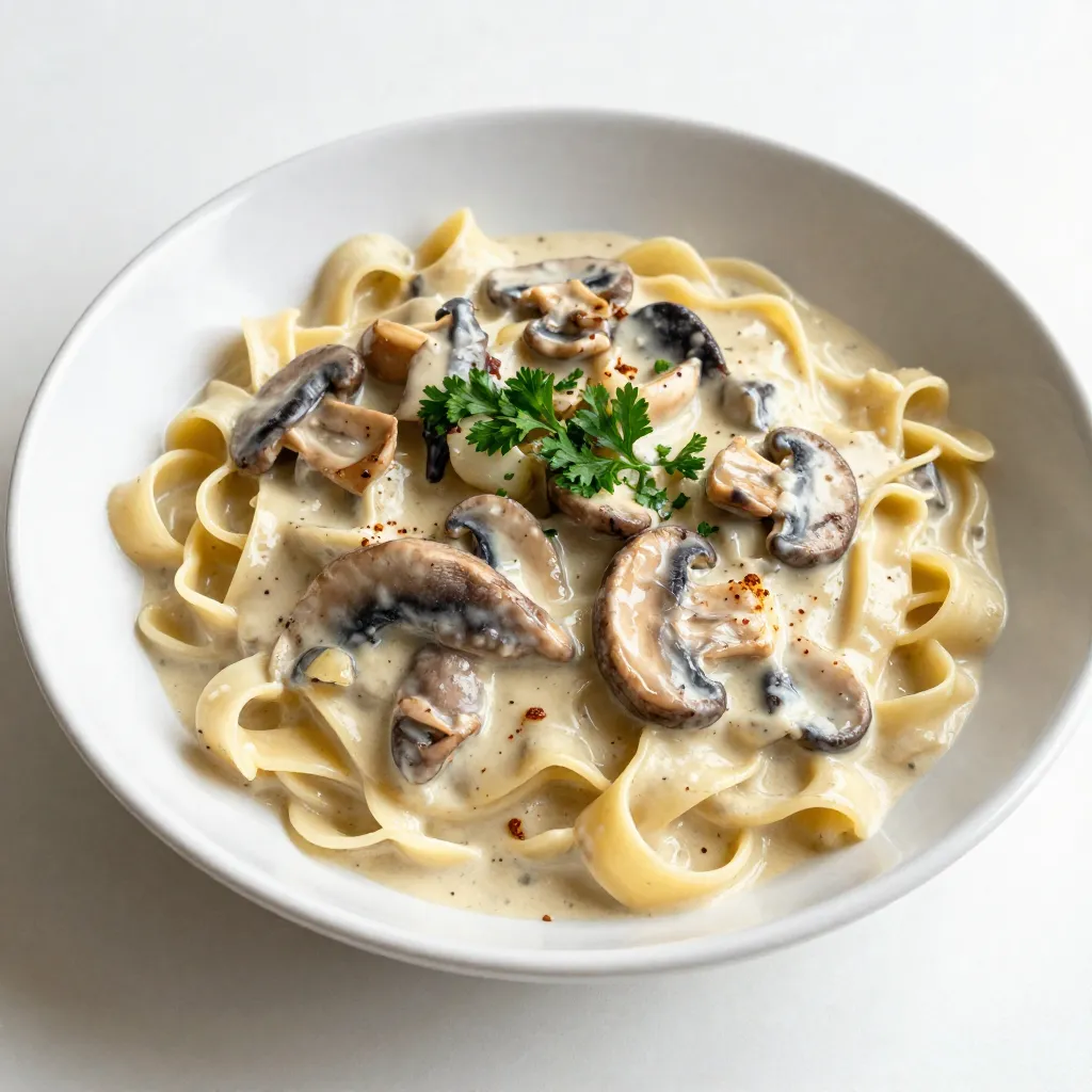 - 12 oz (340g) wide egg noodles - 2 tablespoons olive oil - 1 medium onion, finely chopped - 3 cloves garlic, minced - 16 oz (450g) mixed mushrooms (cremini, shiitake, and button), sliced - 1 tablespoon soy sauce - 1 teaspoon dried thyme - 1 teaspoon smoked paprika - 1 cup vegetable broth - 1 cup sour cream or Greek yogurt - 2 tablespoons all-purpose flour - Salt and pepper to taste - Fresh parsley, chopped (for garnish) Gathering these ingredients is the first step to making creamy mushroom stroganoff. Each one plays a key role in building the rich flavor of this dish. The wide egg noodles provide a great base, soaking up the creamy sauce. Olive oil helps to sauté the onions and mushrooms, creating a savory foundation. The combination of mixed mushrooms adds depth. I love using cremini, shiitake, and button mushrooms for their unique flavors. Soy sauce, thyme, and smoked paprika enhance the umami notes. Vegetable broth gives the sauce body, while sour cream or Greek yogurt adds creaminess. The flour thickens the sauce, and salt and pepper bring it all together. Finally, the fresh parsley on top brightens the dish and adds a touch of color. - Large pot for boiling noodles - Large skillet for sautéing - Measuring cups and spoons - Cutting board and knife You will need a few key tools to make this dish. A large pot is essential for boiling the egg noodles. A large skillet is perfect for sautéing the onions, garlic, and mushrooms. Measuring cups and spoons help ensure you use the right amounts. A cutting board and knife make chopping easy and safe. - Calories: 450 - Protein: 12g - Carbs: 55g - Fats: 20g This dish packs a good amount of calories and carbs, primarily from the noodles. The protein comes mainly from the mushrooms and sour cream. It's a filling meal perfect for any night. You can now start cooking with confidence! {{ingredient_image_2}} - Cooking the egg noodles Start by boiling a large pot of water. Add a pinch of salt. Cook 12 oz of wide egg noodles according to the package. Stir them often. When they are tender but firm, drain and set aside. - Sautéing the onion and garlic Heat 2 tablespoons of olive oil in a large skillet over medium heat. Add 1 medium onion, finely chopped. Sauté for about 4-5 minutes. The onion should look soft and clear. Then, add 3 minced garlic cloves. Stir well for 1 minute until you smell that lovely garlic aroma. - Cooking the mushrooms Add 16 oz of mixed mushrooms, sliced (cremini, shiitake, and button). Stir them into the pan. Sauté for 8-10 minutes, stirring occasionally. You want the mushrooms to be golden and tender. This step brings out their rich flavor. - Adding seasoning and flour Pour in 1 tablespoon of soy sauce, 1 teaspoon of dried thyme, and 1 teaspoon of smoked paprika. Stir this mixture well. Cook for 1 minute to let the flavors blend. Then, sprinkle 2 tablespoons of all-purpose flour over the mushrooms. Mix quickly to combine. - Incorporating the vegetable broth Slowly pour in 1 cup of vegetable broth while stirring. This will help prevent lumps. Bring the sauce to a gentle simmer. Allow it to thicken for about 3-4 minutes. - Mixing in sour cream or yogurt Reduce the heat to low. Carefully add 1 cup of sour cream or Greek yogurt. Stir until the sauce is smooth and creamy. Let it warm for 2-3 minutes. Taste and add salt and pepper as needed. - Combining noodles with sauce Now, add the cooked egg noodles to the creamy mushroom sauce. Toss gently to coat the noodles evenly in the sauce. - Plating and garnishing suggestions Serve the stroganoff in shallow bowls. Top each bowl with freshly chopped parsley. A drizzle of olive oil adds a nice touch. Enjoy your rich and tasty dish! To get that creamy texture, I recommend using a mix of sour cream and Greek yogurt. A 50/50 ratio works well. This blend gives you a rich taste while keeping the sauce smooth. To ensure no lumps, stir the sour cream or yogurt in slowly. Mix it with the sauce on low heat. This way, you achieve a silky sauce that hugs the noodles. Sautéing mushrooms right is key for great flavor. Start with a hot skillet and add olive oil first. Let the oil shimmer before adding the mushrooms. Cook them until they turn golden brown. This brings out their natural sweetness. Also, season at the right time. Adding soy sauce and spices while the mushrooms cook boosts the flavor. It creates a well-rounded taste that shines through. One common mistake is overcooking the noodles. Cook them just until they are al dente. This keeps them firm and helps them hold the sauce well. Another mistake is skipping the sauté step. Don't rush! Sautéing onions and garlic first builds a flavor base. Missing this step can lead to a bland dish. Take your time to layer those flavors for the best result. Pro Tips Use Fresh Mushrooms: Fresh mushrooms will provide a richer flavor and better texture compared to canned or frozen options. Adjust Creaminess: For a lighter version, substitute half of the sour cream with unsweetened Greek yogurt for a tangy twist. Add a Splash of Wine: Consider adding a splash of white wine after sautéing the mushrooms to enhance depth of flavor. Perfect Pasta Pairing: If you prefer a gluten-free option, use gluten-free pasta or zucchini noodles for a delicious alternative. {{image_4}} You can change the noodles to suit your taste. Try using: - Brown rice noodles - Whole wheat noodles - Gluten-free pasta If you want a different taste, swap sour cream for: - Greek yogurt for a tangy flavor - Silken tofu for a creamy vegan option - Cashew cream for a nutty twist To make this dish heartier, add proteins like: - Cooked chicken for a meaty bite - Ground beef for a classic touch - Tofu for a plant-based boost You can also mix in vegetables such as: - Spinach for a pop of green - Peas for a sweet flavor - Bell peppers for crunch If you need gluten-free options, use: - Gluten-free pasta available in stores - Rice or quinoa for a different base To make it vegan, replace: - Sour cream with a plant-based option - Vegetable broth with homemade or store-bought vegan broth These changes keep the dish tasty while meeting your diet needs. Enjoy the fun of creating your own version! To keep your creamy mushroom stroganoff fresh, follow these tips: - Let the dish cool first. - Store leftovers in an airtight container. - Keep it in the fridge for up to three days. Using glass containers helps prevent odors. You can heat your stroganoff in two ways: 1. Microwave: Place in a bowl. Cover it loosely. Heat in 30-second bursts, stirring in between. 2. Stovetop: Use a pan over low heat. Add a splash of broth or water. Stir often to warm it evenly. To prevent drying out, always add a bit of liquid. You can freeze your stroganoff for later use: - Cool it completely before freezing. - Use a freezer-safe container or a zip-top bag. - Label it with the date and store for up to two months. For thawing, move it to the fridge overnight. Reheat using stovetop or microwave, adding liquid as needed. Yes, you can use different mushrooms. Mixing mushrooms adds depth to the dish. - Cremini: Earthy and rich in flavor. - Shiitake: Adds a meaty texture and umami taste. - Button: Mild and soft, perfect for balance. Using a mix gives your stroganoff a variety of flavors. This makes each bite unique. To make this creamy mushroom stroganoff vegan, swap some ingredients. - Cream Substitute: Use a plant-based cream or cashew cream instead of sour cream. - Broth Substitute: Replace vegetable broth with a vegan broth or water. These swaps keep the dish rich and creamy without any animal products. Yes, you can prepare this dish ahead. Meal prepping saves time and effort. - Cook Noodles: You can cook the noodles and store them. Just keep them separate from the sauce. - Make the Sauce: Prepare the creamy mushroom sauce and cool it before storing. When ready to eat, reheat the sauce and mix in the noodles. This keeps everything tasty and fresh. You’ve learned how to make a rich and creamy mushroom stroganoff. We covered the key ingredients, cooking steps, and useful tips for the best flavor. I also shared how to store and reheat leftovers. Whether you stick to the recipe or opt for a tasty variation, enjoy the cooking process. This dish is flexible and rewarding. Try it out and impress your family or friends with your skills!