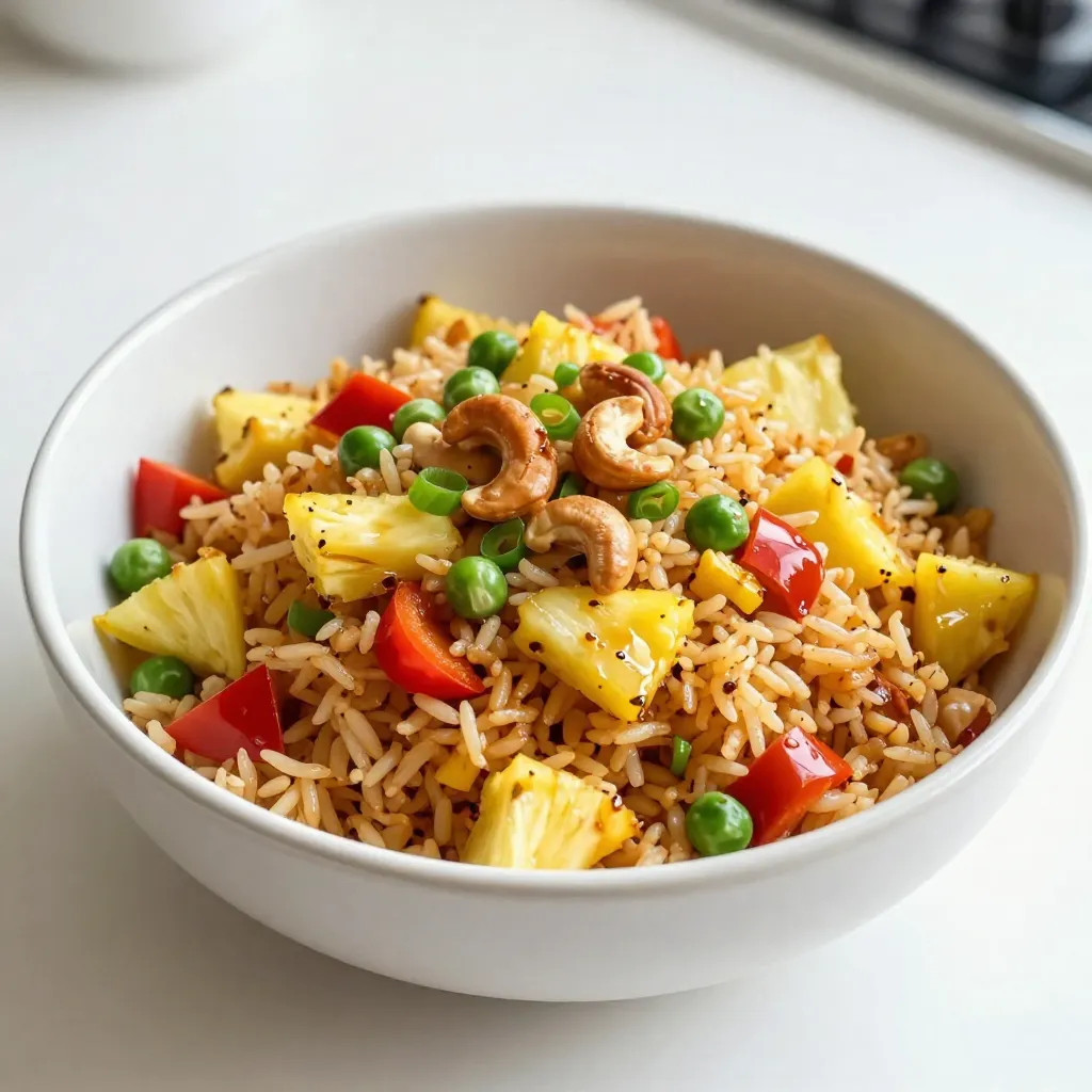 - 2 cups cooked jasmine rice - 1 cup fresh pineapple, diced - 1/2 cup red bell pepper, diced - 1/2 cup green peas - 1/4 cup red onion, chopped - 2 cloves garlic, minced - 2 tablespoons soy sauce or tamari - 1 tablespoon sesame oil - 1 tablespoon olive oil - 1/4 cup scallions, sliced - 1/4 teaspoon cayenne pepper (optional) - Salt and black pepper to taste - 1/4 cup chopped cashews Using the right ingredients makes a big difference in flavor. I love using jasmine rice for this dish. It adds a nice fragrance and texture. Fresh pineapple gives a sweet burst that brightens up the meal. Red bell pepper adds color and sweetness. Green peas bring a lovely pop of green and texture. Garlic and red onion provide a strong base of flavor. The soy sauce or tamari adds saltiness. I recommend tamari for a gluten-free option. Sesame oil offers a lovely nutty taste. Olive oil is great for sautéing. Cayenne pepper gives a spicy kick if you like heat. Lastly, cashews add a satisfying crunch. These ingredients all come together to create a dish that is not only tasty but also fun to eat. - Use gluten-free soy sauce like tamari if needed. - You can swap in other veggies like carrots or peas. - Canola or avocado oil work well if you don’t have olive oil. Feel free to mix and match! Cooking is all about creativity. Use what you have, and you’ll still end up with a delicious dish. {{ingredient_image_2}} Getting the rice ready Use 2 cups of cooked jasmine rice. Leftover rice works best. Make sure it is chilled. This helps keep the rice from clumping. If you don’t have leftover rice, cook it and let it cool. Chopping vegetables and fruit Chop your vegetables and fruit. Dice 1 cup of fresh pineapple into small pieces. Finely chop 1/2 cup of red bell pepper. Get 1/4 cup of red onion and chop it small. Mince 2 cloves of garlic. You can also measure 1/2 cup of green peas. Sautéing onions and garlic In a large skillet, heat 1 tablespoon of olive oil over medium-high heat. Add the red onion and minced garlic. Sauté them for 2-3 minutes. The onion should turn soft and fragrant. Incorporating vegetables and pineapple Add the diced red bell pepper to the pan. Cook for another 2-3 minutes. Push the veggies to one side of the skillet. Pour in 1 tablespoon of sesame oil. Then, add the chilled jasmine rice. Break up any clumps and stir-fry for a few minutes. Mixing in sauces and final ingredients Now, add the diced pineapple to the skillet. Let it caramelize for about 2 minutes. Next, pour in 2 tablespoons of soy sauce. Mix everything well. Stir in the green peas and optional cayenne pepper. Season with salt and black pepper to taste. Cook for 2 more minutes. How to plate the dish For a fun twist, serve your fried rice in hollowed-out pineapple halves. This adds a tropical flair. If not, use a bright bowl for a colorful presentation. Garnishes for added flavor Finish the dish with 1/4 cup of chopped cashews and sliced scallions on top. This adds crunch and freshness. You can also add a lime wedge for a zesty touch. Choosing the right rice is key. I love using jasmine rice. It has a soft texture and great flavor. For the best results, use chilled, leftover rice. This helps keep the grains separate. Freshly cooked rice can be too sticky. To adjust flavors, use seasonings wisely. Start with soy sauce. It adds umami and depth. You can also add salt and pepper to taste. If you want a kick, try cayenne pepper. Just a pinch makes a big difference. High heat is vital for stir-frying. It cooks the rice fast and keeps it from being mushy. Use a large skillet or wok to get the best results. Heat the oil until it shimmers. This step makes a big difference. To prevent sticking, keep stirring. Move the rice around the pan. Don’t let it sit too long. If rice sticks, it can ruin the texture. Serving in pineapple halves is a fun idea. It gives a tropical look and taste. Just hollow out the pineapple and fill it with fried rice. To make your dish pop, use garnishes. Scallions add color and freshness. A wedge of lime gives brightness. You can also sprinkle chopped cashews on top for crunch. These small touches make a big impact on your plate. Pro Tips Use Day-Old Rice: For the best texture, use leftover jasmine rice that's been chilled in the fridge. It helps prevent the rice from becoming mushy during cooking. Fresh Pineapple Flavor: If possible, opt for fresh pineapple over canned to enhance the tropical flavor and sweetness of the dish. Customize Your Veggies: Feel free to add or substitute vegetables based on what you have on hand, like carrots, peas, or corn for added color and nutrition. Garnish for Presentation: Enhance your dish's presentation by garnishing with sliced scallions, chopped cilantro, or even a few lime wedges for a fresh citrus kick. {{image_4}} To make Tropical Pineapple Fried Rice vegetarian or vegan, simply remove any meat. Use plant-based ingredients instead. You can add tofu or tempeh for protein. These options absorb flavors well and keep the dish hearty. Want to boost those tropical vibes? Add other fruits like mango or coconut. They bring sweetness and a fresh twist. You can also try spices like ginger or turmeric for a more vibrant taste. These additions enhance the dish and make it exciting. If you love heat, add different peppers, like jalapeños or serranos. They give a nice kick. You can also use chili sauces for added zing. Just drizzle some over the rice before serving. Adjust the spice level to fit your taste. To keep your Tropical Pineapple Fried Rice fresh, follow these simple steps: - Cool the rice: Let it sit until it reaches room temperature. - Use airtight containers: Place the rice in a container with a tight seal. - Label and date: Write the date on the container to track freshness. In the fridge, this dish lasts about 3 to 4 days. Make sure to check for any off smells before eating. If you want to store it for longer, freezing is a great option. Here’s how to do it: - Divide into portions: Break the rice into smaller servings for easy use. - Wrap well: Use plastic wrap or freezer bags to prevent freezer burn. - Label each bag: Write the date and contents on each bag. To reheat, follow these tips for the best results: - Thaw in the fridge: Move it to the fridge a day before you plan to eat. - Use a skillet: Heat in a skillet over medium heat, stirring often. - Add a splash of water: If it seems dry, add a bit of water or oil as needed. This way, you can enjoy your Tropical Pineapple Fried Rice even after a few days! The best rice for fried rice is jasmine rice. It has a light, fluffy texture. Other types, like basmati, can work but may be too fragrant. Jasmine rice holds flavors well and gets a nice, slightly sticky texture when cooked. This rice is perfect for stir-frying. It keeps its shape and soaks up sauces nicely. Yes, you can use canned pineapple. Canned pineapple is convenient and sweet. However, it may have a softer texture and more syrup. If you want a fresh taste, use fresh pineapple. Fresh pineapple adds a nice crunch and bright flavor. If you choose canned, drain it well to avoid excess moisture. To make fried rice without gluten, use gluten-free soy sauce, like tamari. This option has a similar taste. Check the label to ensure it is gluten-free. Other alternatives include coconut aminos, which give a sweet, salty flavor. Both options work well in fried rice and keep it tasty. This blog post covered how to make delicious fried rice. We discussed the best ingredients, helpful tips, and various options to customize your dish. You learned about ingredient swaps, cooking steps, and storage methods to keep your fried rice fresh. Now you can impress friends and family with your cooking skills. Enjoy experimenting with flavors and share your creations! Cooking can be fun, easy, and filled with surprises. Dive in and make your own special version!