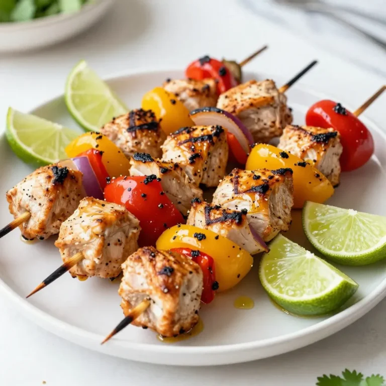 For these tasty kabobs, you need: - 1.5 pounds boneless, skinless chicken breasts, cut into 1-inch cubes - 3 tablespoons extra virgin olive oil - Juice of 2 fresh limes - Zest of 1 lime - Salt and freshly ground black pepper to taste The spice mix gives great flavor. You will need: - 2 teaspoons chili powder - 1 teaspoon ground cumin - 1 teaspoon garlic powder - 1 teaspoon onion powder - 1 teaspoon smoked paprika Adding veggies makes the kabobs colorful and fun. Try these: - 1 red bell pepper, cut into 1-inch pieces - 1 yellow bell pepper, cut into 1-inch pieces - 1 medium red onion, cut into 1-inch pieces - Use wooden or metal skewers to hold everything together These ingredients blend to create a bright, zesty flavor that everyone will love. {{ingredient_image_2}} To start, gather a large bowl. In it, combine 3 tablespoons of extra virgin olive oil with the juice of 2 fresh limes. Then add the zest of 1 lime, 2 teaspoons of chili powder, 1 teaspoon of ground cumin, garlic powder, onion powder, and smoked paprika. Sprinkle in salt and black pepper to taste. Whisk until the mixture is smooth. This marinade will bring great flavor to the chicken. Now, take 1.5 pounds of boneless, skinless chicken breasts and cut them into 1-inch cubes. Place the chicken pieces in the marinade. Mix well, making sure each piece gets coated. Cover the bowl with plastic wrap or a lid. Refrigerate for at least 30 minutes. For the best taste, let it sit for up to 2 hours. The longer it marinates, the more flavor it will soak up. While the chicken marinates, prepare your skewers. If you use wooden skewers, soak them in water for at least 30 minutes. This keeps them from burning on the grill. After that, take the marinated chicken and alternate threading it onto the skewers with red and yellow bell pepper pieces and chunks of red onion. Aim for a colorful look, as it makes the kabobs more appealing. Preheat your grill to medium-high heat. Once hot, carefully place the kabobs on the grill. Cook for about 10 to 12 minutes. Turn them occasionally to ensure they cook evenly and get nice grill marks. Check the chicken’s internal temperature; it should reach 165°F (75°C) to be safe to eat. After cooking, let the kabobs rest for a few minutes. This helps keep the chicken juicy and tender. Marinating chicken is key for great flavor. I suggest marinating for at least 30 minutes. If you have more time, aim for 2 hours. This gives the chicken time to soak in the tasty chili lime mix. Make sure to coat every piece of chicken well in the marinade. This way, each bite is juicy and flavorful. If you use wooden skewers, soaking them is a must. Soak them in water for at least 30 minutes. This step helps stop the skewers from burning on the grill. It also keeps the chicken secure as it cooks. Remember to drain them before adding the chicken. Grill heat is important for even cooking. Preheat your grill to medium-high heat. This helps the chicken cook through and get those nice grill marks. Place the kabobs on the grill and turn them every few minutes. This way, they cook evenly and look great when served. Aim for an internal chicken temperature of 165°F (75°C) for safety and taste. Pro Tips Marination Time: For the best flavor, marinate the chicken for at least 2 hours, or even overnight if possible. This allows the spices to penetrate deeply into the meat. Colorful Presentation: Use a variety of colorful vegetables like zucchini or cherry tomatoes along with the bell peppers and onion to make your kabobs visually appealing. Even Cooking: Make sure to cut the chicken and vegetables into uniform sizes to ensure even cooking on the grill. Resting Period: Allow the kabobs to rest for at least 5 minutes after grilling. This helps the juices redistribute, making the chicken more tender and juicy. {{image_4}} You can use different proteins for kabobs. Shrimp works well with the chili lime flavor. Use about 1.5 pounds of large shrimp, peeled and deveined. Beef is another option. Choose sirloin or tenderloin cut into 1-inch cubes. Marinate it just like the chicken for great taste. If you want a vegan option, try using firm tofu or seitan. Cut tofu into 1-inch cubes and press out excess moisture. Marinate it in the same mix for added flavor. You can also use veggies like zucchini, mushrooms, or eggplant. Combine these with bell peppers and onions for a colorful kabob. While the chili lime marinade is tasty, you can mix it up. Try a teriyaki marinade for a sweet twist. Combine soy sauce, honey, and ginger. Another option is a yogurt marinade with spices like curry or tandoori. This adds creaminess and depth to your kabobs. Experiment with flavors to find your favorite! Store leftover kabobs in an airtight container. Place them in the fridge for up to three days. Be sure they cool down before sealing. This keeps the flavors fresh and safe. If you want to keep them longer, consider freezing. To reheat, take the kabobs out of the fridge. You can use a microwave or an oven. If you use a microwave, heat in short bursts. Check often to avoid drying them out. For the oven, preheat to 350°F. Heat for about 10 minutes. Check that the chicken is warm throughout. For meal prep, freeze kabobs in a sealed bag. Lay them flat in the freezer. This saves space and helps them freeze evenly. They can last up to three months in the freezer. When you're ready to eat, thaw them in the fridge overnight before reheating. You should marinate the chicken for at least 30 minutes. This time helps the chicken soak in the flavors. For the best taste, marinate for up to 2 hours. This allows the spices and lime to really shine. These kabobs pair well with many sides. Try fluffy cilantro lime rice for a fresh touch. A garden salad also complements the dish nicely. You can add some fresh lime wedges for extra zing. This makes your meal colorful and tasty. Yes, you can grill these kabobs indoors. Use a grill pan or an electric grill. Ensure your kitchen is well-ventilated to avoid smoke. Cooking indoors gives you control over the heat and time. Just watch the cooking closely for best results. The safe internal temperature for chicken is 165°F (75°C). Use a meat thermometer to check the temperature. This ensures your chicken is safe to eat and juicy. Perfectly cooked chicken will keep its flavor and texture. Chili Lime Grilled Chicken Kabobs offer a tasty and fun meal. We covered key ingredients, from chicken to spices and veggies. I explained how to prepare the marinade and grill your kabobs perfectly. You can use different proteins and marinades to fit your taste. Don't forget proper storage and reheating tips for leftovers. Enjoy your kabobs today, and have fun experimenting! Cooking is about trying new things and sharing great meals!