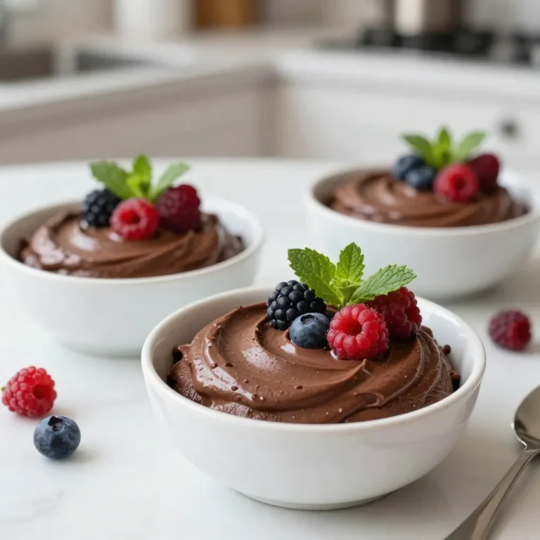When making Vegan Chocolate Avocado Mousse, you will need a few simple items. Here’s the list of ingredients to gather: - 2 ripe avocados - 1/2 cup unsweetened cocoa powder - 1/3 cup maple syrup - 1/2 cup almond milk - 1 teaspoon pure vanilla extract - 1/4 teaspoon fine sea salt - 1-2 tablespoons melted coconut oil (optional) - Fresh berries and mint leaves for garnish (optional) Each ingredient plays a key role in creating that rich, creamy texture. The ripe avocados add a smooth base, while cocoa powder gives it that deep chocolate flavor. Maple syrup adds sweetness, and almond milk helps blend it all into a creamy delight. The vanilla extract enhances the taste, and a pinch of salt balances the flavors. Coconut oil is optional, but it can add a nice richness. Don’t forget the berries and mint leaves! They make a lovely garnish and add freshness to your dish. Gather these items, and you’re ready to create a delicious dessert that impresses! {{ingredient_image_2}} To start, I choose two ripe avocados. Their skin should be dark and slightly soft. I cut them in half, remove the pit, and scoop the green flesh into my food processor. This step is crucial. The avocado gives the mousse its creamy texture. Next, I add the cocoa powder, maple syrup, almond milk, vanilla extract, and sea salt into the processor with the avocados. If I want extra creaminess, I pour in melted coconut oil. I blend everything on high speed. I pause to scrape down the sides. This ensures all the flavors mix well. When it looks silky smooth, I taste it. If I want it sweeter, I add more maple syrup and blend again. After blending, I spoon the mousse into small bowls. I cover them and chill in the fridge for at least 30 minutes. Chilling helps the mousse firm up and develop flavors. When ready to serve, I take it out and garnish with fresh berries and mint leaves. This adds a nice touch and bright flavor. To get that silky smooth texture, start with ripe avocados. They should feel soft but not mushy. Use a food processor or a strong blender for the best results. Blend the ingredients until they are very smooth. Don’t forget to scrape the sides of the bowl. This step ensures that everything mixes well. If the mousse is too thick, add a splash more almond milk. This will help it blend smoothly. Maple syrup gives a nice sweetness to the mousse. Start with 1/3 cup, then taste it. If you want it sweeter, add more syrup by the tablespoon. Blend again after each addition. This way, you can find the right level of sweetness for your taste. Remember, everyone's preference is different. Don’t rush this part; take your time to get it just right. Serve the mousse chilled for the best flavor. Spoon it into small bowls or elegant glasses for a nice touch. Top it with fresh berries and mint leaves for color and flavor. You can also drizzle a bit of extra maple syrup on top. This adds a nice shine and sweetness. Sharing with friends? You can easily double the recipe for a larger crowd. Enjoy this rich and creamy delight! Pro Tips Choose Ripe Avocados: Ensure your avocados are perfectly ripe for the best creaminess and flavor. They should yield slightly to gentle pressure. Adjust Sweetness: Taste the mousse after blending and adjust the maple syrup according to your sweetness preference for a custom dessert. Chill for Best Results: Allow the mousse to chill in the refrigerator for at least 30 minutes to enhance the flavors and improve the texture. Garnish Creatively: Add fresh berries and mint leaves not only for a pop of color but also to complement the rich chocolate flavor. {{image_4}} You can easily change the taste of your mousse. Add one teaspoon of mint extract for a fresh kick. If you want a coffee twist, try one tablespoon of espresso powder. Both flavors pair well with chocolate. You can also add a pinch of cinnamon for warmth. Experiment with what you love! Maple syrup is great, but you can try other sweeteners too. Agave nectar or date syrup works well if you prefer. For a low-calorie option, use stevia or monk fruit. Adjust the amount based on your taste. Start with a small amount, then blend and taste. You can always add more! Toppings make your mousse extra special. Fresh berries add color and flavor. Try strawberries, raspberries, or blueberries. You can also sprinkle some chopped nuts for crunch. If you like a creamy touch, add a dollop of coconut whipped cream. Garnish with mint leaves for a fresh look. Get creative! To keep your vegan chocolate avocado mousse fresh, place it in an airtight container. This helps avoid any strange smells or flavors from your fridge. Cover the mousse with plastic wrap or a lid. Store it in the refrigerator. You can freeze leftover mousse if you want to save it for later. Use a freezer-safe container. Make sure to leave some space at the top, as the mousse may expand when frozen. When you are ready to eat it, let it thaw in the fridge overnight. The mousse will last about 3 to 5 days in the fridge. Over time, it may change in texture or flavor. If you see any browning on the surface, just stir it in. It’s still safe to eat. Enjoy your mousse while it's fresh for the best taste! Yes, avocado mousse is very healthy. It uses ripe avocados, which are full of good fats. These fats can help your heart stay strong. The cocoa powder gives you antioxidants, which are great for your body. Maple syrup adds sweetness without refined sugar. This mousse has fiber, vitamins, and minerals too. It’s a dessert that feels rich but is packed with nutrients. Yes, you can make this mousse nut-free. Instead of almond milk, use a nut-free plant milk. Options like soy milk, oat milk, or rice milk work well. They blend nicely and keep the mousse creamy. Just make sure to check labels for any hidden nuts in store-bought options. This way, everyone can enjoy the mousse without worry. To sweeten your mousse without adding more sugar, try blending in ripe bananas. They add natural sweetness and keep the mousse creamy. You can also add a touch of vanilla or a splash of orange juice for flavor. If you want, add a bit of maple syrup in small amounts and taste as you go. This way, you can find the perfect sweetness for your taste buds. This blog post shared a tasty recipe for avocado mousse. You learned about the main ingredients, step-by-step instructions, and helpful tips. You can enjoy this treat in many ways with various flavors. Store leftovers easily for a fresh dessert later. Remember, this mousse is healthy and fun to make. You can adjust sweetness, flavors, and toppings to fit your taste. Have fun experimenting and enjoy each bite!