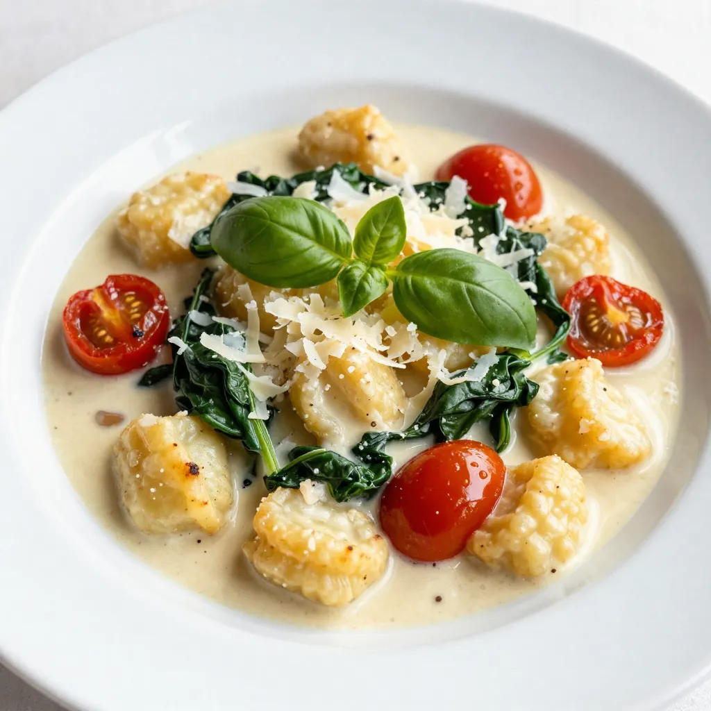 To make One-Pot Creamy Tuscan Gnocchi, you need these key ingredients: - 1 pound potato gnocchi - 2 tablespoons extra-virgin olive oil - 3 cloves garlic, finely minced - 1 cup cherry tomatoes, halved - 1 cup fresh baby spinach - 1 cup heavy cream - 1 cup low-sodium vegetable broth - 1 teaspoon dried basil - 1 teaspoon dried oregano - Sea salt and freshly cracked black pepper, to taste - ½ cup grated Parmesan cheese, plus extra for serving - Fresh basil leaves, for garnish These ingredients create a rich and creamy dish that is full of flavor. You can add extra flavors to the dish. Consider these options: - Cooked chicken or shrimp for protein - Mushrooms for an earthy taste - Sun-dried tomatoes for added sweetness - Red pepper flakes for heat These add-ins can make your dish more unique and satisfying. Garnishes can elevate your meal's look and flavor. Try these: - Extra grated Parmesan cheese - Fresh basil leaves for color - A drizzle of olive oil for richness These garnishes make each serving visually appealing and tasty. {{ingredient_image_2}} Start by heating 2 tablespoons of extra-virgin olive oil in a large pot over medium heat. When the oil shimmers, add 3 cloves of finely minced garlic. Sauté the garlic for about 1 minute. You want it fragrant and golden, not burnt. Next, add 1 cup of halved cherry tomatoes to the pot. Stir them occasionally and cook for 3-4 minutes. You will see them soften and release their juices. Then, toss in 1 cup of fresh baby spinach. Stir for about 2 minutes until it wilts down completely. After preparing the sauce base, pour in 1 cup of heavy cream and 1 cup of low-sodium vegetable broth. Add 1 teaspoon of dried basil and 1 teaspoon of dried oregano. Season with sea salt and freshly cracked black pepper. Stir everything well to combine. Increase the heat slightly to bring the mixture to a gentle simmer. Now, carefully add 1 pound of potato gnocchi. Stir well to ensure they are submerged in the creamy sauce. Cook for about 5-7 minutes. You will know the gnocchi are done when they float to the surface and become tender. Once the gnocchi are fully cooked, remove the pot from the heat. Stir in ½ cup of grated Parmesan cheese until it melts and creates a velvety texture. Taste the sauce and adjust the seasoning if needed. Let the mixture rest for a few minutes. It will thicken slightly as it sits. To serve, ladle the creamy gnocchi into bowls. Garnish with fresh basil leaves and an extra sprinkle of Parmesan cheese. Enjoy this creamy dish! When cooking gnocchi, always boil them in salted water. This adds flavor right away. Use a large pot to give them space to move. Once they float, they are done. This takes about 5-7 minutes. Add more herbs to boost the taste. Fresh basil gives a bright note. You can also use rosemary or thyme. A squeeze of lemon juice adds a zesty kick. Lastly, mix in some red pepper flakes for heat. Don’t overcrowd the pot with gnocchi. This makes them stick together. Avoid cooking them too long; they can turn mushy. If your sauce is too thick, add a splash of broth or cream. Taste your dish before serving to adjust the seasoning. Pro Tips Perfecting Gnocchi: For the best texture, look for gnocchi that are light and fluffy. You can also make your own fresh gnocchi for a gourmet touch! Enhancing Flavor: Feel free to add red pepper flakes for a bit of heat or a splash of white wine for added depth in flavor when sautéing the garlic. Vegetable Variations: Add other vegetables like zucchini or bell peppers for extra nutrients and color. Just sauté them with the garlic before adding the tomatoes. Resting Time: Letting the dish rest for a few minutes after cooking allows the flavors to meld and the sauce to thicken, enhancing the overall taste. {{image_4}} You can add protein to your one-pot creamy Tuscan gnocchi for extra flavor. Chicken and shrimp work well. For chicken, use boneless, skinless breasts. Cook them in the pot before adding garlic. Cut them into bite-sized pieces for fast cooking. For shrimp, add them when the sauce is simmering. Cook until they turn pink and curl up. Both options make the dish hearty and satisfying. This dish can easily cater to vegetarians and vegans. For a vegetarian twist, just skip any meat. You can add more veggies like mushrooms or bell peppers. To make it vegan, replace heavy cream with coconut milk or cashew cream. Use nutritional yeast instead of Parmesan to keep that cheesy flavor. The dish stays creamy and rich without dairy. Using seasonal ingredients can enhance your gnocchi. In spring, add asparagus or peas for a fresh touch. In summer, try zucchini or bell peppers for vibrant color. In fall, swap in pumpkin or butternut squash for a cozy flavor. Winter calls for kale or Brussels sprouts. These swaps keep your meal exciting and flavorful all year round. To store leftover creamy Tuscan gnocchi, let it cool first. Then, place it in an airtight container. Make sure to cover it tightly. You can keep it in the fridge for up to three days. When you’re ready to eat, take the gnocchi out of the fridge. Place it in a pot over low heat. Stir it gently as it warms up. You can add a splash of vegetable broth or cream for moisture. Heat it until it is hot all the way through. If you want to freeze the gnocchi, use a freezer-safe container. Allow it to cool completely before sealing it. The gnocchi can last for up to three months in the freezer. To thaw, move it to the fridge overnight. Reheat as described above. Yes, you can use store-bought gnocchi. It saves time and effort. Look for fresh or frozen gnocchi at the store. Both options work well in this recipe. Just cook them according to package instructions. Then, follow the steps here. It’s a quick way to enjoy a tasty meal! To make this dish gluten-free, use gluten-free gnocchi. Many brands offer good options now. Check the label for gluten-free status. You can also use gluten-free pasta if needed. Just adjust cooking times as needed. The sauce will still be rich and creamy! If you want a lighter option, try using half-and-half. It adds creaminess but with less fat. You can also use coconut milk for a dairy-free choice. Silken tofu blended until smooth is another great option. This keeps the creamy texture while adding a unique flavor. This blog post covered how to make gnocchi from scratch. You learned about essential ingredients, optional add-ins, and garnishes. I shared step-by-step instructions, tips, and common mistakes to avoid. We explored protein options, vegetarian swaps, and seasonal changes. Lastly, I explained how to store leftovers and answered FAQs. Making gnocchi can be fun and easy. With these tips, you will impress your friends and family. Enjoy creating your own delicious dishes!