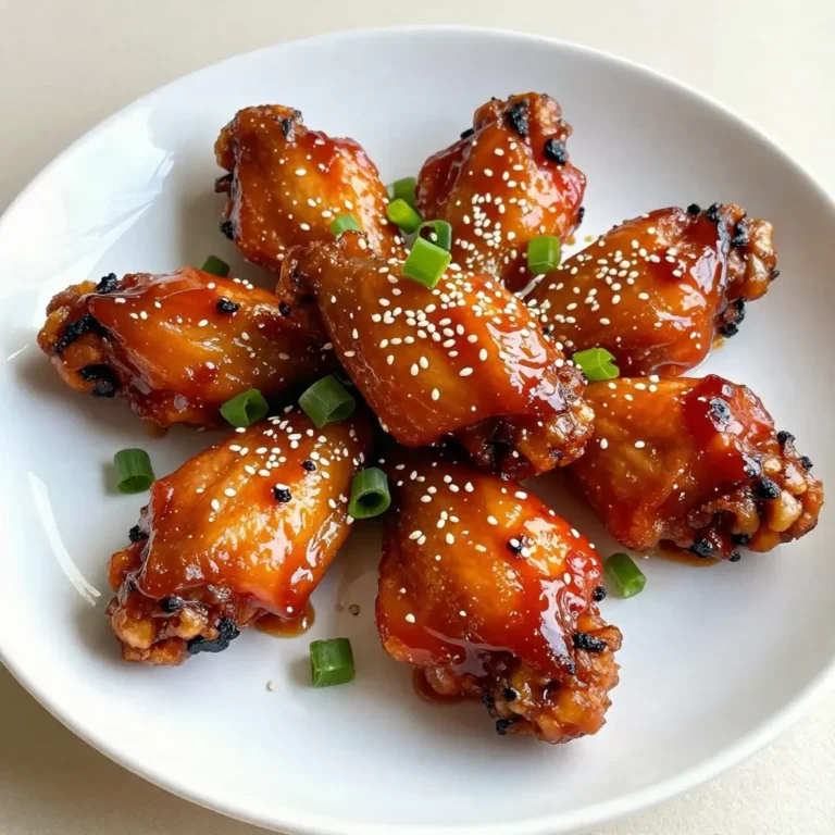- 2 pounds chicken wings - 1/2 cup gochujang (Korean chili paste) - 1/4 cup honey - 2 tablespoons soy sauce - 1 tablespoon sesame oil - 4 cloves garlic, minced - 1 teaspoon fresh ginger, grated - 1 tablespoon rice vinegar - 1 tablespoon brown sugar - 1 teaspoon freshly ground black pepper - 1 tablespoon sesame seeds (for garnish) - 2 green onions, finely chopped (for garnish) Gochujang is the star of this dish. This thick, red paste has a unique blend of heat and sweetness. It comes from fermented soybeans, which adds depth to the flavor. Honey adds sweetness. It balances out the heat from the gochujang. Soy sauce gives a savory touch. Sesame oil brings a nutty flavor. Garlic and ginger add freshness and warmth. These ingredients work together to create a bold flavor boost. If you can’t find gochujang, you can use sriracha mixed with miso paste. It won't taste the same, but it adds heat. For honey, agave syrup works well. If soy sauce is out, you can use tamari for a gluten-free option. Don't have sesame oil? Try olive oil instead, but it will change the taste a bit. Fresh ginger can be swapped with ground ginger, but use less. Each swap may alter the flavor slightly, so adjust to your taste. {{ingredient_image_2}} To make Sweet & Spicy Korean Chicken Wings, start by making the marinade. In a large bowl, mix together the gochujang, honey, soy sauce, sesame oil, garlic, ginger, rice vinegar, brown sugar, and black pepper. Stir until smooth. This mixture adds bold flavor to the wings. Next, add the chicken wings to the bowl. Use your hands to coat each wing fully. Cover the bowl with plastic wrap. Place it in the fridge for at least one hour. For better taste, marinate the chicken overnight. Preheat your oven to 425°F (220°C). This temperature is key for crispiness. While it heats, prepare a baking sheet. Line it with aluminum foil for easy cleanup. Place a wire rack on top of the baking sheet. This allows hot air to flow around the wings. Arrange the marinated wings in a single layer on the rack. Make sure they are not touching for even cooking. Bake the wings for 30-35 minutes. Halfway through, flip them to ensure they cook evenly. This step helps get that perfect crispiness. Marinating is crucial for flavor. Use fresh ingredients to boost taste. If you have time, let the wings sit in the marinade overnight. This gives the flavors more time to blend. If you want a spicier kick, add more gochujang. For a milder taste, reduce the amount. Always save some marinade to brush on the wings later. This adds an extra layer of flavor right before they finish baking. To get your chicken wings crispy, follow these steps: - Use a wire rack on your baking sheet. - This allows hot air to circulate around the wings. - Bake at 425°F (220°C) for 30-35 minutes. - Flip them halfway for even cooking. - Brush on reserved marinade in the last 5 minutes. - This adds flavor while helping the skin crisp up. Want to boost the flavor? Here are some ideas: - Add a splash of lime juice to the marinade. - Spice it up with extra gochujang for more heat. - Mix in some sesame seeds before baking. - For a smoky touch, try smoked paprika in the marinade. - Fresh herbs like cilantro can brighten the dish. Here’s what to watch out for: - Don’t skip marinating; it adds depth. - Avoid crowding the wings on the baking sheet. - Use a meat thermometer to check doneness (165°F or 74°C). - Don’t forget to save some marinade for brushing! - Let the wings rest before serving to keep them juicy. Pro Tips Marinate Longer for Depth: For the best flavor, marinate the chicken wings overnight. This allows the spices and sauces to penetrate deeply, resulting in a more robust taste. Crispy Skin Trick: Using a wire rack helps air circulate around the wings as they bake, promoting a crispy skin. Make sure the wings are not touching for optimal crispiness. Adjust Spice Level: If you prefer milder wings, reduce the amount of gochujang or mix it with a little ketchup to tone down the heat while maintaining flavor. Garnish Creatively: Enhance the presentation by adding colorful garnishes like sliced radishes or cilantro alongside the sesame seeds and green onions for a vibrant platter. {{image_4}} You can cook these wings in many ways. The air fryer is one of my favorites. It gives the wings a crispy texture with less oil. Set the air fryer to 400°F (200°C). Cook for 25-30 minutes, flipping halfway. Grilling is another great option. It adds a smoky flavor. Preheat your grill to medium heat. Cook for about 20-25 minutes, turning often. Make sure the wings are cooked through. You can adjust the heat level to your taste. Use less gochujang to make the wings mild. You can also add honey for a sweeter taste. If you want them spicier, add more gochujang or some chili flakes. Garnishing adds a nice touch to your wings. Besides sesame seeds and green onions, try using chopped cilantro. It brings a fresh taste. You can also add a squeeze of lime juice for a zesty kick. For extra crunch, toss on some crushed peanuts or fried shallots. To keep your wings tasty, store them in an airtight container. Let the wings cool first. This helps keep the crispy skin. You can keep them in the fridge for up to three days. If you want to enjoy them later, it’s best to freeze them. If you have extra wings, freezing is a smart choice. Place the cooled wings in a freezer-safe bag. Remove as much air as you can before sealing. Label the bag with the date. You can freeze them for up to three months for the best taste. When you're ready to eat, just thaw them in the fridge overnight. To reheat your wings, use the oven for best results. Preheat your oven to 375°F (190°C). Place the wings on a baking sheet. Heat them for about 10-15 minutes. This will help keep them crispy. If you want extra flavor, brush some marinade on them before reheating. Enjoy your sweet and spicy wings again! Gochujang is a red chili paste from Korea. It has a sweet and spicy taste. You can find it in Asian grocery stores or online. Look for it in the international aisle of your local supermarket too. It comes in a tub or a squeeze bottle. This paste adds depth to many dishes, especially wings. You should marinate chicken wings for at least one hour. This time lets the flavors soak in. For better taste, marinating overnight is even better. The longer the wings sit in the marinade, the more flavorful they become. Just make sure to refrigerate them while marinating. Yes, you can! While wings are best for this recipe, you can use thighs or drumsticks too. Just keep in mind that the cooking time may change. Make sure all pieces are cooked through. Use a meat thermometer to check. It should read 165°F (75°C) at the thickest part. Enjoy your sweet and spicy chicken! In this blog post, we explored key ingredients for chicken wings and shared step-by-step cooking instructions. You learned tips for achieving crispiness, different cooking methods, and how to store leftovers. Remember, marination adds depth to flavor, and small adjustments can improve your wings. Experiment with spice levels and garnishes to make each dish unique. The right ingredients and techniques can turn simple wings into a tasty treat. With this knowledge, you are ready to impress friends and family at your next meal. Enjoy your cooking journey!