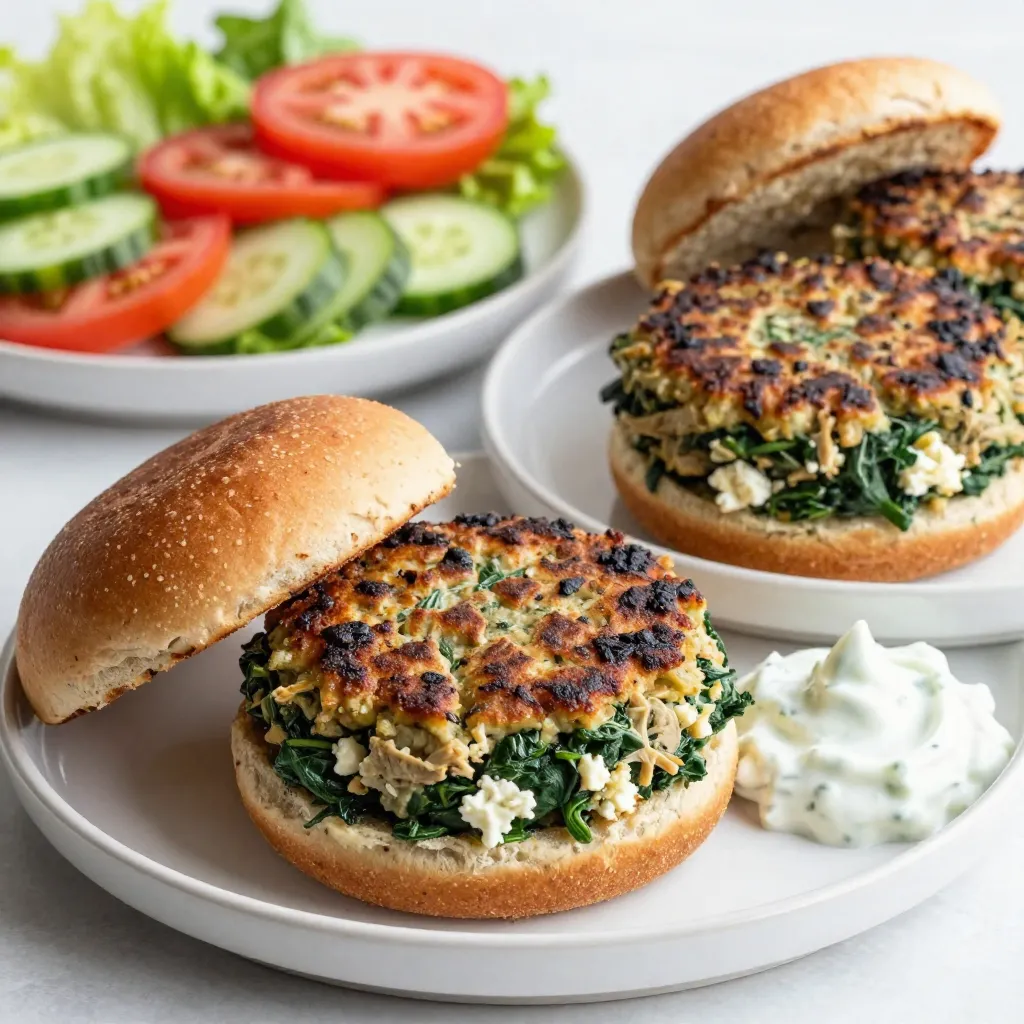 - 1 pound ground turkey - 1 cup fresh spinach, finely chopped - 1/2 cup feta cheese, crumbled Ground turkey is lean and perfect for a healthy burger. It keeps the burger moist without extra fat. Fresh spinach adds color and nutrients. Plus, feta cheese brings a tangy flavor that pairs well with turkey. - Whole wheat burger buns - Toppings: lettuce, tomato, cucumber, tzatziki sauce Whole wheat burger buns add fiber and a nutty taste. Toppings like lettuce and tomato add crunch and freshness. Tzatziki sauce gives a creamy touch that complements the burgers well. - 1/4 cup whole wheat breadcrumbs - 1 small onion, finely chopped - 2 cloves garlic, minced - 1 tablespoon olive oil - 1 teaspoon dried oregano - 1/2 teaspoon freshly ground black pepper - Salt, to taste Whole wheat breadcrumbs help bind the patties together. Onion and garlic add depth and flavor. Oregano gives an herbal note, while black pepper adds a little heat. Salt brings out all the flavors. Each ingredient plays a key role in making these burgers tasty and satisfying. {{ingredient_image_2}} First, we need to sauté the onion and garlic. Heat one tablespoon of olive oil in a medium skillet on medium heat. Add the finely chopped onion and cook it for about 4-5 minutes. You want the onion to turn translucent. This step adds sweetness to the flavor. Next, stir in two minced garlic cloves and sauté for one more minute. Garlic adds a rich aroma to the dish. After cooking, remove the mixture from heat and let it cool slightly. Cooling is key. If you add hot vegetables to the meat, it can change the texture of the patties. Now it's time to mix the patty ingredients. In a large bowl, combine the ground turkey with the cooled onion and garlic mixture. Then, add one cup of finely chopped fresh spinach and half a cup of crumbled feta cheese. The spinach adds color and nutrients. The feta brings a salty, creamy taste. Next, sprinkle in one-fourth cup of whole wheat breadcrumbs, one teaspoon of dried oregano, and half a teaspoon of freshly ground black pepper. Don't forget a pinch of salt. Mix everything with your hands, but be careful. Overmixing can make the patties tough. Gently combine until you see no dry spots. Your mixture should be well blended but still tender. Now, let’s shape the patties. Divide the turkey mixture into equal portions. You should get about 4-5 patties, depending on how thick you like them. Shape each portion into a nice, round patty. Next, it’s time to cook. Preheat your grill or skillet on medium-high heat. Place the patties on the grill or in the skillet. Cook them for about 5-7 minutes on each side. You want a nice golden brown color. Always check for doneness. The internal temperature should be 165°F (74°C). This ensures the burgers are safe to eat and juicy. If you want, you can toast your burger buns while the patties cook. This adds an extra crunch. After cooking, place each patty on a bun and add your favorite toppings. Enjoy your healthy and flavorful Spinach Feta Turkey Burgers! How can you avoid dry patties? To keep your turkey burgers moist, do not overmix the meat. Gently combine the ground turkey with the veggies and cheese. If you overwork the mix, your burgers can become tough. Choosing the right turkey is key. Use ground turkey with some fat, like 85% lean. This helps keep the patties juicy. What additional herbs and spices can you consider? Fresh herbs like parsley or dill can add brightness. You can also try a pinch of red pepper flakes for heat. What about variations in cheese types? You can use goat cheese or mozzarella instead of feta. Each cheese brings its own unique flair to the burger. Is grilling better than pan-searing? Grilling adds a nice smoky flavor to your burgers. It also allows fat to drip away, keeping them lighter. What are some alternative cooking methods? You can bake the patties in the oven at 375°F for about 20 minutes. This method is easy and ensures even cooking. Pro Tips Use Fresh Ingredients: Fresh spinach and high-quality feta cheese will enhance the flavor of your turkey burgers significantly. Don’t Overmix: When combining the ingredients, mix gently to keep the patties tender and prevent them from becoming tough. Check for Doneness: Use a meat thermometer to ensure the internal temperature reaches 165°F (74°C) for safe consumption. Customize Your Toppings: Feel free to get creative with toppings; adding avocado or a spicy sauce can elevate the flavor profile of your burgers. {{image_4}} For a tasty vegetarian option, you can use plant-based ground meat. This swap gives you the same texture without the turkey. You might need to adjust your seasonings a bit. Plant-based meat can be less flavorful, so add extra garlic or herbs to enhance taste. You can get creative with cheeses. Try adding goat cheese for a tangy twist. It melts well and adds great flavor. You can also mix in other vegetables. Chopped bell peppers or zucchini give a fresh crunch and boost the nutrients. Don’t be afraid to experiment! Switch things up by serving burgers in bowls. Place the patty on a bed of greens and add your favorite toppings. Another fun option is lettuce wraps instead of buns. This keeps it light and low-carb while still being delicious. Both styles let you enjoy the flavors in new ways. To keep your spinach feta turkey burgers fresh, store them properly. Place the patties in an airtight container. Refrigerate them for up to three days. If you want to store them longer, freeze the patties. Wrap each patty in plastic wrap, then place them in a freezer-safe bag. This way, they can last up to three months. When you're ready to enjoy your leftover patties, you want to reheat them right. The best way is to use a skillet. Heat the skillet over medium heat and add a splash of water. Cover it with a lid to steam the burgers. This keeps them moist. Make sure they reach an internal temperature of 165°F (74°C) for safety. You can make meal prep easy with these turkey burgers. Prepare the patties in advance and store them in the fridge. Pair them with healthy sides like roasted veggies or a fresh salad. This makes a quick and tasty meal during busy days. You can even assemble burgers ahead of time. Just keep the toppings separate to keep them fresh. Yes, you can use frozen spinach. First, thaw the spinach and drain excess water. This step helps avoid soggy burgers. Use about 1/2 cup of thawed spinach for this recipe. Add it to the turkey mixture just like you would with fresh spinach. There are many tasty sides for these burgers. Consider these options: - Sweet potato fries - Mixed green salad - Grilled vegetables - Quinoa salad - Coleslaw These sides add color and taste to your meal. They also balance the flavors of the burgers. To make gluten-free burgers, swap the breadcrumbs. Use ground oats or gluten-free breadcrumbs instead. For buns, look for gluten-free burger buns in stores. You can also serve the patties in lettuce wraps. This choice is light and adds crunch. In this post, we explored how to make easy spinach feta turkey burgers. We covered key ingredients like ground turkey, spinach, and feta cheese. I shared step-by-step instructions, along with helpful tips for cooking and storing. Remember, you can adjust the recipe for variations, like using plant-based meat or trying different cheeses. With these ideas, you can enjoy delicious burgers your way. Now, it’s time to fire up the grill or stove and create a tasty meal for yourself or loved ones. Enjoy!