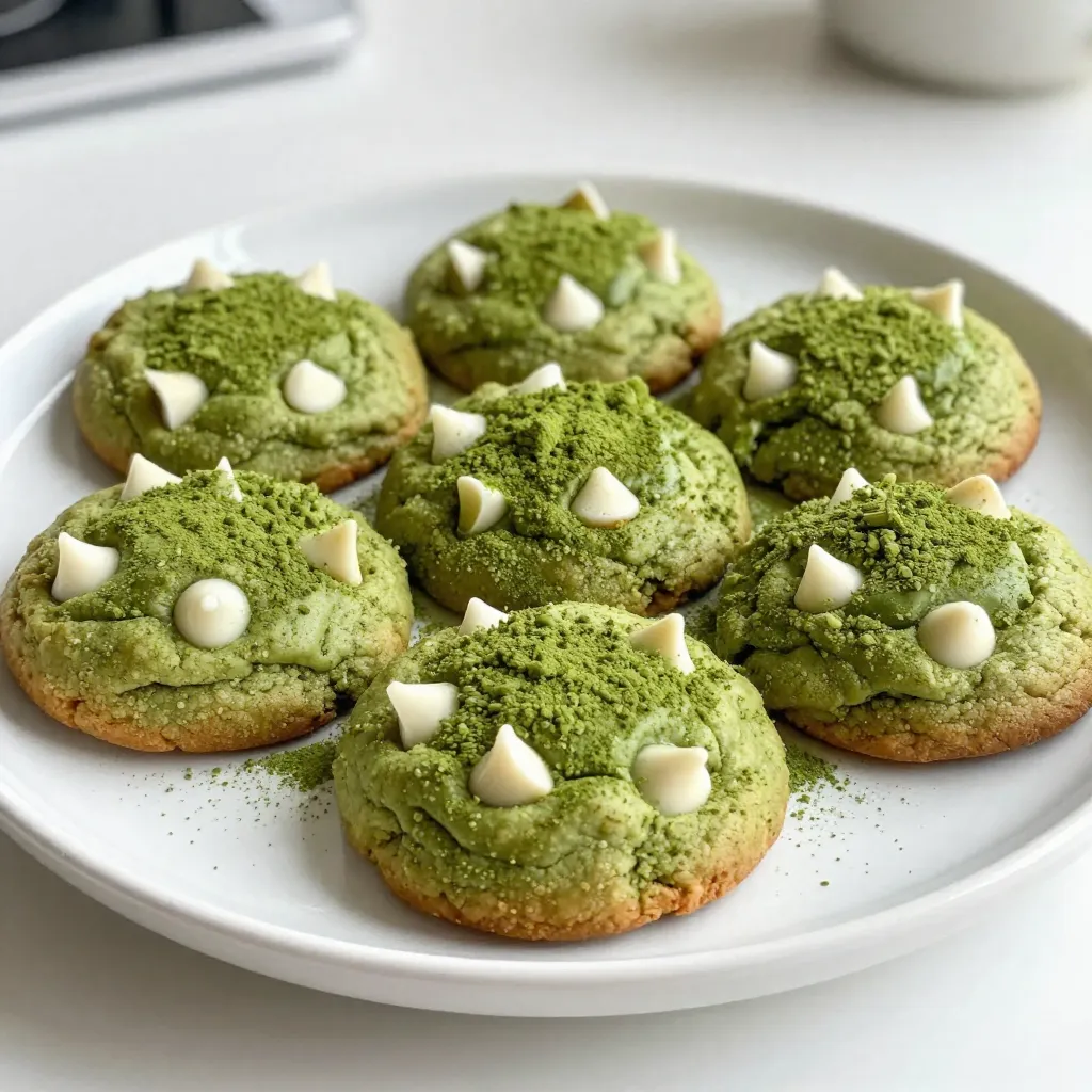 To make these tasty cookies, you need: - 1 cup all-purpose flour - 1/2 cup matcha powder - 1/2 teaspoon baking soda - 1/4 teaspoon salt - 1/2 cup unsalted butter, softened - 1/2 cup packed light brown sugar - 1/4 cup granulated sugar - 1 large egg - 1 teaspoon pure vanilla extract - 1 cup white chocolate chips These ingredients blend together to create a soft, chewy cookie with a beautiful green hue. You can enhance your cookies with: - 1/4 cup chopped macadamia nuts These nuts add a nice crunch and a hint of richness. Feel free to mix and match your favorites! If you need to make changes, consider these options: - Use coconut oil instead of butter for a dairy-free version. - Swap all-purpose flour for almond flour to make them gluten-free. - Try using dark chocolate chips if you want a different flavor. These substitutions keep the spirit of the cookies while meeting your dietary needs. {{ingredient_image_2}} Start by preheating your oven to 350°F (175°C). This is key for even baking. Next, prepare your baking sheet. Line it with parchment paper to stop cookies from sticking. This will help your cookies come off easily. In a medium bowl, whisk together your dry ingredients. Combine 1 cup of all-purpose flour, 1/2 cup of matcha powder, 1/2 teaspoon of baking soda, and 1/4 teaspoon of salt. Mixing these evenly is important. Set this bowl aside to use later. In a large bowl, beat together 1/2 cup of softened butter, 1/2 cup of packed brown sugar, and 1/4 cup of granulated sugar. Use an electric mixer for this step. Mix until the blend is light and fluffy, about 2-3 minutes. A pale color is what you want to see. Now, add 1 large egg and 1 teaspoon of pure vanilla extract to your butter mix. Beat until everything is smooth. Gradually mix in the dry ingredients. Stir just until they combine. Avoid overmixing to keep your cookies soft. Gently fold in 1 cup of white chocolate chips. If you like, add 1/4 cup of chopped macadamia nuts for extra crunch. The sweet chocolate pairs perfectly with matcha. Using a cookie scoop or a tablespoon, drop rounded dough onto the prepared sheet. Leave about 2 inches between each scoop. This space helps cookies spread without merging. Bake your cookies for 10-12 minutes. You want the edges to turn golden brown, while the centers stay soft. Once done, let the cookies cool on the sheet for 5 minutes. Then, move them to a wire rack to cool completely. Enjoy the sweet aroma while waiting! To get soft and chewy cookies, use room temperature butter. Cream it well with sugars until light and fluffy. This adds air, which helps the cookies rise. Mix the dry ingredients gently. Overmixing can lead to tough cookies. Fold in the white chocolate chips carefully. This keeps your cookie texture nice. To stop your cookies from spreading too much, chill the dough for at least 30 minutes. This helps the butter firm up. Also, ensure you leave enough space on the baking sheet. Each cookie needs about 2 inches apart to spread properly. If the dough is too warm, the cookies will spread too thin. Store your cookies in an airtight container. This keeps them soft and fresh. Place a slice of bread in the container to help maintain moisture. If you want to keep them longer, freeze the cookies. Just remember to thaw them at room temperature before enjoying. This way, your cookies stay tasty for days! Pro Tips Use High-Quality Matcha: For the best flavor and color, opt for culinary-grade matcha from a reputable source. It will enhance the overall taste of your cookies. Chill the Dough: If you have time, chill the cookie dough for 30 minutes before baking. This helps to prevent spreading and results in thicker cookies. Watch the Baking Time: Keep an eye on your cookies towards the end of the baking time. They should be lightly golden on the edges but soft in the center for the perfect texture. Experiment with Add-ins: Feel free to mix in different add-ins such as nuts, dried fruits, or even a touch of citrus zest for a unique flavor twist. {{image_4}} You can boost your cookies by adding nuts or dried fruits. Chopped macadamia nuts add a lovely crunch. They also pair well with the sweet white chocolate. If you want more variety, try walnuts or pecans. For dried fruits, consider raisins or cranberries. They add a nice chew and sweetness. Just mix them in when you add the white chocolate chips. To make these cookies even more exciting, think about adding flavored zest. Lemon or orange zest gives a bright twist to the matcha flavor. Use about one teaspoon of zest for a refreshing touch. If you like spices, a pinch of ginger or cardamom can also enhance the taste. It’s fun to experiment with these flavors. You can easily make these cookies gluten-free. Swap the all-purpose flour for a gluten-free blend. Ensure it has a good texture for cookies. If you want vegan cookies, replace the butter with coconut oil. Use a flax egg instead of a regular egg. Mix one tablespoon of flaxseed meal with two and a half tablespoons of water. Let it sit for five minutes to thicken. This makes a great egg substitute. To keep your matcha white chocolate cookies fresh, store them in an airtight container. This helps maintain their softness. You can use a cookie jar or a plastic container with a tight lid. Place parchment paper between layers if stacking. This prevents sticking and keeps the cookies intact. You can freeze these cookies for later enjoyment. First, let the cookies cool completely. Then, place them in a single layer on a baking sheet. Freeze for about an hour until firm. After that, transfer them to a freezer-safe bag or container. Be sure to remove as much air as possible. They can stay in the freezer for up to three months. To thaw your frozen cookies, take them out and let them sit at room temperature for about 30 minutes. If you want them warm, preheat your oven to 350°F (175°C). Place the cookies on a baking sheet and heat for about 5-7 minutes. This will restore their lovely texture and warmth. Enjoy them fresh! Matcha adds a unique green color and earthy flavor to cookies. It also gives a slight bitterness that balances the sweetness of white chocolate. The matcha boosts the cookie's health benefits too. It provides antioxidants and can give you a gentle energy lift. Yes, you can make these cookies in advance. Prepare the dough and chill it in the fridge for up to 48 hours. This allows the flavors to meld nicely. When ready, scoop and bake them fresh for a warm treat. These cookies last about 5 days when stored in an airtight container at room temperature. If you want them to last longer, you can freeze them. Just ensure to wrap them well to prevent freezer burn. Absolutely! You can use dark or milk chocolate if you prefer. Each type will change the flavor profile slightly. Dark chocolate will add richness, while milk chocolate will make them sweeter. Yes, matcha powder is safe for children in moderate amounts. Its caffeine content is lower than coffee. It also offers health benefits, but always check with a doctor if you have concerns about caffeine sensitivity. In this blog post, I covered all you need to make matcha white chocolate cookies. We explored essential ingredients, fun add-ins, and smart substitutions. I gave clear steps for mixing and baking to help you succeed. Plus, I shared valuable tips to achieve the best cookie texture. No matter your dietary needs, you can still enjoy these cookies. Remember to store them well for lasting freshness. Enjoy baking these delightful treats!