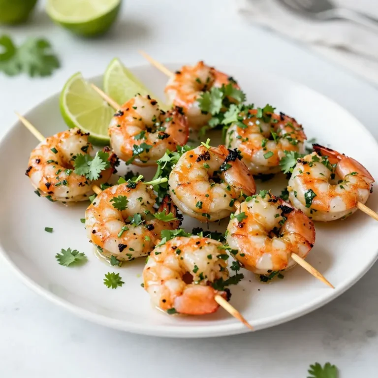 - 1 pound large shrimp, peeled and deveined - ¼ cup fresh cilantro, finely chopped - 2 tablespoons extra virgin olive oil - Zest and juice of 2 fresh limes - 2 cloves garlic, minced - 1 teaspoon ground cumin - 1 teaspoon chili powder - Salt and freshly ground black pepper to taste - Wooden or metal skewers Gathering the right ingredients is key for great flavor. Start with fresh shrimp. They should be large, peeled, and deveined. This makes them easy to eat and helps them soak up the marinade. Next, get fresh cilantro. I love its bright flavor. It's a must for this dish. You will also need extra virgin olive oil, which adds richness. Fresh limes are essential too. You’ll want both the zest and juice. They give the shrimp a nice tang. For spices, grab minced garlic, ground cumin, and chili powder. They add warmth and depth to the dish. Finally, salt and black pepper bring out all the flavors. Don’t forget skewers! If you use wooden ones, soak them in water first. This helps prevent burning on the grill. Now you are ready to make a delicious meal! {{ingredient_image_2}} To make the marinade, start by taking a large bowl. Whisk together these ingredients: - 2 tablespoons extra virgin olive oil - Zest and juice of 2 fresh limes - 2 cloves garlic, minced - ¼ cup fresh cilantro, finely chopped - 1 teaspoon ground cumin - 1 teaspoon chili powder - Salt and freshly ground black pepper to taste Make sure you blend everything well. This mix creates a bright and zesty flavor for your shrimp. Next, add 1 pound of peeled and deveined shrimp to the marinade. Stir gently to coat every shrimp fully. Cover the bowl with plastic wrap. Put it in the fridge for at least 30 minutes. If you have time, let it marinate for up to 2 hours for better flavor. The longer they sit, the tastier they get! If you are using wooden skewers, soak them in water for 15-20 minutes. This step stops them from burning on the grill. Preheat your grill to medium-high heat. Thread the marinated shrimp onto the skewers, 4-5 shrimp per skewer. Make sure to space them evenly. Place the skewers on the grill. Cook them for about 2-3 minutes on each side. Look for the shrimp to turn a bright pink color and become opaque. This means they are done. Avoid overcooking, as this can make them tough. Once cooked, remove the skewers from the grill. Serve hot, with lime wedges and extra cilantro for garnish. Marinating shrimp adds great flavor. I recommend marinating for at least 30 minutes. For the best taste, marinate up to 2 hours. Fresh ingredients make a big difference. Use fresh lime juice and cilantro for bright flavors. The olive oil helps keep shrimp moist. Don't skip the garlic, cumin, and chili powder; they add depth. The grill should be medium-high heat. This helps the shrimp cook evenly and get a nice sear. If you use wooden skewers, soak them in water for 15-20 minutes. This prevents burning. When grilling, place shrimp on the grill carefully. Make sure they are spaced apart. This helps them cook well without sticking. Presentation matters. Serve your skewers with lime wedges and extra cilantro. This adds a pop of color and flavor. You can also sprinkle some sliced green onions on top. A dash of chili flakes can add a bit of spice. Remember, we eat with our eyes first! Pro Tips Marinate for Maximum Flavor: For the best taste, allow the shrimp to marinate for at least 1 hour. This lets the flavors penetrate the shrimp more deeply. Skewer Smartly: Ensure shrimp are evenly spaced on the skewers to promote even cooking. Avoid overcrowding to let heat circulate properly. Perfectly Cooked Shrimp: Watch closely while grilling; shrimp cook quickly. They are done when they turn opaque and curl slightly, usually about 2-3 minutes per side. Freshness Matters: Use the freshest shrimp you can find for the best flavor and texture. Look for shrimp that smell like the ocean and have a firm texture. {{image_4}} To amp up the heat, add chili flakes or jalapeño to the marinade. This brings a kick that pairs well with the shrimp. I love the extra flavor and warmth it adds. Mix in about a teaspoon of chili flakes or a finely chopped jalapeño. Adjust to your taste. If you want mild, start small. You can experiment with other herbs like parsley or basil. This adds a new twist to the classic flavor. Try using fresh parsley for a milder taste. Basil can give a sweet touch that works great with lime. These herbs still complement the shrimp while adding different notes. Pair the skewers with sides like rice, salad, or grilled vegetables. Rice makes a nice base to soak up the marinade. A crunchy salad adds freshness and texture. Grilled veggies bring color and more flavor. These sides make your meal complete and satisfying. To store leftover shrimp skewers, place them in an airtight container. This keeps them fresh. Refrigerate them right away. They will last for about 2 days. After that, the shrimp may lose their taste and texture. When it’s time to reheat, the oven works best. Preheat it to 350°F (175°C). Place the skewers on a baking tray. Cover them with foil to keep moisture in. Heat for about 10 minutes. This method keeps the shrimp juicy. You can also use a microwave, but be careful. Heat in short bursts of 30 seconds. Check often to avoid overcooking. Overcooked shrimp can become rubbery. Enjoy your flavorful leftovers! Yes, you can use frozen shrimp. First, thaw them safely. Place the shrimp in a bowl of cold water for about 15-20 minutes. You can also leave them in the fridge overnight. After thawing, rinse them under cold water and pat them dry. This helps the marinade stick better. If you don’t like cilantro, you have options. Try parsley for a milder flavor. Basil gives a sweet touch. Mint adds a refreshing twist. Each herb changes the dish's taste, so choose what you like best. Perfectly cooked shrimp turn pink and opaque. They should curl slightly but not tightly. If they look rubbery, you overcooked them. Keep an eye on them while grilling. This way, they stay juicy and tender. This blog post shows you how to make tasty shrimp skewers. You learned about ingredients, from shrimp to spices. I explained how to prepare, marinade, and grill your shrimp perfectly. Tips on better flavor and serving ideas were included too. In the end, you can enjoy a flavorful meal with ease. Don’t hesitate to try variations or serve with your favorite sides. Enjoy grilling your delicious shrimp!