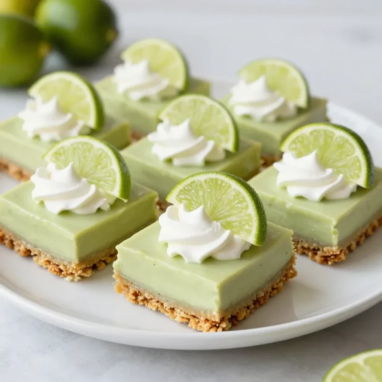 To make these tasty key lime pie bars, gather the following items: - 1 ½ cups graham cracker crumbs - ⅓ cup granulated sugar - ½ cup unsalted butter, melted - 1 can (14 oz) sweetened condensed milk - ¾ cup fresh key lime juice (about 10 key limes) - 2 large eggs - 1 teaspoon freshly grated lime zest - Whipped cream, for serving - Lime slices, for garnish When measuring ingredients, accuracy is key. Use a dry measuring cup for the graham cracker crumbs and sugar. For butter, a liquid measuring cup works best. If you run out of key limes, you can use regular limes, but the taste will differ. You can also swap the sweetened condensed milk with a vegan version if needed. Fresh key lime juice is the heart of this recipe. It gives a bright, tangy taste that you cannot replace. The aroma of fresh juice makes your kitchen smell amazing, too. Always choose key limes over bottled juice for the best flavor. Fresh juice enhances the zest of the bars. It makes them zesty and refreshing, just like a perfect summer treat. {{ingredient_image_2}} First, preheat your oven to 350°F (175°C). Grab a 9x9 inch baking dish. Line it with parchment paper, leaving some overhang. This helps with easy removal later. In a medium bowl, mix 1 ½ cups of graham cracker crumbs and ⅓ cup of granulated sugar. Next, pour in ½ cup of melted unsalted butter. Stir until it looks like damp sand. Now, press this mixture firmly into the bottom of your dish. Aim for an even layer. Bake for 10-12 minutes until the edges turn lightly golden. Let it cool for a few minutes. While your crust cools, prepare the filling. In another bowl, whisk together 1 can of sweetened condensed milk, ¾ cup of fresh key lime juice, 2 large eggs, and 1 teaspoon of freshly grated lime zest. Mix well until everything is smooth. This mix will give your bars that zesty flavor. Carefully pour the key lime filling over the cooled crust. Use a spatula to spread it evenly. Return the dish to the oven and bake for 15-20 minutes. The filling should set but still jiggle slightly in the center. Once done, take it out and let it cool at room temperature for about 30 minutes. Then, chill it in the fridge for at least 2 hours. This will help it set fully. When ready, lift the bars out using the parchment overhang. Cut them into squares or rectangles. Serve with whipped cream and a slice of lime on top for a fresh finish. To make the best key lime pie bars, follow these tips: - Use fresh key limes for juice. They have a bright flavor that stands out. - Make the graham cracker crust tightly packed. This helps it hold together. - Bake the crust until it’s lightly golden. This gives it a nice crunch. - Don’t overbake the filling. It should jiggle slightly in the center when done. - Allow the bars to cool completely before cutting. This helps them set well. These key lime pie bars shine when served right. Here are some ideas: - Top each bar with a dollop of whipped cream. It adds creaminess to each bite. - Add a slice of lime on top for a pop of color. This makes them look fresh. - Serve with a scoop of vanilla ice cream for extra sweetness. - Pair with iced tea or lemonade to enhance the zesty flavor. Make your dessert look as good as it tastes with these ideas: - Drizzle fresh lime juice over the bars just before serving. It boosts the lime flavor. - Sprinkle extra lime zest on top for added color and zestiness. - Arrange the bars on a colorful plate or platter. This makes them more appealing. - Use mint leaves as a garnish for a fresh touch. It adds a nice contrast to the lime. Pro Tips Use Fresh Key Limes: For the best flavor, always opt for fresh key limes instead of bottled lime juice. The freshness will significantly enhance the taste of your pie bars. Chill Thoroughly: Allow the bars to chill in the refrigerator for at least 2 hours. This not only helps them set but also intensifies the zesty flavor. Cut with a Warm Knife: To get clean, neat slices, dip your knife in warm water and wipe it dry before cutting. This prevents the filling from sticking to the knife. Garnish Creatively: Elevate your presentation by using lime zest and additional lime slices as garnishes. A sprinkle of toasted coconut can also add a delightful texture and flavor. {{image_4}} If you want to switch up the crust, try using other options. You can use crushed vanilla wafers instead of graham crackers. This gives a sweeter taste. You can also choose almond flour mixed with butter for a nutty flavor. For a chocolate twist, use chocolate cookie crumbs to create a rich base. You can easily add new flavors to key lime pie bars. For a tropical touch, mix in shredded coconut with the filling. This gives the bars a fun texture and taste. If you love chocolate, try adding cocoa powder to the crust. You can also drizzle melted chocolate on top before serving. These flavors add depth and excitement. To make gluten-free key lime pie bars, simply swap the graham crackers for gluten-free alternatives. Look for gluten-free graham cracker crumbs or use gluten-free cookies. Almond flour can also work as a great base. Just be sure to check all labels to avoid gluten in other ingredients, especially with the sweetened condensed milk. Enjoy the zesty goodness without worry! To keep your key lime pie bars fresh, store them in the fridge. Place the bars in an airtight container. If you do not have one, cover the dish tightly with plastic wrap. This will help maintain their zesty flavor and creamy texture. They taste best when chilled! You can freeze key lime pie bars for later enjoyment. First, let the bars cool completely. Then, cut them into squares. Wrap each square tightly in plastic wrap. After wrapping, place them in a freezer bag. Remove as much air as possible. They will stay fresh in the freezer for about three months. Key lime pie bars can last in the fridge for about five days. For the best taste, enjoy them within the first three days. Keep the bars covered to avoid drying out. If you notice any changes in taste or texture, it’s best to discard them. This way, you ensure every bite remains delicious and refreshing! Yes, you can use regular lime juice. However, key limes taste sweeter and more tart. They give the bars their unique flavor. If you use regular limes, your bars will taste different. I recommend using fresh juice for the best flavor. If you can't find key limes, regular limes can still make a tasty dessert. The bars are set when they jiggle slightly in the center. After baking, let them cool at room temperature. Then, chill them in the fridge for at least 2 hours. This helps them firm up more. You want a firm edge but a soft center. It should not be too wobbly when you take them out. Absolutely! You can make these bars a day ahead. Just follow the recipe and chill them. They taste great after sitting overnight. This allows the flavors to mix well. When ready to serve, just add whipped cream and lime slices. This makes for a refreshing treat anytime. Key lime pie bars are easy to make and share. We covered ingredients, prep, baking, and storing tips. Fresh key lime juice adds flavor, while different crusts and variations keep things fun. Don’t forget to try the serving suggestions for an added touch. With these steps, you can impress anyone. Enjoy making and sharing these delightful treats!