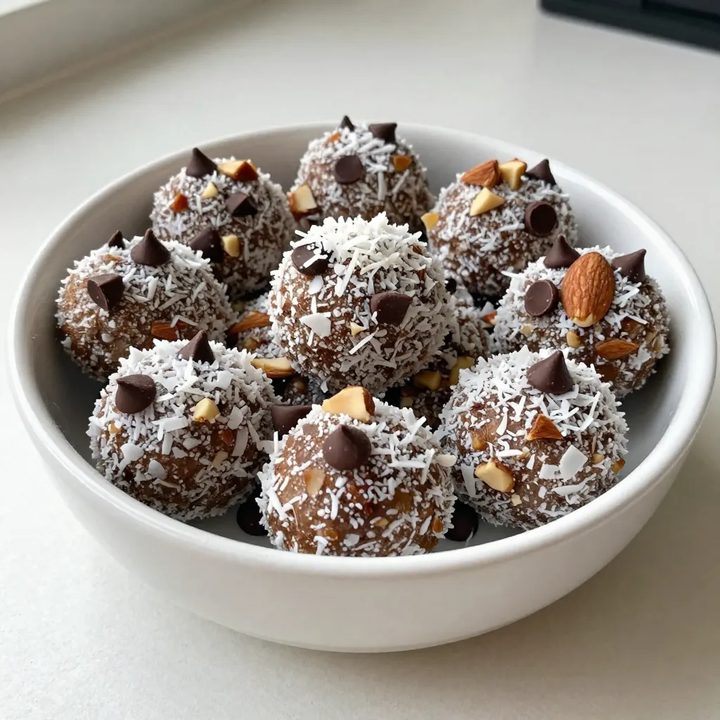 - 1 cup pitted dates - 1 cup unsweetened shredded coconut - 1/2 cup creamy almond butter - 1/2 cup almond flour - 1/2 cup dark chocolate chips (dairy-free if desired) - 1/4 cup chopped almonds - 1 teaspoon pure vanilla extract - A pinch of sea salt Using pitted dates gives these bites a natural sweetness. They also add fiber and energy. Unsweetened shredded coconut brings a rich flavor and texture. It also adds healthy fats. Almond butter is creamy and smooth, providing a good source of protein. Almond flour keeps these bites gluten-free while adding more nutrients. Dark chocolate chips are the perfect treat, and you can use dairy-free options. Chopped almonds add crunch and extra protein. Pure vanilla extract enhances all the flavors, making them pop. A pinch of sea salt balances the sweetness and enhances the taste. Each energy bite offers great nutrition. Here’s a breakdown of the key nutrients: - Calories: About 100 per bite - Protein: Around 3 grams - Fat: Roughly 5 grams, mostly healthy fats - Carbohydrates: About 12 grams - Fiber: Approximately 2 grams These bites are a great snack choice. They are full of energy and help you feel full. Plus, they contain no refined sugars, making them a smart pick for health. Enjoy these bites when you need a quick energy boost or a sweet treat! {{ingredient_image_2}} To make your Coconut Almond Joy Energy Bites, start with the right tools. You need a food processor and a baking sheet lined with parchment paper. - First, place the pitted dates, shredded coconut, creamy almond butter, almond flour, vanilla extract, and a pinch of sea salt into the food processor. - Pulse this mix until it blends well and turns sticky. Make sure there are no big pieces of dates left. This blend gives you a great base, packed with natural sweetness and healthy fats. Dates bring energy, while almond butter adds creaminess and protein. Now, it’s time to form the bites. - Use a tablespoon to scoop out the mixture. - Roll each scoop into a ball using your hands. Make sure they are about the size of a golf ball. This size is perfect for a quick snack. Once you finish rolling, place each ball on your prepared baking sheet. Space them out so they don’t touch. To get the right texture, chill the energy bites. - Put the baking sheet in the refrigerator for at least 30 minutes. This helps them firm up and makes them easier to eat. When you’re ready to serve, consider a decorative bowl. You can add a sprinkle of shredded coconut on top for a fun look. These bites make a great snack, full of flavor and energy. Enjoy them anytime you need a boost! You can easily change flavors in your energy bites. For a tropical twist, add pineapple or mango bits. Want more crunch? Toss in chia seeds or sunflower seeds. Different nut butters work well too. Use cashew or peanut butter if you prefer. You can also switch up the chocolate. Try white chocolate or even carob chips for a fun surprise. Store your energy bites in an airtight container. Keep them in the fridge to stay fresh. This helps maintain their texture and flavor. If you want them to last longer, freeze them. Just place them in a freezer-safe bag. They stay good for up to three months in the freezer. Need to swap some ingredients? No problem! If you don’t have almond butter, use sunflower seed butter. If you want a nut-free version, use pumpkin seed butter. For a different sweetener, try maple syrup or agave nectar. Just remember to adjust the amount of dry ingredients if you do. This keeps the right texture for your bites. Pro Tips Use Fresh Dates: For the best flavor and texture, opt for fresh, soft pitted dates to ensure your energy bites are sweet and sticky. Customize Your Nuts: Feel free to mix in different nuts or seeds according to your taste preferences—walnuts, pecans, or sunflower seeds work great! Experiment with Flavors: Add spices like cinnamon or nutmeg to the mixture for a unique flavor boost that complements the coconut and chocolate. Storage Tips: Store the energy bites in an airtight container in the fridge for up to a week, or freeze them for longer-lasting snacks. {{image_4}} You can easily add different flavors to your Coconut Almond Joy Energy Bites. Consider adding a pinch of cinnamon for warmth. A few drops of almond extract can boost the almond taste. You might also try adding dried fruits, like cranberries or apricots, for a chewy twist. If you love spices, a dash of nutmeg can add depth. If you want to change the sweetness level, you have options. Maple syrup or agave can replace pitted dates. Just use less, as they are sweeter. Honey is another great choice for sweetness. Remember, if you use liquid sweeteners, balance it with a little extra almond flour to keep the texture. These energy bites are already vegan and gluten-free, but you can tweak them further. Use coconut flour instead of almond flour for a nut-free option. For sweeteners, choose maple syrup or agave to keep it vegan. Make sure your chocolate chips are dairy-free to keep them vegan-friendly. Always check labels for gluten-free certification if needed. To keep your Coconut Almond Joy Energy Bites fresh, store them in an airtight container. This helps keep moisture out. Place the container in the fridge. The cool temperature helps maintain the bites' flavor and texture. You can also layer parchment paper between the bites to prevent sticking. If you want to save some bites for later, freezing is a great option. Place the energy bites in a single layer on a baking sheet. Freeze them for about an hour. Once firm, transfer them to a freezer-safe bag or container. Label the bag with the date. They can last up to three months in the freezer. Just thaw them in the fridge before enjoying. When stored properly in the fridge, these energy bites last about one week. If you freeze them, you can enjoy them for several months. This makes them a perfect snack for busy days or meal prep. Keeping track of the dates helps ensure you enjoy them at their best! Yes, you can use other nut butters in these energy bites. Almond butter gives a rich flavor. Peanut butter works well too, but it changes the taste. Cashew butter offers a creamy texture with a mild taste. Always choose a nut butter you enjoy. This keeps the energy bites tasty and fun! To make these energy bites healthier, consider these tips: - Use unsweetened cocoa powder instead of chocolate chips. - Add extra nuts or seeds for more fiber. - Swap out some almond flour for ground oats. - Reduce the amount of sweetener if you can. These changes keep the bites nutritious while still delicious. If you don't have pitted dates, try dried figs or prunes as substitutes. Both provide natural sweetness and a sticky texture. You can also use applesauce for moisture, but it may change the texture a bit. Adjust the amount to keep your energy bites firm. This way, you can still enjoy them! In this article, we explored the key ingredients and step-by-step instructions for making energy bites. You learned how to customize your recipes, store them properly, and enjoy tasty variations. Keep in mind that you can easily adapt these bites to fit your needs. Making these treats can be fun, healthy, and fulfilling. With a few simple steps, you can create quick snacks anytime. I hope you feel inspired to try making your own energy bites today!