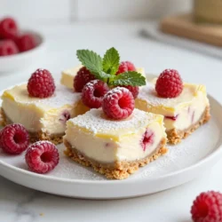 - 1 cup graham cracker crumbs - 1/4 cup unsalted butter, melted - 1/4 cup granulated sugar - 8 oz cream cheese, softened - 1 cup powdered sugar - 1 cup sour cream - 2 large eggs, at room temperature - Zest of 1 lemon - 1/4 cup freshly squeezed lemon juice - 1 cup fresh raspberries, rinsed and drained To make the best Lemon Raspberry Cheesecake Bars, you need to gather all the right ingredients. Each ingredient plays a key role in crafting the perfect balance of flavors. The graham cracker crumbs form a crunchy base. Unsalted butter helps bind the crumbs together, giving you a rich crust. Granulated sugar sweetens the crust and adds flavor. For the filling, cream cheese is vital. It gives the bars their creamy texture. Powdered sugar adds sweetness without grittiness. Sour cream gives a nice tang, enhancing the flavor. The eggs help set the bars, making them firm. Lemon zest and juice bring a fresh, bright taste to the filling. Finally, fresh raspberries add vibrant color and a burst of flavor that balances the creaminess of the cheesecake. - Mixing bowls - Electric mixer - 8x8-inch baking pan - Parchment paper Using the right tools makes cooking easier. A mixing bowl helps you combine your ingredients smoothly. An electric mixer ensures your cream cheese becomes creamy and lump-free. An 8x8-inch baking pan is perfect for these bars. It holds the filling and crust well. Parchment paper makes removing the bars simple after baking. This way, you can cut them into neat squares without a mess. Gather these ingredients and tools to create your delicious Lemon Raspberry Cheesecake Bars. {{ingredient_image_2}} 1. Preheat your oven to 325&deg;F (160&deg;C). 2. In a medium bowl, mix graham cracker crumbs, melted butter, and granulated sugar. 3. Stir until the crumbs are coated and look sandy. 4. Press this mixture firmly into the bottom of an 8x8-inch pan. 5. Bake for 10 minutes. Let it cool completely. 1. In a large bowl, beat the softened cream cheese until smooth. 2. Slowly add powdered sugar while mixing. Keep mixing until smooth. 3. Next, add sour cream, eggs, lemon zest, and lemon juice. 4. Mix until the batter is silky and well combined. 5. Carefully fold in the fresh raspberries. Be gentle to keep them whole. 1. Pour the cheesecake filling over the cooled crust. 2. Spread it evenly with a spatula. 3. Bake for 30-35 minutes. The edges should feel firm. 4. The center should jiggle slightly when shaken. 5. Let it cool at room temperature for 1 hour. 6. Chill in the fridge for at least 2 hours or overnight. 7. Once chilled, lift the bars out using parchment paper. 8. Cut into squares or rectangles to serve. To make the best lemon raspberry cheesecake bars, start with room temperature cream cheese. Cold cream cheese can create lumps in your batter. Let it sit out for about 30 minutes before mixing. This simple step ensures a creamy texture. Next, chilling is key for the perfect bars. After baking, let the bars cool at room temperature for one hour. Then, transfer them to the fridge for at least two hours. This helps the flavors meld and sets the texture just right. If you can, chill them overnight for even better results. When it's time to serve, dust the top with powdered sugar. This adds a sweet touch and looks nice. You can also garnish each bar with fresh raspberries and a sprig of mint. This not only makes them pretty, but it also adds a pop of color and freshness. One common mistake is overmixing the raspberries. Gently fold them into the batter to keep them whole. This way, you get lovely bursts of raspberry in each bite. Another mistake is not letting the bars cool enough. If you cut them too soon, they may fall apart. Make sure to cool them completely before slicing. Following these tips will help you create the perfect lemon raspberry cheesecake bars every time! Pro Tips Use Room Temperature Ingredients: Ensure your cream cheese and eggs are at room temperature for a smoother batter. This helps to avoid lumps and creates a creamier texture in your cheesecake. Don&rsquo;t Overmix: When folding in the raspberries, be gentle to keep them intact. Overmixing can cause them to break down and turn the batter pink instead of maintaining a beautiful marbled effect. Check for Doneness: The cheesecake is done when the edges are set and the center has a slight jiggle. Overbaking can lead to cracks and a dry texture, so keep an eye on it towards the end of the baking time. Chill for Best Results: For the best flavor and texture, chill the bars for at least 2 hours, but overnight is ideal. This allows the flavors to meld and the cheesecake to firm up perfectly. {{image_4}} You can switch raspberries for other fruits. Strawberries, blueberries, or peaches work well. Choose fruits that complement the lemon's tang. For example, strawberries add sweetness, while blueberries offer a mild flavor. Infusing the cheesecake with different citrus zest is another fun option. Try orange or lime zest for a unique twist. This brings a fresh taste to the bars and adds depth. Just remember, a little zest goes a long way! If you need a gluten-free crust, use almond flour or gluten-free graham crackers. These options keep the bars tasty while meeting dietary needs. Just mix them with melted butter and sugar like the original recipe. For dairy-free alternatives, opt for vegan cream cheese. Brands like Tofutti or Kite Hill work great. You can also use coconut cream for a rich flavor. Both options provide a creamy texture without dairy! Mini cheesecake bars are a fun way to serve these treats. Use a muffin tin instead of a baking pan. This creates perfect bite-sized portions for parties or events. Just adjust the baking time to ensure they set. Another idea is to serve cheesecake in a jar. Layer the crust, filling, and fresh raspberries in small jars. This makes for a cute and portable dessert. Plus, it's easy to share with friends! To keep your lemon raspberry cheesecake bars fresh, store them in the refrigerator. This helps maintain their creamy texture and bright flavor. I suggest placing the bars in an airtight container. This protects them from drying out and absorbing other smells in your fridge. You can freeze these cheesecake bars for later enjoyment. First, let them cool completely. Then, wrap each bar in plastic wrap or aluminum foil. Place the wrapped bars in a freezer-safe bag or container. They will stay fresh for up to three months. When you're ready to eat them, simply take out the bars and thaw them in the fridge overnight. If you freeze the bars, safely defrost them before serving. The best way is to leave them in the fridge overnight. This keeps their texture nice. After thawing, you can enjoy them cold or warm them up slightly. To warm, place them in the oven at 300&deg;F for about 10 minutes. This way, you can savor the creamy filling and bright lemon flavor again! To check if your cheesecake bars are done, look for firm edges. The center should jiggle slightly when you give the pan a gentle shake. If it looks too wobbly, give it a few more minutes in the oven. The bars will firm up as they cool, so don&rsquo;t worry if it seems soft. Yes, you can make these cheesecake bars ahead of time. They store well in the fridge. After baking and cooling, cover them tightly. You can keep them in the fridge for up to three days. For the best taste, chill them overnight before serving. If you need an alternative to graham cracker crumbs, try using crushed cookies. Vanilla wafers or digestive biscuits work well. You can also use oat flour or almond flour for a gluten-free option. Just mix them with melted butter and sugar, just like the original crust. Absolutely! You can swap out raspberries for other fruits. Try blueberries, strawberries, or blackberries for a fun twist. You can also add chocolate chips or a hint of vanilla for extra flavor. Mixing in different citrus zest can create unique taste profiles too. To avoid cracks on your cheesecake, make sure all your ingredients are at room temperature. Mix gently when adding in the eggs and fruits. Bake at a low temperature and avoid opening the oven door too often. Let the bars cool slowly in the oven with the door ajar to prevent sudden temperature changes. This cheesecake recipe gives you a tasty treat with fresh raspberries and lemon zest. You learned how to prepare the crust and mix the filling step by step. Remember the tips to avoid mistakes, like overmixing the raspberries or skipping cooling times. You can even try different fruits or make it gluten-free! With proper storage, these bars can stay fresh for weeks. Enjoy making this delicious dessert that everyone will love. Happy baking!