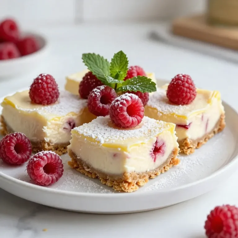 - 1 cup graham cracker crumbs - 1/4 cup unsalted butter, melted - 1/4 cup granulated sugar - 8 oz cream cheese, softened - 1 cup powdered sugar - 1 cup sour cream - 2 large eggs, at room temperature - Zest of 1 lemon - 1/4 cup freshly squeezed lemon juice - 1 cup fresh raspberries, rinsed and drained To make the best Lemon Raspberry Cheesecake Bars, you need to gather all the right ingredients. Each ingredient plays a key role in crafting the perfect balance of flavors. The graham cracker crumbs form a crunchy base. Unsalted butter helps bind the crumbs together, giving you a rich crust. Granulated sugar sweetens the crust and adds flavor. For the filling, cream cheese is vital. It gives the bars their creamy texture. Powdered sugar adds sweetness without grittiness. Sour cream gives a nice tang, enhancing the flavor. The eggs help set the bars, making them firm. Lemon zest and juice bring a fresh, bright taste to the filling. Finally, fresh raspberries add vibrant color and a burst of flavor that balances the creaminess of the cheesecake. - Mixing bowls - Electric mixer - 8x8-inch baking pan - Parchment paper Using the right tools makes cooking easier. A mixing bowl helps you combine your ingredients smoothly. An electric mixer ensures your cream cheese becomes creamy and lump-free. An 8x8-inch baking pan is perfect for these bars. It holds the filling and crust well. Parchment paper makes removing the bars simple after baking. This way, you can cut them into neat squares without a mess. Gather these ingredients and tools to create your delicious Lemon Raspberry Cheesecake Bars. {{ingredient_image_2}} 1. Preheat your oven to 325°F (160°C). 2. In a medium bowl, mix graham cracker crumbs, melted butter, and granulated sugar. 3. Stir until the crumbs are coated and look sandy. 4. Press this mixture firmly into the bottom of an 8x8-inch pan. 5. Bake for 10 minutes. Let it cool completely. 1. In a large bowl, beat the softened cream cheese until smooth. 2. Slowly add powdered sugar while mixing. Keep mixing until smooth. 3. Next, add sour cream, eggs, lemon zest, and lemon juice. 4. Mix until the batter is silky and well combined. 5. Carefully fold in the fresh raspberries. Be gentle to keep them whole. 1. Pour the cheesecake filling over the cooled crust. 2. Spread it evenly with a spatula. 3. Bake for 30-35 minutes. The edges should feel firm. 4. The center should jiggle slightly when shaken. 5. Let it cool at room temperature for 1 hour. 6. Chill in the fridge for at least 2 hours or overnight. 7. Once chilled, lift the bars out using parchment paper. 8. Cut into squares or rectangles to serve. To make the best lemon raspberry cheesecake bars, start with room temperature cream cheese. Cold cream cheese can create lumps in your batter. Let it sit out for about 30 minutes before mixing. This simple step ensures a creamy texture. Next, chilling is key for the perfect bars. After baking, let the bars cool at room temperature for one hour. Then, transfer them to the fridge for at least two hours. This helps the flavors meld and sets the texture just right. If you can, chill them overnight for even better results. When it's time to serve, dust the top with powdered sugar. This adds a sweet touch and looks nice. You can also garnish each bar with fresh raspberries and a sprig of mint. This not only makes them pretty, but it also adds a pop of color and freshness. One common mistake is overmixing the raspberries. Gently fold them into the batter to keep them whole. This way, you get lovely bursts of raspberry in each bite. Another mistake is not letting the bars cool enough. If you cut them too soon, they may fall apart. Make sure to cool them completely before slicing. Following these tips will help you create the perfect lemon raspberry cheesecake bars every time! Pro Tips Use Room Temperature Ingredients: Ensure your cream cheese and eggs are at room temperature for a smoother batter. This helps to avoid lumps and creates a creamier texture in your cheesecake. Don’t Overmix: When folding in the raspberries, be gentle to keep them intact. Overmixing can cause them to break down and turn the batter pink instead of maintaining a beautiful marbled effect. Check for Doneness: The cheesecake is done when the edges are set and the center has a slight jiggle. Overbaking can lead to cracks and a dry texture, so keep an eye on it towards the end of the baking time. Chill for Best Results: For the best flavor and texture, chill the bars for at least 2 hours, but overnight is ideal. This allows the flavors to meld and the cheesecake to firm up perfectly. {{image_4}} You can switch raspberries for other fruits. Strawberries, blueberries, or peaches work well. Choose fruits that complement the lemon's tang. For example, strawberries add sweetness, while blueberries offer a mild flavor. Infusing the cheesecake with different citrus zest is another fun option. Try orange or lime zest for a unique twist. This brings a fresh taste to the bars and adds depth. Just remember, a little zest goes a long way! If you need a gluten-free crust, use almond flour or gluten-free graham crackers. These options keep the bars tasty while meeting dietary needs. Just mix them with melted butter and sugar like the original recipe. For dairy-free alternatives, opt for vegan cream cheese. Brands like Tofutti or Kite Hill work great. You can also use coconut cream for a rich flavor. Both options provide a creamy texture without dairy! Mini cheesecake bars are a fun way to serve these treats. Use a muffin tin instead of a baking pan. This creates perfect bite-sized portions for parties or events. Just adjust the baking time to ensure they set. Another idea is to serve cheesecake in a jar. Layer the crust, filling, and fresh raspberries in small jars. This makes for a cute and portable dessert. Plus, it's easy to share with friends! To keep your lemon raspberry cheesecake bars fresh, store them in the refrigerator. This helps maintain their creamy texture and bright flavor. I suggest placing the bars in an airtight container. This protects them from drying out and absorbing other smells in your fridge. You can freeze these cheesecake bars for later enjoyment. First, let them cool completely. Then, wrap each bar in plastic wrap or aluminum foil. Place the wrapped bars in a freezer-safe bag or container. They will stay fresh for up to three months. When you're ready to eat them, simply take out the bars and thaw them in the fridge overnight. If you freeze the bars, safely defrost them before serving. The best way is to leave them in the fridge overnight. This keeps their texture nice. After thawing, you can enjoy them cold or warm them up slightly. To warm, place them in the oven at 300°F for about 10 minutes. This way, you can savor the creamy filling and bright lemon flavor again! To check if your cheesecake bars are done, look for firm edges. The center should jiggle slightly when you give the pan a gentle shake. If it looks too wobbly, give it a few more minutes in the oven. The bars will firm up as they cool, so don’t worry if it seems soft. Yes, you can make these cheesecake bars ahead of time. They store well in the fridge. After baking and cooling, cover them tightly. You can keep them in the fridge for up to three days. For the best taste, chill them overnight before serving. If you need an alternative to graham cracker crumbs, try using crushed cookies. Vanilla wafers or digestive biscuits work well. You can also use oat flour or almond flour for a gluten-free option. Just mix them with melted butter and sugar, just like the original crust. Absolutely! You can swap out raspberries for other fruits. Try blueberries, strawberries, or blackberries for a fun twist. You can also add chocolate chips or a hint of vanilla for extra flavor. Mixing in different citrus zest can create unique taste profiles too. To avoid cracks on your cheesecake, make sure all your ingredients are at room temperature. Mix gently when adding in the eggs and fruits. Bake at a low temperature and avoid opening the oven door too often. Let the bars cool slowly in the oven with the door ajar to prevent sudden temperature changes. This cheesecake recipe gives you a tasty treat with fresh raspberries and lemon zest. You learned how to prepare the crust and mix the filling step by step. Remember the tips to avoid mistakes, like overmixing the raspberries or skipping cooling times. You can even try different fruits or make it gluten-free! With proper storage, these bars can stay fresh for weeks. Enjoy making this delicious dessert that everyone will love. Happy baking!