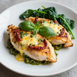 To make Pesto Mozzarella Stuffed Chicken, you'll need to gather a few key items. Here&rsquo;s what you should have on hand: - 4 boneless, skinless chicken breasts - 1 cup fresh mozzarella cheese, shredded - 1/2 cup basil pesto (store-bought or homemade) - 1/4 cup sun-dried tomatoes, finely chopped - 1/2 teaspoon garlic powder - 1/2 teaspoon salt - 1/4 teaspoon black pepper - 2 tablespoons olive oil - Fresh basil leaves for garnish These ingredients come together to create a tasty and juicy dish. The chicken is the star of the show, while the pesto and mozzarella add rich flavor. The sun-dried tomatoes give a nice texture and tang. When choosing your chicken, look for breasts that are plump and even in size. Fresh mozzarella melts beautifully, and using high-quality pesto can elevate your dish. Keep these items ready, and you will have a delicious meal in no time! {{ingredient_image_2}} 1. Preheating the oven: Start by preheating your oven to 375&deg;F (190&deg;C). This step is key because it helps the chicken cook evenly. 2. Creating pockets in the chicken breasts: Take a sharp knife and gently slice each chicken breast. Cut horizontally about three-quarters of the way through. Be careful not to cut all the way through. This pocket will hold the tasty filling. 1. Combining mozzarella cheese, pesto, and sun-dried tomatoes: In a medium bowl, mix the shredded mozzarella cheese, basil pesto, and finely chopped sun-dried tomatoes. Stir until it&rsquo;s well blended. The mix should look creamy and delicious. 1. Seasoning, stuffing, and cooking methods: Sprinkle the inside of each chicken pocket with garlic powder, salt, and black pepper. This adds great flavor. Next, spoon the creamy filling into each pocket. Pack it tightly, so it does not fall out while cooking. 2. Searing and baking times: In a large, oven-safe skillet, heat the olive oil over medium-high heat. When the oil is hot, add the stuffed chicken breasts. Sear each side for 3-4 minutes until golden brown. After searing, transfer the skillet to the oven. Bake for 20-25 minutes. Use a meat thermometer to check if it reaches 165&deg;F (75&deg;C). This ensures it's cooked through. Achieving the perfect sear To get that nice golden-brown crust, heat your skillet before adding the chicken. Use medium-high heat and let the olive oil shimmer. Place the chicken in the pan without crowding it. This helps the chicken sear, not steam. Cook each side for 3-4 minutes. You want it to look inviting! Checking for doneness To ensure your chicken is cooked, use a meat thermometer. The chicken should reach an internal temperature of 165&deg;F (75&deg;C). If you don&rsquo;t have a thermometer, cut into the chicken. The juices should run clear, not pink. This checks if it&rsquo;s safe to eat and still juicy. Additional spices or herbs Feel free to add extra flavor! Try adding some Italian seasoning, red pepper flakes, or fresh thyme with your pesto. These spices give your dish more depth. You can also toss in some garlic or onion powder to enhance the taste. Serving suggestions Serve your pesto mozzarella stuffed chicken on a bed of colorful roasted veggies or saut&eacute;ed spinach. Drizzle some extra pesto on top for a burst of flavor. Fresh basil leaves also make a lovely garnish. These touches make your dish pop and look great! Pro Tips Choose the Right Chicken: Opt for organic, free-range chicken breasts for enhanced flavor and juiciness. Experiment with Fillings: Feel free to customize the filling by adding ingredients like spinach, artichokes, or different cheeses for variety. Use a Meat Thermometer: To ensure perfectly cooked chicken, use a meat thermometer to check that the internal temperature reaches 165&deg;F (75&deg;C). Let It Rest: Resting the chicken after cooking allows the juices to redistribute, keeping the meat moist and flavorful. {{image_4}} You can make this dish even more fun by switching up some ingredients. Try different cheeses like provolone or goat cheese. They bring new flavors and textures. You could also use ricotta for a creamier filling. For sauces, swap basil pesto for sun-dried tomato pesto. This change adds a rich, tangy taste. You can also use homemade pesto if you want a fresh touch. Feel free to add vegetables, too. Spinach or roasted red peppers work great. They add color and nutrients. Just be sure to chop them finely so they fit in the chicken pockets. You have options for cooking this chicken. Grilling gives it a nice smoky flavor. Preheat your grill to medium heat, then grill the stuffed chicken breasts for about 6-8 minutes per side. Baking is easy and keeps the chicken juicy. Just follow the recipe&rsquo;s instructions for searing and baking. If you want a hands-off method, use slow cooking. Place the stuffed chicken in a slow cooker with a bit of broth. Cook on low for 6-7 hours. This makes the chicken really tender and flavorful. Try these variations to make the dish your own! To keep your Pesto Mozzarella Stuffed Chicken fresh, use these tips: - Refrigeration: Place leftovers in an airtight container. This keeps moisture in and air out. Store in the fridge for up to three days. - Freezing: If you have more chicken than you can eat, freezing is a great option. Wrap each stuffed chicken breast tightly in plastic wrap, then place in a freezer bag. This helps prevent freezer burn. You can freeze them for up to three months. When you're ready to enjoy leftovers, follow these methods: - Oven: Preheat your oven to 350&deg;F (175&deg;C). Place the chicken in an oven-safe dish, cover with foil, and heat for about 20 minutes. This keeps the chicken moist. - Microwave: If you're in a hurry, use the microwave. Place the chicken on a microwave-safe plate and cover it with a damp paper towel. Heat in short bursts of 1-2 minutes until warmed through. This method may not keep the chicken as juicy, but it&rsquo;s quick. - Skillet: You can also reheat in a skillet. Heat a little olive oil over medium heat, then add the chicken. Cook for about 5 minutes per side, or until warmed through. You can pair this dish with many sides. Here are some great options: - Saut&eacute;ed spinach: Lightly cooked with garlic for a fresh taste. - Roasted vegetables: Colorful veggies like bell peppers and zucchini add crunch. - Garlic bread: A crispy side that complements the flavors well. - Rice or quinoa: These grains soak up any extra sauce and round out the meal. Yes, you can prepare this dish in advance. 1. Stuff the chicken: Follow the steps to season and fill it. 2. Refrigerate: Cover the stuffed chicken and store it in the fridge for up to 24 hours. 3. Cook when ready: Just remember to bring it to room temperature before cooking for the best results. To check if your chicken is done, use a meat thermometer. - Temperature: The thickest part of the chicken should reach 165&deg;F (75&deg;C). - Juices: If you cut into it, the juices should run clear, not pink. Let it rest for a few minutes after cooking. This keeps the juices inside and makes it juicy. This blog post covered all you need for tasty pesto mozzarella stuffed chicken. We looked at key ingredients, like chicken breasts, mozzarella, and sun-dried tomatoes. I shared easy steps for preparation, filling, and cooking. You found tips for better flavor and storage advice. Finally, I answered common questions to help you succeed. Enjoy this fun and simple dish any night of the week! It&rsquo;s a great way to impress your family and friends while keeping dinner exciting.