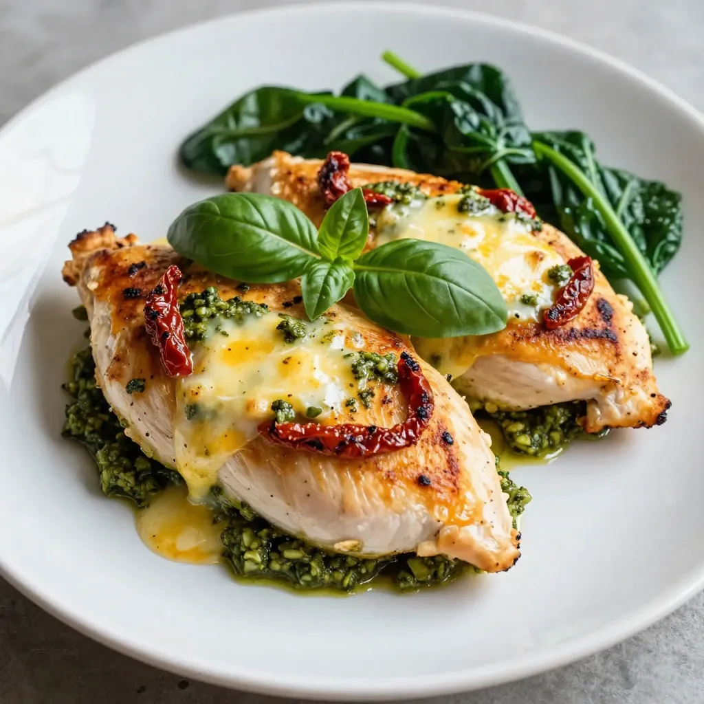 To make Pesto Mozzarella Stuffed Chicken, you'll need to gather a few key items. Here’s what you should have on hand: - 4 boneless, skinless chicken breasts - 1 cup fresh mozzarella cheese, shredded - 1/2 cup basil pesto (store-bought or homemade) - 1/4 cup sun-dried tomatoes, finely chopped - 1/2 teaspoon garlic powder - 1/2 teaspoon salt - 1/4 teaspoon black pepper - 2 tablespoons olive oil - Fresh basil leaves for garnish These ingredients come together to create a tasty and juicy dish. The chicken is the star of the show, while the pesto and mozzarella add rich flavor. The sun-dried tomatoes give a nice texture and tang. When choosing your chicken, look for breasts that are plump and even in size. Fresh mozzarella melts beautifully, and using high-quality pesto can elevate your dish. Keep these items ready, and you will have a delicious meal in no time! {{ingredient_image_2}} 1. Preheating the oven: Start by preheating your oven to 375°F (190°C). This step is key because it helps the chicken cook evenly. 2. Creating pockets in the chicken breasts: Take a sharp knife and gently slice each chicken breast. Cut horizontally about three-quarters of the way through. Be careful not to cut all the way through. This pocket will hold the tasty filling. 1. Combining mozzarella cheese, pesto, and sun-dried tomatoes: In a medium bowl, mix the shredded mozzarella cheese, basil pesto, and finely chopped sun-dried tomatoes. Stir until it’s well blended. The mix should look creamy and delicious. 1. Seasoning, stuffing, and cooking methods: Sprinkle the inside of each chicken pocket with garlic powder, salt, and black pepper. This adds great flavor. Next, spoon the creamy filling into each pocket. Pack it tightly, so it does not fall out while cooking. 2. Searing and baking times: In a large, oven-safe skillet, heat the olive oil over medium-high heat. When the oil is hot, add the stuffed chicken breasts. Sear each side for 3-4 minutes until golden brown. After searing, transfer the skillet to the oven. Bake for 20-25 minutes. Use a meat thermometer to check if it reaches 165°F (75°C). This ensures it's cooked through. Achieving the perfect sear To get that nice golden-brown crust, heat your skillet before adding the chicken. Use medium-high heat and let the olive oil shimmer. Place the chicken in the pan without crowding it. This helps the chicken sear, not steam. Cook each side for 3-4 minutes. You want it to look inviting! Checking for doneness To ensure your chicken is cooked, use a meat thermometer. The chicken should reach an internal temperature of 165°F (75°C). If you don’t have a thermometer, cut into the chicken. The juices should run clear, not pink. This checks if it’s safe to eat and still juicy. Additional spices or herbs Feel free to add extra flavor! Try adding some Italian seasoning, red pepper flakes, or fresh thyme with your pesto. These spices give your dish more depth. You can also toss in some garlic or onion powder to enhance the taste. Serving suggestions Serve your pesto mozzarella stuffed chicken on a bed of colorful roasted veggies or sautéed spinach. Drizzle some extra pesto on top for a burst of flavor. Fresh basil leaves also make a lovely garnish. These touches make your dish pop and look great! Pro Tips Choose the Right Chicken: Opt for organic, free-range chicken breasts for enhanced flavor and juiciness. Experiment with Fillings: Feel free to customize the filling by adding ingredients like spinach, artichokes, or different cheeses for variety. Use a Meat Thermometer: To ensure perfectly cooked chicken, use a meat thermometer to check that the internal temperature reaches 165°F (75°C). Let It Rest: Resting the chicken after cooking allows the juices to redistribute, keeping the meat moist and flavorful. {{image_4}} You can make this dish even more fun by switching up some ingredients. Try different cheeses like provolone or goat cheese. They bring new flavors and textures. You could also use ricotta for a creamier filling. For sauces, swap basil pesto for sun-dried tomato pesto. This change adds a rich, tangy taste. You can also use homemade pesto if you want a fresh touch. Feel free to add vegetables, too. Spinach or roasted red peppers work great. They add color and nutrients. Just be sure to chop them finely so they fit in the chicken pockets. You have options for cooking this chicken. Grilling gives it a nice smoky flavor. Preheat your grill to medium heat, then grill the stuffed chicken breasts for about 6-8 minutes per side. Baking is easy and keeps the chicken juicy. Just follow the recipe’s instructions for searing and baking. If you want a hands-off method, use slow cooking. Place the stuffed chicken in a slow cooker with a bit of broth. Cook on low for 6-7 hours. This makes the chicken really tender and flavorful. Try these variations to make the dish your own! To keep your Pesto Mozzarella Stuffed Chicken fresh, use these tips: - Refrigeration: Place leftovers in an airtight container. This keeps moisture in and air out. Store in the fridge for up to three days. - Freezing: If you have more chicken than you can eat, freezing is a great option. Wrap each stuffed chicken breast tightly in plastic wrap, then place in a freezer bag. This helps prevent freezer burn. You can freeze them for up to three months. When you're ready to enjoy leftovers, follow these methods: - Oven: Preheat your oven to 350°F (175°C). Place the chicken in an oven-safe dish, cover with foil, and heat for about 20 minutes. This keeps the chicken moist. - Microwave: If you're in a hurry, use the microwave. Place the chicken on a microwave-safe plate and cover it with a damp paper towel. Heat in short bursts of 1-2 minutes until warmed through. This method may not keep the chicken as juicy, but it’s quick. - Skillet: You can also reheat in a skillet. Heat a little olive oil over medium heat, then add the chicken. Cook for about 5 minutes per side, or until warmed through. You can pair this dish with many sides. Here are some great options: - Sautéed spinach: Lightly cooked with garlic for a fresh taste. - Roasted vegetables: Colorful veggies like bell peppers and zucchini add crunch. - Garlic bread: A crispy side that complements the flavors well. - Rice or quinoa: These grains soak up any extra sauce and round out the meal. Yes, you can prepare this dish in advance. 1. Stuff the chicken: Follow the steps to season and fill it. 2. Refrigerate: Cover the stuffed chicken and store it in the fridge for up to 24 hours. 3. Cook when ready: Just remember to bring it to room temperature before cooking for the best results. To check if your chicken is done, use a meat thermometer. - Temperature: The thickest part of the chicken should reach 165°F (75°C). - Juices: If you cut into it, the juices should run clear, not pink. Let it rest for a few minutes after cooking. This keeps the juices inside and makes it juicy. This blog post covered all you need for tasty pesto mozzarella stuffed chicken. We looked at key ingredients, like chicken breasts, mozzarella, and sun-dried tomatoes. I shared easy steps for preparation, filling, and cooking. You found tips for better flavor and storage advice. Finally, I answered common questions to help you succeed. Enjoy this fun and simple dish any night of the week! It’s a great way to impress your family and friends while keeping dinner exciting.