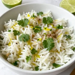 - 1 cup long-grain white rice - 2 cups vegetable broth (or water) - 1 tablespoon extra-virgin olive oil - 1 large lime, zested and juiced - 1/2 cup fresh cilantro, finely chopped - 1 garlic clove, minced - 1/2 teaspoon ground cumin - Salt, to taste - Freshly ground black pepper, to taste For perfect Cilantro Lime Rice, use: - 1 cup of rice. This serves four people. - 2 cups of broth or water for cooking. - 1 tablespoon of olive oil to add flavor. - 1 large lime for zest and juice to brighten the dish. - 1/2 cup of cilantro gives a fresh taste. - 1 garlic clove adds depth. - 1/2 teaspoon of cumin for warmth. - Salt and pepper to enhance flavors. Choose the best ingredients for great taste. Use high-quality long-grain rice for fluffy texture. Select fresh cilantro for bright color and flavor. Use fresh limes for better zest and juice. A good broth adds depth, while a premium olive oil boosts richness. Always use fresh garlic for the best aroma. Good quality spices make a big difference. {{ingredient_image_2}} Start by rinsing the long-grain white rice. Place it in a fine mesh strainer. Rinse it under cold running water until the water turns clear. This step removes extra starch. It helps make the rice fluffy and light. In a medium saucepan, add one tablespoon of extra-virgin olive oil. Heat it over medium heat. Once hot, add one minced garlic clove. Saut&eacute; the garlic for about one minute until it smells great. Be careful not to brown it. Next, add the rinsed rice and stir it well. Coat each grain with oil and garlic. Toast the rice for two to three minutes. It will turn slightly golden and fragrant. Now, pour in two cups of vegetable broth or water. Bring this mixture to a boil. When it boils, reduce the heat to low and cover the pan. Let it simmer for 15 to 20 minutes. The rice will absorb all the liquid and become tender. After cooking, remove the pan from heat. Let it rest, covered, for another five minutes. After the resting time, use a fork to fluff the rice gently. Stir in the lime zest and juice from one large lime. Add half a cup of finely chopped fresh cilantro. Don&rsquo;t forget half a teaspoon of ground cumin, salt, and black pepper to taste. Mix everything well until it looks colorful and fresh. Taste the rice and adjust the seasoning if needed. Serve the Cilantro Lime Rice warm and enjoy! To make fluffy rice, rinse it under cold water. Keep rinsing until the water runs clear. This step removes excess starch. Less starch means less stickiness. After rinsing, toast the rice in oil and garlic. This adds flavor and helps with fluffiness. Cook it in broth or water for a richer taste. Let the rice rest after cooking. This extra time allows steam to work its magic. Taste your rice before serving. You can always add more lime juice for a zesty kick. If you like it spicy, add more cumin or black pepper. Adjust salt to fit your palate. Don&rsquo;t hesitate to experiment. Each change can bring out different flavors. If you don&rsquo;t have vegetable broth, water works just fine. Olive oil can be swapped for any cooking oil you prefer. Instead of fresh cilantro, try parsley for a different herb flavor. You can use other grains like quinoa for a twist. These swaps can create a unique version of this dish while still keeping it tasty. Pro Tips Rinse the Rice: Rinsing the rice until the water runs clear removes excess starch, preventing the rice from becoming sticky and ensuring a fluffy texture. Toast the Rice: Toasting the rice in oil and garlic enhances its nutty flavor, adding depth to your dish. Just be careful not to let it brown too much. Let it Rest: After cooking, allowing the rice to rest covered for a few minutes helps to steam it, making it even fluffier and more delicious. Season to Taste: Always taste your rice before serving and adjust the seasoning with more lime, salt, or pepper to ensure it&rsquo;s flavorful and balanced. {{image_4}} You can easily make this dish vegan. Just use vegetable broth instead of water. It keeps all the bright flavors. The rice stays fluffy and light. You won&rsquo;t miss the meat at all. This is perfect for a plant-based meal. Want a kick? Add diced jalape&ntilde;os while cooking. They give a nice heat to the rice. You can also add chopped onions with the garlic. This adds sweetness and depth. Try saut&eacute;ing them together for great flavor. You can mix and match spices too. A pinch of smoked paprika or chili powder can work well. Cilantro lime rice pairs well with many dishes. It complements tacos, grilled chicken, or fish perfectly. You can serve it with beans for a great vegetarian meal. Try it alongside stir-fried veggies for a colorful plate. It also works well in burrito bowls. Add fresh toppings like avocado or salsa for extra fun. To store leftover cilantro lime rice, let it cool first. Place it in an airtight container. Make sure the lid seals tightly. You can keep it in the fridge for up to four days. If you want it to last longer, consider freezing it. When reheating, add a splash of water to the rice. This helps keep it moist. You can use the microwave or a stovetop. For the microwave, heat it in short bursts. Stir it in between to ensure even heating. On the stovetop, warm it over low heat while stirring. To freeze cilantro lime rice, portion it into freezer-safe bags. Press out as much air as you can before sealing. It can stay in the freezer for up to three months. When you are ready to eat, thaw it in the fridge overnight. Then, reheat as mentioned above. Cilantro lime rice pairs well with many dishes. You can serve it with grilled chicken, fish tacos, or shrimp. It also goes great with black beans and veggies. Try it alongside a fresh salad or spicy salsa for extra taste. The rice adds a nice zing and freshness to any meal. Yes, you can make cilantro lime rice in a rice cooker. Simply rinse the rice as usual. Then, add the rice, broth, garlic, cumin, and a little salt to the cooker. Set it to the white rice setting and let it do the work. Once done, add lime juice and cilantro. This method saves time and ensures perfectly cooked rice. To change the spice level, think about what you like. You can add diced jalape&ntilde;os for heat. Another option is to stir in some cayenne pepper or chili powder. If you want less spice, skip the hot ingredients. Always taste as you go. This way, you can find the perfect balance for your dish. This blog post covered how to make perfect Cilantro Lime Rice. You learned about the right ingredients and their measurements, along with tips for cooking rice. We discussed how to achieve fluffy rice and flavor it to your liking. You can easily adapt the recipe with vegan options or fun flavors. Finally, we shared smart storage tips and answered common questions. Use this guide to impress your family and friends with a tasty side dish!