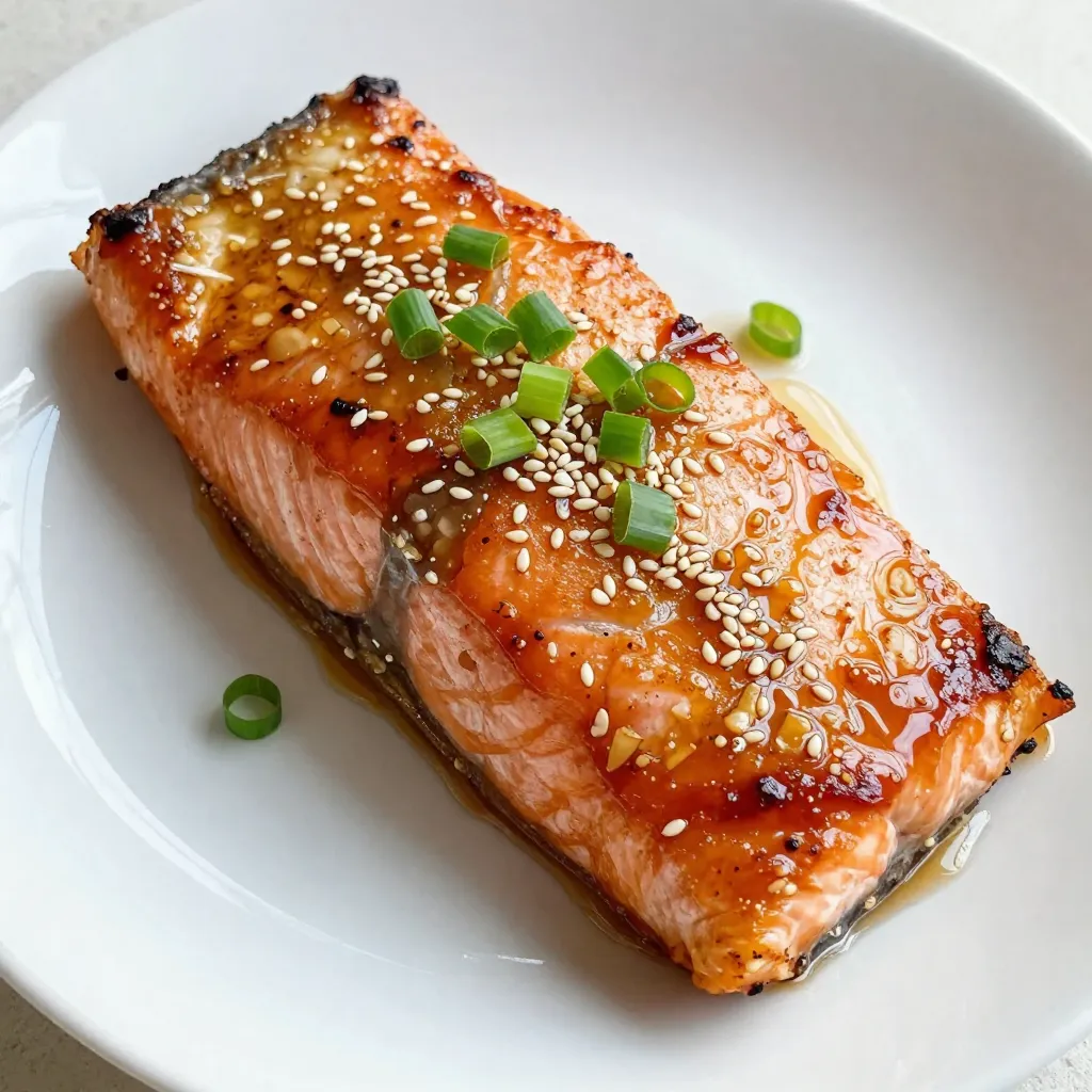 - 4 salmon fillets (approximately 6 ounces each) - 1/4 cup honey - 3 cloves garlic, minced - 1 tablespoon soy sauce (or tamari for a gluten-free option) - 1 tablespoon fresh ginger, grated - 1 tablespoon olive oil - Salt and freshly ground black pepper to taste - 1 tablespoon sesame seeds (optional, for garnish) - 2 green onions, finely chopped (for garnish) The main star of this dish is the salmon. I love using fresh salmon fillets. They deliver rich flavor and amazing texture. Honey plays a key role in this recipe. It brings natural sweetness and helps the glaze caramelize beautifully. Next, garlic adds a bold punch. Minced garlic gives a wonderful aroma. The soy sauce or tamari adds depth to the flavor with its umami notes. Fresh ginger gives a zesty kick. It brightens the dish and balances the sweetness of the honey. Olive oil makes the marinade smooth. It helps coat the salmon well. Finally, salt and pepper bring everything together. Adding sesame seeds and green onions at the end makes for a great finish. They add crunch and color. Each ingredient works in harmony. Together, they create a glaze that is both sweet and savory. This dish is simple yet satisfying. You can enjoy the flavors with just a few pantry staples. {{ingredient_image_2}} To make the marinade, mix these items in a bowl: - 1/4 cup honey - 3 cloves garlic, minced - 1 tablespoon soy sauce - 1 tablespoon fresh ginger, grated - 1 tablespoon olive oil Whisk them well. The honey gives a sweet flavor, while the garlic adds depth. The soy sauce brings saltiness, and ginger adds a little heat. The right mix of these flavors makes the salmon shine. Place your salmon fillets skin-side down in a shallow dish. Pour the marinade over them, covering all sides. For the best taste, let it marinate for at least 30 minutes. You can go up to 2 hours for more flavor. Cover the dish to keep the salmon fresh. This step helps the salmon soak in all those yummy flavors. Preheat your oven to 400°F (200°C). This makes sure it's hot when you put in the salmon. Line a baking dish with parchment paper for easy cleanup. Place the salmon fillets in the dish, skin-side down. Drizzle any leftover marinade on top. Bake for 12-15 minutes. Check if it flakes easily with a fork. For a nice glaze, broil it for the last 2-3 minutes. Just watch it closely so it doesn’t burn. After baking, let the salmon rest for a couple of minutes. This keeps it juicy. Serve each fillet on a plate. Drizzle some sauce from the dish on top. For extra flavor and a pop of color, sprinkle sesame seeds and chopped green onions over the salmon. This makes it look and taste great! To achieve the perfect caramelization, use a high heat. This helps the sugars in the honey brown. Start by broiling the salmon for the last few minutes. Keep an eye on it to avoid burning. Adjust the sweetness by adding more honey or a splash of soy sauce. Taste the marinade before using. This helps you find your perfect balance of sweet and salty. If you want to try something other than baking, grilling or pan-searing works well. Grilling gives a smoky flavor, while pan-searing adds crispness. For both methods, ensure the salmon reaches an internal temperature of 145°F (63°C). This keeps the salmon safe to eat and ensures it stays juicy. Checking if salmon is fully cooked is easy. Look for a bright, opaque color that flakes easily with a fork. The flesh should be firm but not dry. If it's still translucent in the center, give it more time. The right texture and color make a great dish. Pro Tips Use Fresh Ingredients: Fresh garlic and ginger will enhance the flavor profile of the glaze. Avoid using pre-minced options for the best taste. Monitor Cooking Time: Salmon can quickly overcook, so check for doneness a minute or two before the suggested time. The fish should flake easily with a fork. Experiment with Marinade: Feel free to adjust the honey or soy sauce levels based on your taste preferences. A little extra honey can add a delightful sweetness. Rest Before Serving: Allow the salmon to rest for a couple of minutes after baking. This helps the juices redistribute, making the fish even more tender and flavorful. {{image_4}} You can easily swap some ingredients. For a gluten-free option, use tamari instead of soy sauce. Tamari has a similar taste but is safe for those who avoid gluten. If you want to skip dairy, this recipe is already dairy-free. You can also add heat by including red pepper flakes. For a citrus twist, try adding orange juice to the marinade. It gives a fresh flavor that pairs well with salmon. Serving this dish with the right sides can elevate your meal. I recommend pairing it with steamed rice or quinoa. These grains soak up the glaze well. You can also serve it with roasted vegetables like broccoli or asparagus. For a fun dip, try a spicy mayo or a honey mustard sauce. These options add extra flavor and contrast nicely with the sweet glaze. Feel free to get creative with different fish. While salmon is a favorite, you can use trout or mackerel. Both have a rich taste that holds up well to the glaze. You can also add seasonal vegetables. In spring, asparagus shines, while zucchini is great in summer. In fall, consider root vegetables like carrots or sweet potatoes. They add color and nutrition to your plate. To store leftover salmon, place it in an airtight container. Make sure the container is clean and dry. This keeps the salmon fresh. You can store it in the fridge for up to three days. For longer storage, freeze the salmon. It can stay good in the freezer for about three months. When freezing, wrap the salmon tightly in plastic wrap. Then put it in a freezer bag to prevent freezer burn. When reheating salmon, the best method is to use the oven. Preheat your oven to 350°F (175°C). Place the salmon on a baking sheet. Cover it with foil to keep moisture in. Heat for about 10-15 minutes until warm. This helps maintain flavor and texture. You can also reheat salmon in the microwave. Use a microwave-safe dish and cover it. Heat in short bursts, about 30 seconds at a time. Check often to avoid overcooking. Add a splash of water or broth to keep it moist. You should marinate honey garlic salmon for at least 30 minutes. This allows the fish to soak up the sweet and savory flavors. If you have more time, marinate for up to 2 hours. Longer marinating gives the salmon a richer taste. Just be mindful not to exceed 2 hours, as it can change the texture. Yes, you can use frozen salmon! First, thaw the salmon safely. Place it in the fridge overnight or in a sealed bag under cold water for about an hour. After thawing, pat it dry with paper towels. This step helps the marinade stick better. You can then follow the recipe as usual. Pair the salmon with fresh sides for a complete meal. Here are some great options: - Steamed broccoli - Roasted asparagus - Rice or quinoa - Mixed green salad For drinks, consider a crisp white wine or sparkling water with lemon. These choices enhance the meal without overpowering the salmon. Absolutely! Grilling gives the salmon a lovely smoky flavor. Preheat your grill to medium heat. Use a grill mat or lightly oil the grates to prevent sticking. Cook the salmon skin-side down for about 6-8 minutes per side. Keep an eye on it to avoid overcooking. You can still use the marinade to baste the salmon while it grills. This post outlined how to make delicious honey garlic salmon. We covered essential ingredients and the best methods for marinating, baking, and serving. You learned tips for perfecting the glaze and alternative cooking methods. We also discussed storage and answered common questions. Enjoying salmon this way can elevate any meal. With these tips, you can impress your family and friends. Try different variations to suit your taste and needs. Cooking can be fun, and great flavors await you!