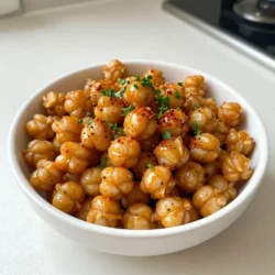- 1 can (15 oz) chickpeas, drained and rinsed - 2 tablespoons extra virgin olive oil - 1 teaspoon smoked paprika - 1 teaspoon garlic powder - 1/2 teaspoon cayenne pepper - 1/2 teaspoon ground cumin - Salt to taste - Fresh parsley, finely chopped (optional) When I make spicy roasted chickpeas, I love starting with a can of chickpeas. They are easy and quick to use. Rinse them well to get rid of any canning liquid. This makes them clean and ready for seasoning. I also use extra virgin olive oil. It adds a rich flavor and helps the spices stick. The spices are where the magic happens. Smoked paprika gives a warm, rich taste. Garlic powder adds depth and pairs well with the spices. If you like heat, cayenne pepper is your friend. You can adjust it to make your snack as spicy as you want. Ground cumin adds warmth and earthiness. Salt is key for bringing all the flavors together. For a fresh touch, sprinkle some chopped parsley on top. It not only looks great but adds a burst of flavor. These ingredients come together to create a crispy, flavorful snack that you won't be able to resist. {{ingredient_image_2}} - Preheat your oven to 400&deg;F (200&deg;C). - Line a baking sheet with parchment paper. - Open a can of chickpeas and drain them in a colander. - Rinse the chickpeas well under cold water. - Pat the chickpeas dry with a kitchen towel. - In a large bowl, mix the dried chickpeas with olive oil and spices. - Use a spatula or your hands to toss them until they are well-coated. - Spread the seasoned chickpeas in a single layer on the baking sheet. - Roast the chickpeas for 25 to 30 minutes, shaking the pan halfway through. - Once roasted, let the chickpeas cool slightly. - If you want, add fresh chopped parsley on top before serving. To get your chickpeas crispy, start by drying them well. Remove all moisture with a towel. If they are wet, they won&rsquo;t get that nice crunch. Next, spread them out on the baking sheet. Give them room to breathe! Overcrowding the pan makes them steam instead of roast. You can change the spice level to suit your taste. If you want more heat, add extra cayenne. If you prefer less spice, cut back on it. You can also try using different spices. Add some curry powder or chili powder for a new twist. Fresh herbs like rosemary or oregano can give a great flavor boost too. When it&rsquo;s time to serve, think about how you present your chickpeas. Use a fun bowl or platter to make them look appealing. You can also pair them with dips. A spicy yogurt dip adds a nice touch. This makes your snack even more flavorful and fun! Pro Tips Dry Chickpeas Thoroughly: Ensuring your chickpeas are completely dry before roasting is crucial for achieving that perfect crunch. Customize Your Spice Blend: Feel free to experiment with different spices, such as curry powder or chili powder, to create a flavor that suits your palate. Adjust Cooking Time: Keep an eye on the chickpeas as they roast; thicker or larger chickpeas may require a bit more time for optimal crispiness. Store Properly: To maintain their crunch, store leftover chickpeas in an airtight container at room temperature for up to a week. {{image_4}} You can change the flavor of your spicy roasted chickpeas easily. Here are some fun ideas: - Different Spices: Add curry powder for a warm, earthy taste. Chili powder brings heat and depth. You can mix and match to find what you like best. - Experimenting with Herbs: Fresh herbs can change the dish. Try rosemary for a piney flavor or oregano for a hint of Mediterranean. Fresh herbs brighten up the roasted chickpeas. Many people have different dietary needs. Here are some ways to adapt the recipe: - Low-Sodium Version: Skip the added salt. Use a salt-free seasoning blend for flavor without the extra sodium. - Gluten-Free: This recipe is naturally gluten-free. You can enjoy it without worry if you avoid gluten. Spicy roasted chickpeas are versatile. Here are ways to enjoy them: - Serving Options: They make a great snack. Serve them with salads or soups for added crunch. Enjoy them as a vegan snack at any time. - In Grain Bowls or Wraps: Add them to grain bowls for protein. They also fit well in wraps, adding texture and flavor. Store your spicy roasted chickpeas in an airtight container. This keeps them fresh and crunchy. Make sure the lid seals well. Avoid using a loose bag or jar. Room temperature works best for storage. These tasty snacks will stay fresh for 3 to 5 days. After that, they may lose their crunch. For the best flavor and texture, consume them within this time frame. If you want to enjoy them later, you can re-crisp your chickpeas. Use an oven or an air fryer. Preheat the oven to 350&deg;F (175&deg;C). Spread the chickpeas on a baking sheet. Heat for about 5 to 10 minutes. This will bring back their crunch. Enjoy them as a snack any time! To make chickpeas crispy, start by drying them well. Use a clean towel to pat them dry after rinsing. The less moisture, the better! Spread them out on the baking sheet in a single layer. Avoid crowding the pan. This helps them roast evenly and get that nice crunch. Yes, you can! If you use dried chickpeas, you'll need to cook them first. Soak them overnight in water. After soaking, boil them until tender. Drain and cool them before roasting. This step helps you achieve a great texture. You can try other legumes like black beans or lentils. Roasted edamame also makes a tasty snack. If you want something different, try nuts like almonds or cashews. They roast well and give you a crunchy bite. To lower the spice level, use less cayenne pepper. You can also swap it for sweet paprika. If you want some warmth without too much heat, add more smoked paprika or garlic powder. Taste the mixture before roasting to find your perfect balance. Yes, Spicy Roasted Chickpeas are healthy! They are high in protein and fiber. This makes them great for a snack. Plus, they use olive oil, which is good for your heart. Enjoy them guilt-free, knowing they're both tasty and nutritious! Roasting chickpeas is simple and fun. You need just a few main ingredients and spices. Following the steps ensures crispy treats every time. Remember to dry the chickpeas and not overcrowd your baking sheet. Feel free to play with flavors and herbs. These snacks fit well with many meals or stand alone as a treat. Store them right to keep that crunch. Have fun making these delicious, healthy bites!
