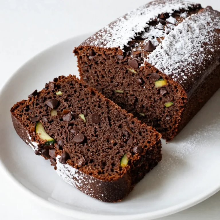 To make this delicious Triple Chocolate Zucchini Bread, you'll need a few simple ingredients. Here’s the list: - 1 medium zucchini, grated (about 1 cup) - 1 cup granulated sugar - 1/2 cup packed brown sugar - 1/2 cup vegetable oil - 2 large eggs - 1 teaspoon pure vanilla extract - 1 1/2 cups all-purpose flour - 1/2 cup unsweetened cocoa powder - 1 teaspoon baking soda - 1/2 teaspoon baking powder - 1/2 teaspoon salt - 1 cup semi-sweet chocolate chips - 1/2 cup white chocolate chips - 1/2 cup dark chocolate chunks Each ingredient plays a key role in making the bread rich and moist. The zucchini adds moisture and texture, while the sugars give the bread its sweetness. The variety of chocolate chips makes each bite a chocolate lover's dream. Using both cocoa powder and chocolate chips helps to deepen the chocolate flavor. This combination ensures that your bread is not just tasty but also has a delightful texture. Make sure to prepare all your ingredients before starting. This way, you can mix them smoothly and create the best bread possible. {{ingredient_image_2}} - Preheat the oven to 350°F (175°C). - Grease a 9x5 inch loaf pan with cooking spray or butter. You can also line it with parchment paper. This makes it easy to remove the bread later. - In a large bowl, mix the grated zucchini, granulated sugar, brown sugar, vegetable oil, eggs, and vanilla extract. You want to stir until the mixture is smooth and well blended. - In another bowl, whisk together your flour, cocoa powder, baking soda, baking powder, and salt. Make sure these dry ingredients are mixed well. - Gradually add the dry mix to the wet zucchini mix. Stir gently until just combined. A few lumps are okay; do not overmix. - Carefully fold in the semi-sweet chocolate chips, white chocolate chips, and dark chocolate chunks. Make sure they spread evenly in the batter. - Now, pour the batter into your greased or lined loaf pan. Use a spatula to smooth the top. - Place the pan in the oven and bake for 50-60 minutes. To check if it's done, insert a toothpick into the center. It should come out clean or with a few moist crumbs. - Once baked, let the zucchini bread cool in the pan for about 10 minutes. After that, transfer it to a wire rack to cool completely. This allows the air to circulate and helps it cool evenly. To keep your zucchini bread light and moist, avoid overmixing. Once you add the dry mix to the wet mix, stir just until blended. A few lumps are okay. This way, you prevent tough bread. Melting chocolate can be tricky. Use a microwave or a double boiler. If using a microwave, heat in short bursts of 15 seconds. Stir in between until smooth. This helps you mix chocolate easily into your batter without burning it. Serve your Triple Chocolate Zucchini Bread warm for the best taste. Slice it and arrange it on a wooden board. Dust with powdered sugar for a nice look. You can also pair it with a scoop of vanilla ice cream. This adds a creamy contrast to the rich chocolate flavor. Pro Tips Grate Zucchini Properly: Make sure to use a box grater for even shreds, and if your zucchini is particularly watery, squeeze out excess moisture using a clean kitchen towel before adding it to the batter. Mix with Care: When combining wet and dry ingredients, stir until just combined to avoid a tough texture. A few lumps are okay; overmixing can lead to dense bread. Customize Your Chocolate: Feel free to mix and match your favorite types of chocolate chips or chunks. Adding a sprinkle of sea salt on top before baking can enhance the chocolate flavor. Cool Completely: Allow the bread to cool in the pan for 10 minutes before transferring it to a wire rack. This helps maintain its shape and prevents sogginess. {{image_4}} To make this bread gluten-free, you can swap out the all-purpose flour. Use a gluten-free flour blend that works for baking. Look for one that contains xanthan gum, as this helps with texture. You can also try almond flour or oat flour, but results may vary. Adjust the liquid if needed since some flours absorb moisture differently. You can easily make this bread vegan. Replace the eggs with flax eggs. To make a flax egg, mix 1 tablespoon of ground flaxseed with 2.5 tablespoons of water. Let it sit for five minutes until it thickens. For the dairy, use plant-based milk like almond or oat milk. You can also use vegan chocolate chips for a fully plant-based treat. Want to enhance the flavor? Add nuts like walnuts or pecans for crunch. Chop them coarsely and fold them into the batter. Dried fruits like raisins or cranberries can also add a sweet twist. Aim for about half a cup of either, mixing them in just before baking. This adds texture and depth to your delicious bread. To keep your Triple Chocolate Zucchini Bread fresh, use an airtight container. This method helps seal in moisture and flavor. You can also wrap the bread tightly in plastic wrap before placing it in the container. Store it at room temperature for up to three days. If you want to keep it longer, consider freezing it. Freezing zucchini bread is easy. First, let it cool completely after baking. Next, wrap the bread tightly in plastic wrap. Then, place it in a freezer-safe bag or container. This method prevents freezer burn. You can freeze the bread for up to three months. When you want to enjoy it, just thaw it overnight in the fridge. To reheat your zucchini bread, I recommend slicing it first. This way, it warms evenly. You can use a toaster or oven set to 350°F (175°C). Heat for about 10-15 minutes, or until warm. For a special touch, add a pat of butter on top before reheating. This makes each slice even more delicious! Yes, you can use frozen zucchini. Thaw it first and drain excess water. Fresh zucchini has a better texture, but frozen works in a pinch. Just remember, fresh zucchini gives a lighter loaf. Besides the toothpick test, look for a few signs. The top should be firm and slightly cracked. The edges may pull away from the pan. When you tap the top, it should sound hollow. Dense bread often comes from too much flour or overmixing. Make sure to measure flour correctly. Use a spoon to scoop flour into the measuring cup. Mix just until combined for a lighter texture. Yes, you can reduce sugar. Try cutting it by a third. Add a splash of vanilla for extra flavor. You can also use unsweetened applesauce to keep moisture and sweetness. This blog post guided you through making delicious Triple Chocolate Zucchini Bread. You learned about each ingredient, step-by-step mixing, and baking techniques. We also covered tips to prevent overmixing, variations for dietary needs, and storage tips to keep your bread fresh. In the end, this recipe is flexible and fun. You can easily add your own twist! Enjoy creating this treat that everyone will love. Share it, savor it, and make it your own!