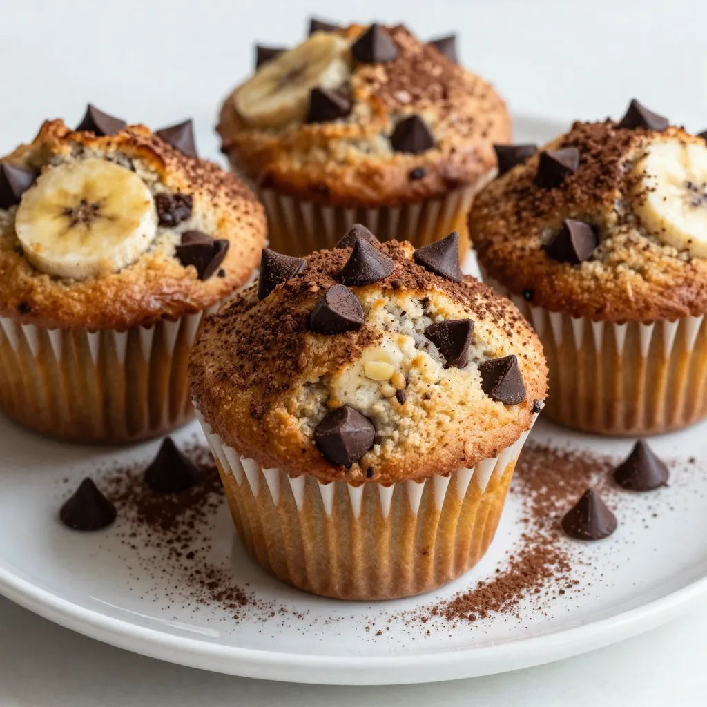 To make Chocolate Chip Banana Protein Muffins, you will need the following ingredients: - Ripe bananas (2) - Rolled oats or oat flour (1 cup) - Vanilla-flavored protein powder (1/2 cup) - Almond milk or preferred milk variety (1/2 cup) - Honey or maple syrup (1/4 cup) - Unsweetened cocoa powder (1/4 cup) - Baking powder (1 teaspoon) - Baking soda (1/2 teaspoon) - Ground cinnamon (1/2 teaspoon) - Dark chocolate chips (1/2 cup, optional) - Salt (1/4 teaspoon) These ingredients come together to create a delicious, nutritious muffin. The ripe bananas add natural sweetness and moisture. I love using rolled oats or oat flour, as they bring a hearty texture. The vanilla protein powder boosts the protein content, making these muffins a great post-workout snack. Almond milk gives a nice creaminess, while honey or maple syrup sweetens the mix naturally. Cocoa powder adds a rich chocolate flavor that pairs perfectly with bananas. Baking powder and baking soda help the muffins rise nicely, and ground cinnamon adds warmth. If you want extra indulgence, I highly recommend adding dark chocolate chips. Each ingredient plays a role, making these muffins not only tasty but also healthy. Let’s gather these ingredients and get ready to bake! {{ingredient_image_2}} - Preheat the oven to 350°F (175°C). - Prepare the muffin tin with liners or cooking spray. Start by getting your oven nice and warm. This step is key to making sure your muffins rise well. While the oven heats up, grab your muffin tin. You can use paper liners or spray it with cooking spray. This will help your muffins come out easily. - Mash bananas and combine with almond milk and honey. Next, take your ripe bananas and mash them well in a bowl. You want them smooth so they mix nicely. Then, add the almond milk and honey. Stir it all together until it looks blended. This mix will give your muffins great flavor and sweetness. - Whisk together oats, protein powder, cocoa powder, and leavening agents. In another bowl, take your rolled oats or oat flour. Add the protein powder, cocoa powder, baking powder, baking soda, ground cinnamon, and salt. Whisk these dry ingredients together. This mix adds texture and helps your muffins rise. - Gradually incorporate dry ingredients into wet. Now, take your dry mix and slowly add it to the wet banana mixture. Stir gently. You want to mix just until they come together. If you mix too much, your muffins might get dense. - Gently fold in dark chocolate chips. Time for the fun part! Take your dark chocolate chips and fold them into the batter. Be gentle so the chips stay whole and spread throughout the muffins. This will add a nice chocolatey surprise in every bite. - Portion batter into muffin cups and bake. Now, scoop the batter into your muffin cups. Fill each cup about three-quarters full. This gives them space to rise as they bake. Place the muffin tin in the oven and bake for 15 to 20 minutes. Check them by inserting a toothpick. If it comes out clean or with a few crumbs, they're done. - Allow muffins to cool and transfer to a wire rack. Once baked, take the muffins out of the oven. Let them cool in the tin for about five minutes. Then, carefully transfer them to a wire rack. This helps them cool evenly. Enjoy the amazing smell while they cool down! To make the best muffins, avoid over-mixing your batter. Stir gently until just combined. This keeps your muffins light and fluffy. Use ripe bananas for optimal sweetness. The brown spots on the bananas mean they are perfect for baking. You can add spices for extra flavor. Try a pinch of nutmeg or vanilla extract. A splash of almond extract can bring a nice twist, too. These small additions elevate the taste of your muffins. For a great look, garnish your muffins before serving. Dust them lightly with cocoa powder for a touch of elegance. You can also sprinkle a few chocolate chips on top. Serving with Greek yogurt adds creaminess and makes it special. Pro Tips Choose Ripe Bananas: The riper the bananas, the sweeter and more flavorful your muffins will be. Look for bananas with lots of brown spots for the best results. Oat Flour Alternative: If you prefer a smoother texture, consider using oat flour instead of rolled oats. It will give your muffins a finer crumb. Monitor Baking Time: Keep an eye on your muffins during the last few minutes of baking. Ovens can vary, and you want to avoid overbaking for a moist texture. Store Properly: To keep your muffins fresh, store them in an airtight container at room temperature for up to 3 days or freeze them for longer storage. {{image_4}} If you want to make these muffins nut-free, you have easy choices. Just swap the almond milk for oat milk or soy milk. For the flour, use sunflower seed flour or just stick to rolled oats. These swaps still keep the muffins tasty and moist. Going vegan? It's simple! Replace honey with maple syrup. This keeps the sweetness but makes it plant-based. You should also use plant-based protein powder instead of the regular kind. This way, you can enjoy a delicious muffin without any animal products. Want to add more flavor? You can customize these muffins with mix-ins. Consider adding nuts like walnuts or pecans for crunch. Seeds like chia or flax can add extra nutrients. Dried fruits, like cranberries or raisins, work well too. Choose what you love to make each batch unique! To keep your Chocolate Chip Banana Protein Muffins fresh for a few days, store them in an airtight container. This method helps keep moisture in while preventing them from drying out. You can also place a piece of bread inside the container. The bread will help maintain softness. If you prefer, wrap each muffin in plastic wrap. This choice works well too. Store the container at room temperature for up to three days. If you want them to last longer, consider the fridge. They can stay fresh for up to a week there. If you want to keep muffins for later, try freezing them. First, let the muffins cool completely. Then, wrap each muffin tightly in plastic wrap. After wrapping, place them in a freezer-safe bag or container. Label the bag with the date to track freshness. These muffins can stay in the freezer for up to three months. When you are ready to eat, simply take out a muffin. Let it thaw overnight in the fridge or at room temperature for a few hours. You can also heat them directly from the freezer if you prefer a warm muffin. To warm your muffins, you have a few options. The oven method is great for keeping them soft. Preheat the oven to 350°F (175°C). Place the muffins on a baking sheet and heat for about 10 minutes. This method will revive their fresh-baked taste. You can also use a microwave for a quick option. Place a muffin on a microwave-safe plate. Heat for about 15-20 seconds. Check if it's warm enough; if not, heat for a few more seconds. Enjoy your muffins warm for the best flavor! To make these muffins gluten-free, you can use gluten-free flour. Here are some great options: - Almond flour: Adds moisture and a slight nuttiness. - Coconut flour: Absorbs more liquid, so use less than regular flour. - Gluten-free all-purpose flour: A simple 1:1 swap for regular flour. - Oat flour: If you use rolled oats, blend them into a fine flour. Make sure to check the labels to ensure they are gluten-free. You can use fresh bananas, but overripe ones are best. Overripe bananas are sweeter and softer. They give the muffins a moist texture. Fresh bananas may not mash as easily, leading to a denser muffin. Using ripe bananas will also enhance the flavor. If you don't have protein powder, here are some good substitutes: - Greek yogurt: Adds protein and moisture. Use about half a cup. - Cottage cheese: Blend it for a smooth texture. Use the same amount. - Nut butter: Adds protein and flavor. Use 1/4 cup for best results. - Chia seeds: Mix with water to form a gel, adding protein and nutrition. These options can change the texture and taste slightly, but they work well. These muffins can stay fresh for about 3 to 5 days at room temperature. Store them in an airtight container to keep them moist. You can also freeze them for up to 3 months. Wrap each muffin tightly in plastic wrap. When ready to eat, thaw them at room temperature or warm them in the microwave. Look for signs of mold or an off smell to check freshness. You learned about making tasty banana chocolate muffins. We covered key ingredients, step-by-step instructions, and helpful tips. Remember to use ripe bananas for the best flavor. You can customize these muffins with your favorite mix-ins. Store extra muffins well to enjoy later. Cooking should be fun and creative. I hope you try this recipe and share it with others. These muffins are easy to make and taste great! Enjoy your baking adventure!