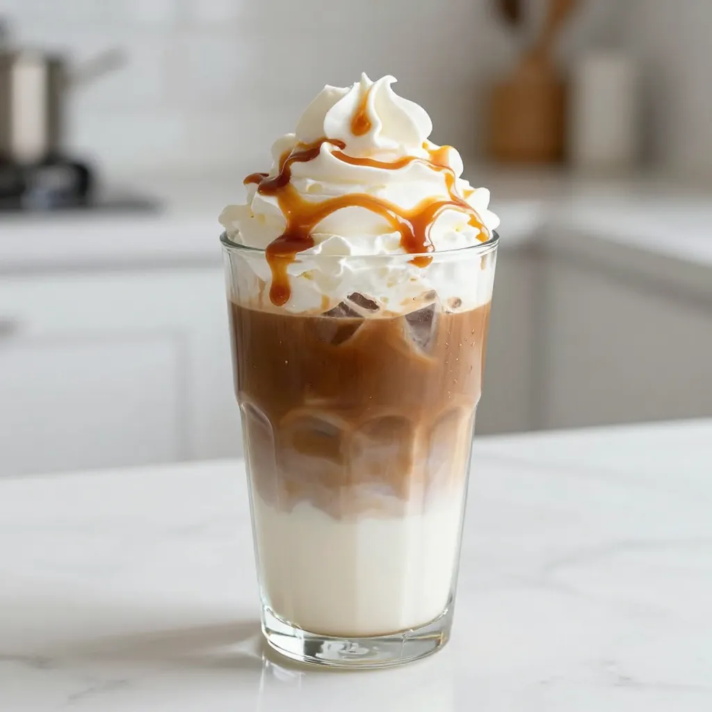 To make your Iced Caramel Macchiato Copycat, gather these ingredients: - 1 cup of freshly brewed espresso (or bold brewed coffee) - 1 cup of milk (choose between dairy or your favorite non-dairy alternative) - 2 tablespoons of rich vanilla syrup - 2 tablespoons of silky caramel sauce - A handful of ice cubes - Whipped cream (optional for a delectable topping) - Extra caramel sauce for a delightful drizzle These simple items give your drink that bold flavor. You can easily adjust this recipe for dietary needs. Here are some options: - Use almond, oat, or soy milk instead of dairy milk. - Try sugar-free vanilla syrup if you want to cut back on sugar. - Use a dairy-free caramel sauce for a vegan option. These swaps help make the drink fit your diet while keeping it delicious. If you run out of an ingredient, don’t worry! Here are some easy substitutions: - If you don’t have espresso, use strong brewed coffee. - Any sweet syrup can replace vanilla syrup. Maple syrup works well. - For a lighter drink, use skim milk or a low-fat milk alternative. These substitutions allow you to enjoy your macchiato no matter what you have on hand. {{ingredient_image_2}} To start, brew your espresso or strong coffee. You want it bold for that rich taste. If you don’t have an espresso machine, no worries! Just use a French press or a drip coffee maker. Once it’s brewed, let it cool for a few minutes. This step is key because hot coffee can melt the ice too fast. Grab a large glass for your drink. Pour 2 tablespoons of vanilla syrup into the bottom first. This syrup adds a sweet touch. Next, fill the glass halfway with ice cubes. Make sure there’s space for the milk and espresso. Now, pour in 1 cup of milk. You can use any milk you like—dairy or non-dairy. Stop pouring when you have about an inch of space left at the top. This is where the magic happens. Slowly pour your cooled espresso over the back of a spoon. This trick helps the espresso float on top of the milk, creating beautiful layers. Now, drizzle 2 tablespoons of caramel sauce over the top. Watch it cascade down the sides of the glass. For an extra treat, add whipped cream on top. Finish by drizzling more caramel sauce for a sweet touch. Finally, stir gently to mix everything together before you sip. Enjoy your homemade iced caramel macchiato! To get the best flavor in your iced caramel macchiato, use fresh espresso. Fresh coffee makes a big difference. If you do not have espresso, strong brewed coffee works too. Choose a bold roast for a rich taste. Use good quality vanilla syrup; it adds sweetness and depth. Make sure your caramel sauce is smooth and thick for the best drizzle. Presentation is key to enjoy your drink. Use a tall glass to show off the layers. Start with the vanilla syrup at the bottom. Pour the milk slowly to keep the layers. When you add the espresso, pour it over the back of a spoon. This trick helps it float beautifully. Top with whipped cream for a nice touch. Drizzle more caramel sauce on top for extra sweetness. Avoid using hot espresso; it can melt your ice too fast. Let it cool first. Don’t rush the layering; take your time to pour each ingredient slowly. If you want a sweeter drink, add more vanilla syrup or caramel sauce. Lastly, don’t skip the whipped cream; it adds creaminess and looks great. With these tips, your iced caramel macchiato will be a hit! Pro Tips Espresso Temperature: Allow your espresso to cool slightly before adding it to the drink; this prevents the ice from melting too quickly and diluting your beverage. Layering Technique: Pour the espresso over the back of a spoon to create beautiful layers that not only look great but also enhance the drinking experience. Milk Choices: Experiment with different types of milk, such as oat or almond, to customize the flavor and creaminess of your macchiato to your liking. Whipped Cream Delight: For an extra indulgent treat, try flavoring your whipped cream with a hint of vanilla or a sprinkle of cinnamon before adding it to your drink. {{image_4}} You can add different flavors to your iced caramel macchiato. Try hazelnut, almond, or even chocolate syrup. Just swap out the vanilla syrup for any of these. You can keep the same amount, about 2 tablespoons. This change gives your drink a fun twist. Each flavor will change the taste in a special way. Experiment with what you like best! For a dairy-free or vegan version, choose non-dairy milk. Almond milk, oat milk, or coconut milk work well. These options keep your iced caramel macchiato creamy and tasty. Use the same measurement, 1 cup, as you would with regular milk. Always check labels to ensure your syrups are vegan. This way, you enjoy a delicious drink while sticking to your diet! You can make your iced caramel macchiato sweeter or less sweet. If you want it sweeter, add more vanilla syrup or caramel sauce. Just one extra tablespoon can make a big difference. If you prefer less sweetness, use less syrup or caramel. You can also skip the whipped cream if you want to cut back on sugar. Adjust to match your taste and enjoy every sip! If you have extra iced caramel macchiato, store it in the fridge. Use an airtight container to keep it fresh. It's best to drink it within 24 hours. The ice will melt, but the flavor should still be good. If you want to save the layers, keep the milk and espresso separate. If you brewed too much coffee, you can reheat it. Pour the leftover coffee into a pot or microwave-safe cup. Heat it gently on the stove or microwave. Be careful not to overheat; this can change the taste. Ideally, enjoy your coffee fresh. - Espresso or Coffee: Use within 24 hours for best taste. - Milk: Check the date on the carton. Usually good for about a week after opening. - Vanilla Syrup: Lasts a few months if stored in a cool place. - Caramel Sauce: Can stay fresh for several months, but check for any signs of spoilage. - Ice Cubes: Best used within a few weeks to avoid freezer burn. Knowing how to store your ingredients helps keep your iced caramel macchiato tasting great! You can use strong brewed coffee instead. Just brew a cup of bold coffee. Let it cool down a bit. This keeps the ice from melting too fast. Follow the same steps as the espresso version. Pour the coffee over the milk for that nice, layered look. Yes, cold brew works great! It has a smooth taste. Just make sure it’s strong enough. Use about 1 cup of cold brew. Follow the same steps in the recipe. Pour it gently over the milk to keep those layers. You can use any milk you like. Dairy milk gives a rich flavor. Almond or oat milk is great for a lighter taste. Coconut milk adds a fun twist. Choose what you enjoy most for your drink. The flavor will change with each milk type, so feel free to experiment! You learned how to craft a great iced caramel macchiato. We covered key ingredients, swaps for diets, and step-by-step instructions. Tips helped you avoid mistakes and improve flavor. We explored fun variations like iced versions and vegan choices. Finally, we shared storage info and answered common questions. Enjoy making this drink at home. It’s a delicious treat you can share with friends!