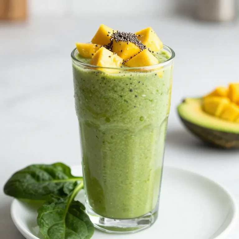 - 1 cup fresh spinach, packed - 1 medium ripe banana, peeled - 1/2 cup pineapple chunks, either fresh or frozen - 1/2 cup mango chunks, either fresh or frozen - 1/2 ripe avocado, pitted and peeled - 1 cup coconut water, chilled - 1 tablespoon chia seeds These ingredients create a vibrant and tasty drink. Spinach gives a boost of nutrients. Bananas add natural sweetness and creaminess. Pineapple and mango bring tropical flavors. Avocado makes the smoothie rich and smooth. Coconut water hydrates and adds a light sweetness. Chia seeds offer fiber and protein. - 1 tablespoon honey or agave syrup (optional, for sweetness) - Ice cubes (optional, for a thicker texture) You can adjust the sweetness with honey or agave syrup. If you like a thicker smoothie, add ice cubes. This lets you create a drink that suits your taste perfectly. - Spinach: Packed with vitamins A, C, and K. It supports eye health and boosts immunity. - Banana: A great source of potassium, it helps with muscle function. - Pineapple: Contains bromelain, which aids digestion and reduces inflammation. - Mango: High in vitamin C, it helps keep your skin healthy. - Avocado: Full of healthy fats, it aids heart health and keeps you full. - Coconut water: Hydrating and low in calories, it replenishes electrolytes. - Chia seeds: High in omega-3 fatty acids, they support brain health and digestion. These ingredients not only taste good but also provide health benefits. Enjoy each sip knowing you are fueling your body with goodness! {{ingredient_image_2}} To make your Tropical Green Smoothie, start by gathering all your ingredients. You will need fresh spinach, banana, pineapple, mango, avocado, coconut water, chia seeds, and a sweetener if you like. Next, add the fresh spinach, peeled banana, pineapple chunks, and mango chunks into a high-speed blender. Cut the avocado in half, remove the pit, and scoop the flesh into the blender. This makes the smoothie creamy and delicious. Now, pour the chilled coconut water over the fruits and greens. This liquid helps the blender mix everything smoothly. You want to make sure there's enough liquid to blend all the ingredients well. Sprinkle in the chia seeds for extra nutrition. If you want your smoothie sweeter, add honey or agave syrup. Blend on high speed until everything is mixed and smooth. If you want a thicker smoothie, toss in some ice cubes and blend again until crushed. To get the best texture, make sure you chop your fruits into smaller pieces. This helps the blender work better. If your smoothie is too thick, add a bit more coconut water. If it's too thin, add more fruit or ice. Always taste your smoothie before serving. Adjust the sweetness or thickness as needed. You can add more sweetener or coconut water to achieve your perfect flavor. Once your smoothie is blended just right, pour it into tall glasses. To make it look even better, garnish with a slice of fresh pineapple on the rim or sprinkle a few chia seeds on top. Serve it right away to enjoy all the fresh flavors and bright colors. This smoothie is not just healthy; it’s a treat for your eyes too! To get the best texture, start with the right liquids. Use coconut water, as it adds flavor and helps blend well. Always add your liquids first in the blender. This helps the blades move freely. Then, layer your solid ingredients like fruits and greens on top. If you want a thicker smoothie, toss in some ice cubes before blending. Blend until it’s smooth and creamy. If it's too thick, add a bit more coconut water. When picking fruits, look for ripe and fresh options. A ripe banana is easy to spot; it should be yellow with some brown spots. Choose pineapples that feel heavy for their size and smell sweet at the base. For mangoes, press gently; they should give a bit. If you can’t find fresh fruits, frozen ones work too. They can make your smoothie colder and thicker, which is great! You can boost flavor and nutrition with a few simple add-ins. Try adding a tablespoon of chia seeds for a healthy crunch and extra fiber. If you want sweetness, drizzle in honey or agave syrup. For a tropical twist, consider adding a splash of lime juice. You can also mix in a spoonful of nut butter for creaminess. Always taste your smoothie before serving. This way, you can adjust the flavors to your liking! Pro Tips Use Frozen Fruits: For a colder and creamier texture, consider using frozen pineapple and mango chunks. They can help thicken the smoothie without needing to add ice. Perfectly Ripe Banana: Ensure your banana is perfectly ripe for optimal sweetness and creaminess. The more brown spots, the sweeter and more flavorful it will be. Experiment with Greens: While spinach is a great choice, feel free to mix in other greens like kale or chard for added nutrients and flavor variation. Make it a Meal: Add a scoop of protein powder or nut butter to turn this smoothie into a more filling meal, perfect for breakfast or post-workout recovery. {{image_4}} You can mix and match fruits to create your own twist. Try adding kiwi for tang or passion fruit for a tropical punch. For a sweeter taste, toss in some ripe papaya. You can also use frozen berries for a chill and extra flavor. Each fruit brings its own unique taste, making your smoothie fun and fresh! Adding protein can boost your smoothie. Try a scoop of pea protein or hemp seeds. Both options add creaminess and help keep you full longer. You can also blend in some nut butter, like almond or peanut, for a rich flavor. These additions make your smoothie more nutritious and satisfying. Transform your smoothie into a bowl for a fun twist! Just blend your ingredients thicker, then pour it into a bowl. Top it with sliced fruits, nuts, and seeds. You can sprinkle granola for some crunch or coconut flakes for a tropical vibe. This way, you can enjoy your smoothie with a spoon and get creative! If you have leftover Tropical Green Smoothie, store it in the fridge. Use a covered glass jar or a plastic container. The smoothie tastes best when fresh, but you can keep it for 1 to 2 days. Shake or stir well before drinking. Separation is normal, so don’t worry! You can freeze the smoothie ingredients for later. Chop the fruits and veggies, then place them in freezer bags. Use a vacuum sealer if you have one. This keeps them fresh and tasty. When you're ready, just blend the frozen mix with coconut water. It saves time and keeps flavors bright. Choose airtight containers for storing your smoothie. Glass jars work well because they do not absorb flavors. BPA-free plastic containers are also a good choice. Make sure the lid fits tightly to avoid spills. Label your containers with the date you made the smoothie for easy tracking. Yes, you can use frozen fruits. They add a nice chill and thickness to your smoothie. Frozen fruit keeps well and can be more convenient for quick smoothies. Just make sure to adjust the liquid if needed. Chia seeds are tiny nutritional powerhouses. They are rich in fiber, which helps with digestion. They also contain omega-3 fatty acids, good for heart health. Plus, chia seeds help you feel full, which can aid in weight management. To make your smoothie vegan, simply skip honey or use agave syrup instead. All other ingredients are already plant-based. You can also add more fruits or plant-based protein for a boost. You can keep your smoothie in the fridge for about 24 hours. Make sure to store it in an airtight container to keep it fresh. However, the texture may change, so try to drink it soon for the best taste. In this post, we explored how to make a tasty tropical green smoothie. We covered the main and optional ingredients, their health benefits, and step-by-step blending instructions. You learned tips for the best texture and flavor, plus creative variations to try. Storing leftover smoothies and your ingredients properly ensures freshness. Remember, frozen fruits work great, and you can always make it vegan-friendly. Enjoy your delicious smoothie, packed with nutrients and bursting with flavor! Keep experimenting, and find what makes your smoothie perfect.