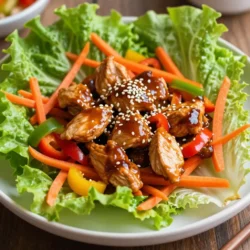 - 1 lb chicken breast - 1 tablespoon sesame oil - 2 cloves garlic, minced - 1 inch ginger, freshly grated The main ingredients create a rich, savory base. Chicken breast offers lean protein. Sesame oil adds a nutty flavor. Garlic and ginger provide aromatic depth. Together, they give the teriyaki chicken its signature taste. - 1/4 cup soy sauce or tamari - 2 tablespoons honey or maple syrup - 1 tablespoon rice vinegar The sauce ingredients balance sweet and salty. Soy sauce or tamari acts as a salty base. Honey or maple syrup brings sweetness. Rice vinegar adds a tangy note. This blend creates a luscious sauce that coats the chicken. - 1/2 cup carrots, coarsely grated - 1/2 cup bell peppers, finely chopped - 1/4 cup green onions, thinly sliced - 1 head of lettuce - Sesame seeds for garnish Fresh vegetables add crunch and color. Carrots and bell peppers bring sweetness and vibrancy. Green onions add a fresh taste. Lettuce cups hold the filling and keep it fresh. Sesame seeds finish the dish with a delightful crunch. {{ingredient_image_2}} First, heat 1 tablespoon of sesame oil in a large skillet over medium-high heat. Wait until the oil is hot but not smoking. This step is key for flavor. Next, add 2 cloves of minced garlic and 1 inch of freshly grated ginger. Saut&eacute; for about 30 seconds. Stir often to avoid burning the garlic. The aroma will fill your kitchen! Now, it's time to add the chicken. Use 1 pound of finely diced chicken breast. Cook the chicken for about 5-7 minutes, stirring occasionally. Make sure the chicken is fully cooked and no longer pink. It should be nicely browned by this point. While the chicken cooks, whisk together the sauce ingredients. In a small bowl, combine 1/4 cup of soy sauce, 2 tablespoons of honey or maple syrup, and 1 tablespoon of rice vinegar. Mix in 1 teaspoon of cornstarch with 2 tablespoons of water. This will create a thick and tasty sauce. Once the chicken is ready, pour the sauce over it. Stir for 2-3 minutes until the sauce thickens and coats the chicken. Next, add 1/2 cup of coarsely grated carrots and 1/2 cup of finely chopped bell peppers. Mix well and cook for another 1-2 minutes. The veggies should be slightly tender but still crisp. To finish, fold in 1/4 cup of thinly sliced green onions. This adds a fresh taste. Finally, to make your lettuce cups, spoon the teriyaki chicken mixture into the lettuce leaves. Sprinkle some sesame seeds on top for extra crunch. Enjoy your flavorful meal! To ensure perfect browning of chicken, start with a hot skillet. Heat your sesame oil until it shimmers. This step seals in moisture and flavor. Add the chicken in a single layer. Avoid overcrowding, as this can cause steaming instead of browning. Cook until the chicken turns golden brown, about 5-7 minutes. Stir occasionally to cook evenly. When saut&eacute;ing vegetables, keep the heat high to maintain crispness. Add vegetables after the chicken is cooked. This way, they retain their color and crunch. For this recipe, add grated carrots and chopped bell peppers. Stir for just 1-2 minutes, until they soften but remain vibrant. For presentation, arrange the lettuce cups on a large platter. This makes it easy for guests to help themselves. Place a small bowl of sesame seeds nearby. Guests can sprinkle them on their cups for added flavor and crunch. Pair your teriyaki chicken lettuce cups with a side of jasmine rice or quinoa. These sides complement the meal and absorb the delicious sauce. You can also serve a light cucumber salad for a refreshing crunch. To add a kick, consider adding spices like crushed red pepper flakes or black pepper. These spices boost the flavor without overwhelming the dish. Don&rsquo;t hesitate to experiment with different sauces. Try adding a dash of sriracha for heat or a splash of hoisin sauce for a richer flavor. These small tweaks can transform your teriyaki chicken into a unique dish each time. Pro Tips Choose Quality Chicken: Opt for organic or free-range chicken for a more flavorful and healthier dish. Customize Your Veggies: Feel free to add other vegetables like zucchini or mushrooms for extra texture and flavor. Adjust Sweetness: Depending on your preference, you can increase or decrease the amount of honey or maple syrup in the sauce. Make Ahead: Prepare the chicken mixture in advance and store it in the fridge for up to 2 days, reheating before serving. {{image_4}} You can switch up the protein in this dish. Ground turkey or beef works well. Simply replace the chicken with one of these meats. Cook them the same way you would the chicken. You&rsquo;ll get a nice flavor with a different texture. If you want a vegetarian option, try tofu. Use firm tofu and press it to remove extra water. Dice it and cook it like the chicken. It soaks up the sauce nicely. Feel free to add more vegetables. Mushrooms, snap peas, or zucchini can be great choices. You can also toss in some corn for sweetness. For seasonal variations, use vegetables that are fresh and in season. This keeps your dish vibrant and tasty. Try to mix colors for a fun look. To add some heat, mix in sriracha with the sauce. Start with a small amount, then taste and adjust. You can also use low-sodium soy sauce or tamari. This keeps the dish lighter and healthier without losing flavor. To keep your teriyaki chicken mixture fresh, place it in an airtight container. This helps lock in flavor and moisture. Store it in the fridge. It stays good for up to three days. Make sure to let it cool before sealing, to avoid steam build-up. When you're ready to enjoy your leftovers, the best methods for reheating are the stove or microwave. For stovetop, warm it in a skillet over low heat. Stir often to prevent sticking. If using a microwave, place it in a bowl and cover it loosely. Heat in short bursts until warm, stirring in between. To keep the lettuce cups crisp, reassemble them just before serving. Yes, you can freeze the teriyaki chicken mixture! To do this, let it cool completely. Then, place it in a freezer-safe container or a zip-top bag. Remove as much air as possible. It can last up to three months in the freezer. When you're ready to use it, thaw it overnight in the fridge. Reheat as mentioned above for the best taste and texture. To make teriyaki sauce from scratch, mix together these ingredients: - 1/4 cup soy sauce (or tamari for gluten-free) - 2 tablespoons honey or maple syrup - 1 tablespoon rice vinegar - 1 teaspoon cornstarch mixed with 2 tablespoons water Combine these in a bowl. Stir until smooth. This sauce adds great flavor to your chicken. Yes, you can use frozen chicken for this recipe. Just make sure to thaw it first. You can do this in the fridge overnight or use the microwave. Cook the chicken until it is fully browned and no longer pink. Butter lettuce and iceberg lettuce are the best choices for lettuce cups. They are sturdy yet tender. The leaves hold the filling well and make a nice wrap. To make this recipe gluten-free, simply replace soy sauce with tamari. Tamari is a gluten-free soy sauce. This small swap keeps your meal tasty without gluten. Yes, this recipe is great for meal prep. You can store the teriyaki chicken mixture in the fridge for up to four days. Just keep the lettuce separate until you are ready to eat. This way, your cups stay fresh and crisp. This blog post shared how to create a tasty teriyaki chicken dish. We covered key ingredients like chicken, sesame oil, and fresh veggies. You learned step-by-step instructions for cooking and seasoning. Our tips helped enhance flavor and presentation. Don't forget storage options for leftovers, plus fun variations to try. Cooking should be fun and creative. Enjoy experimenting with this recipe and make it your own!