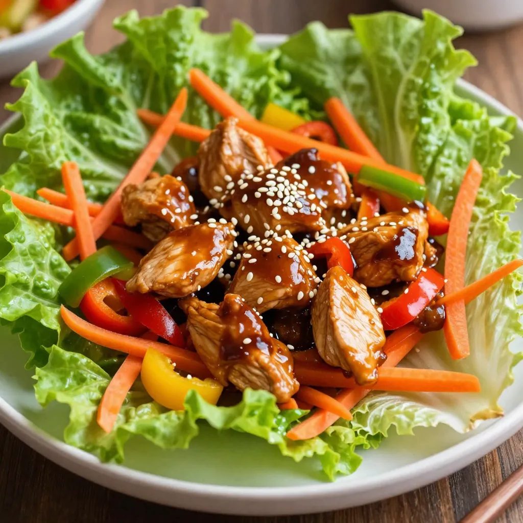 - 1 lb chicken breast - 1 tablespoon sesame oil - 2 cloves garlic, minced - 1 inch ginger, freshly grated The main ingredients create a rich, savory base. Chicken breast offers lean protein. Sesame oil adds a nutty flavor. Garlic and ginger provide aromatic depth. Together, they give the teriyaki chicken its signature taste. - 1/4 cup soy sauce or tamari - 2 tablespoons honey or maple syrup - 1 tablespoon rice vinegar The sauce ingredients balance sweet and salty. Soy sauce or tamari acts as a salty base. Honey or maple syrup brings sweetness. Rice vinegar adds a tangy note. This blend creates a luscious sauce that coats the chicken. - 1/2 cup carrots, coarsely grated - 1/2 cup bell peppers, finely chopped - 1/4 cup green onions, thinly sliced - 1 head of lettuce - Sesame seeds for garnish Fresh vegetables add crunch and color. Carrots and bell peppers bring sweetness and vibrancy. Green onions add a fresh taste. Lettuce cups hold the filling and keep it fresh. Sesame seeds finish the dish with a delightful crunch. {{ingredient_image_2}} First, heat 1 tablespoon of sesame oil in a large skillet over medium-high heat. Wait until the oil is hot but not smoking. This step is key for flavor. Next, add 2 cloves of minced garlic and 1 inch of freshly grated ginger. Sauté for about 30 seconds. Stir often to avoid burning the garlic. The aroma will fill your kitchen! Now, it's time to add the chicken. Use 1 pound of finely diced chicken breast. Cook the chicken for about 5-7 minutes, stirring occasionally. Make sure the chicken is fully cooked and no longer pink. It should be nicely browned by this point. While the chicken cooks, whisk together the sauce ingredients. In a small bowl, combine 1/4 cup of soy sauce, 2 tablespoons of honey or maple syrup, and 1 tablespoon of rice vinegar. Mix in 1 teaspoon of cornstarch with 2 tablespoons of water. This will create a thick and tasty sauce. Once the chicken is ready, pour the sauce over it. Stir for 2-3 minutes until the sauce thickens and coats the chicken. Next, add 1/2 cup of coarsely grated carrots and 1/2 cup of finely chopped bell peppers. Mix well and cook for another 1-2 minutes. The veggies should be slightly tender but still crisp. To finish, fold in 1/4 cup of thinly sliced green onions. This adds a fresh taste. Finally, to make your lettuce cups, spoon the teriyaki chicken mixture into the lettuce leaves. Sprinkle some sesame seeds on top for extra crunch. Enjoy your flavorful meal! To ensure perfect browning of chicken, start with a hot skillet. Heat your sesame oil until it shimmers. This step seals in moisture and flavor. Add the chicken in a single layer. Avoid overcrowding, as this can cause steaming instead of browning. Cook until the chicken turns golden brown, about 5-7 minutes. Stir occasionally to cook evenly. When sautéing vegetables, keep the heat high to maintain crispness. Add vegetables after the chicken is cooked. This way, they retain their color and crunch. For this recipe, add grated carrots and chopped bell peppers. Stir for just 1-2 minutes, until they soften but remain vibrant. For presentation, arrange the lettuce cups on a large platter. This makes it easy for guests to help themselves. Place a small bowl of sesame seeds nearby. Guests can sprinkle them on their cups for added flavor and crunch. Pair your teriyaki chicken lettuce cups with a side of jasmine rice or quinoa. These sides complement the meal and absorb the delicious sauce. You can also serve a light cucumber salad for a refreshing crunch. To add a kick, consider adding spices like crushed red pepper flakes or black pepper. These spices boost the flavor without overwhelming the dish. Don’t hesitate to experiment with different sauces. Try adding a dash of sriracha for heat or a splash of hoisin sauce for a richer flavor. These small tweaks can transform your teriyaki chicken into a unique dish each time. Pro Tips Choose Quality Chicken: Opt for organic or free-range chicken for a more flavorful and healthier dish. Customize Your Veggies: Feel free to add other vegetables like zucchini or mushrooms for extra texture and flavor. Adjust Sweetness: Depending on your preference, you can increase or decrease the amount of honey or maple syrup in the sauce. Make Ahead: Prepare the chicken mixture in advance and store it in the fridge for up to 2 days, reheating before serving. {{image_4}} You can switch up the protein in this dish. Ground turkey or beef works well. Simply replace the chicken with one of these meats. Cook them the same way you would the chicken. You’ll get a nice flavor with a different texture. If you want a vegetarian option, try tofu. Use firm tofu and press it to remove extra water. Dice it and cook it like the chicken. It soaks up the sauce nicely. Feel free to add more vegetables. Mushrooms, snap peas, or zucchini can be great choices. You can also toss in some corn for sweetness. For seasonal variations, use vegetables that are fresh and in season. This keeps your dish vibrant and tasty. Try to mix colors for a fun look. To add some heat, mix in sriracha with the sauce. Start with a small amount, then taste and adjust. You can also use low-sodium soy sauce or tamari. This keeps the dish lighter and healthier without losing flavor. To keep your teriyaki chicken mixture fresh, place it in an airtight container. This helps lock in flavor and moisture. Store it in the fridge. It stays good for up to three days. Make sure to let it cool before sealing, to avoid steam build-up. When you're ready to enjoy your leftovers, the best methods for reheating are the stove or microwave. For stovetop, warm it in a skillet over low heat. Stir often to prevent sticking. If using a microwave, place it in a bowl and cover it loosely. Heat in short bursts until warm, stirring in between. To keep the lettuce cups crisp, reassemble them just before serving. Yes, you can freeze the teriyaki chicken mixture! To do this, let it cool completely. Then, place it in a freezer-safe container or a zip-top bag. Remove as much air as possible. It can last up to three months in the freezer. When you're ready to use it, thaw it overnight in the fridge. Reheat as mentioned above for the best taste and texture. To make teriyaki sauce from scratch, mix together these ingredients: - 1/4 cup soy sauce (or tamari for gluten-free) - 2 tablespoons honey or maple syrup - 1 tablespoon rice vinegar - 1 teaspoon cornstarch mixed with 2 tablespoons water Combine these in a bowl. Stir until smooth. This sauce adds great flavor to your chicken. Yes, you can use frozen chicken for this recipe. Just make sure to thaw it first. You can do this in the fridge overnight or use the microwave. Cook the chicken until it is fully browned and no longer pink. Butter lettuce and iceberg lettuce are the best choices for lettuce cups. They are sturdy yet tender. The leaves hold the filling well and make a nice wrap. To make this recipe gluten-free, simply replace soy sauce with tamari. Tamari is a gluten-free soy sauce. This small swap keeps your meal tasty without gluten. Yes, this recipe is great for meal prep. You can store the teriyaki chicken mixture in the fridge for up to four days. Just keep the lettuce separate until you are ready to eat. This way, your cups stay fresh and crisp. This blog post shared how to create a tasty teriyaki chicken dish. We covered key ingredients like chicken, sesame oil, and fresh veggies. You learned step-by-step instructions for cooking and seasoning. Our tips helped enhance flavor and presentation. Don't forget storage options for leftovers, plus fun variations to try. Cooking should be fun and creative. Enjoy experimenting with this recipe and make it your own!