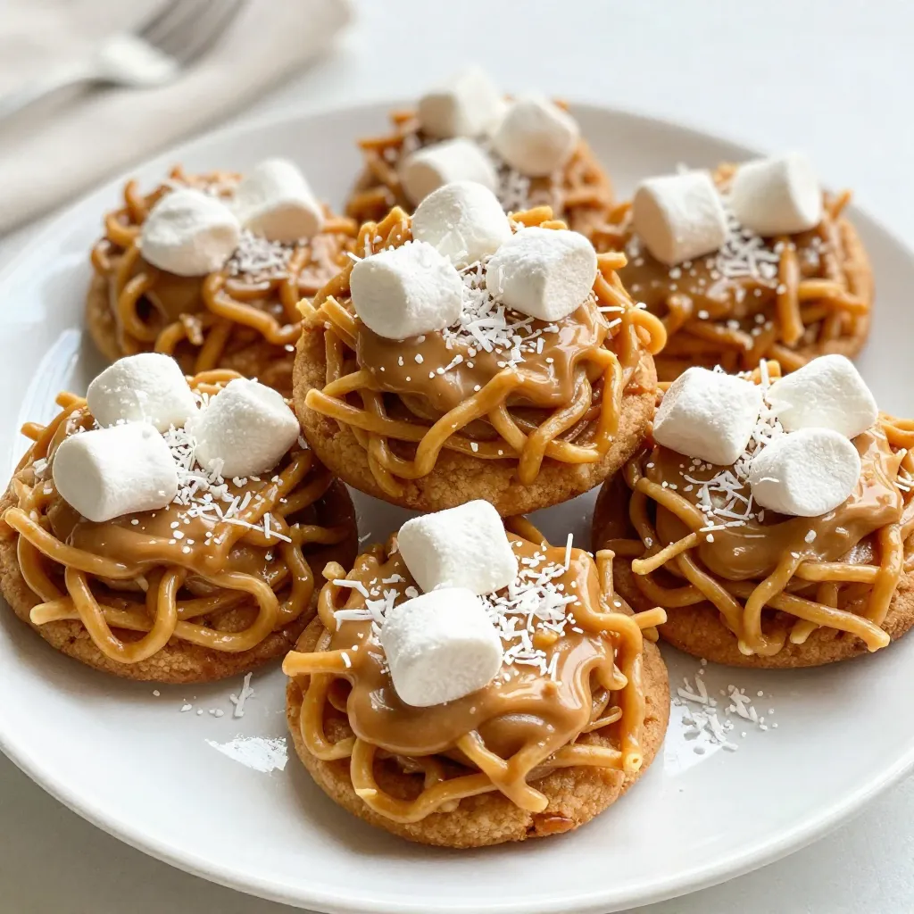 - 2 cups chow mein noodles - 1 cup butterscotch chips - 1/2 cup creamy peanut butter - 1/2 cup unsweetened shredded coconut - 1/2 cup mini marshmallows - 1/2 teaspoon vanilla extract - Pinch of sea salt To make Butterscotch Haystack Cookies, you need simple ingredients. Each item plays a key role in flavor and texture. Chow mein noodles give a crunchy base. Butterscotch chips add sweetness and richness. Creamy peanut butter brings a smooth, nutty taste. Unsweetened shredded coconut adds a chewy element. Mini marshmallows offer bursts of sweetness. Vanilla extract enhances the overall flavor. A pinch of sea salt balances everything perfectly. These ingredients are easy to find. Most grocery stores carry them. You can also substitute some if you like. For instance, use chocolate chips instead of butterscotch. Or, mix in nuts for a crunchy twist. The fun part is experimenting and making this recipe your own! {{ingredient_image_2}} First, grab a medium microwave-safe bowl. Add the butterscotch chips and creamy peanut butter. Heat them in the microwave at 30-second intervals. After each interval, take the bowl out and stir. This helps the mixture melt evenly. You should continue until it is smooth. This takes about 1 to 1.5 minutes. Once the mixture is melted, carefully take the bowl out of the microwave. Stir in the vanilla extract and a pinch of sea salt next. Mix it well to combine all the flavors. Then, add the chow mein noodles, shredded coconut, and mini marshmallows. Use a spatula or wooden spoon to fold them gently. Make sure every noodle and marshmallow gets coated with the butterscotch mix. Now it’s time to shape the cookies. Use a spoon or cookie scoop to drop heaping tablespoons of the mixture onto a baking sheet lined with parchment paper. Form each scoop into little haystack shapes. Make sure to space them a few inches apart. This allows them to spread slightly as they set. To get a smooth mixture, start by melting the butterscotch chips and peanut butter. Use a medium microwave-safe bowl for this. Heat in 30-second intervals. After each interval, stir well. This step is key. It prevents burning and helps blend the flavors. You want a creamy and uniform mix. If you skip stirring, you may end up with lumps. Once you shape the cookies, you have two cooling options. Let them cool at room temperature for about 30 minutes. This is a simple way to let them set. If you want to speed things up, place the baking sheet in the fridge. Chill for 10 to 15 minutes. This method works well if you're in a hurry. Make your cookies stand out with fun decorations. One easy option is to sprinkle extra shredded coconut on top. It adds texture and looks great. For a sweet twist, drizzle melted chocolate over the cookies. This adds a rich flavor and makes them even more tempting. Present them on a nice platter to impress your guests. Pro Tips Storage Tip: Keep your cookies in an airtight container to maintain their freshness for up to a week. Substitution Tip: You can substitute almond butter for peanut butter for a nut-free option. Flavor Enhancement Tip: Add a sprinkle of cinnamon or nutmeg to the butterscotch mixture for an extra layer of flavor. Serving Tip: Serve these cookies chilled for a refreshing treat, especially on warm days! {{image_4}} You can easily make a chocolate version of these cookies. Just swap the butterscotch chips for chocolate chips. This change gives the cookies a rich and dark flavor. Melt the chocolate chips with peanut butter just like in the original recipe. You'll get a tasty treat that chocolate lovers will adore. If you want to add some crunch, try mixing in nuts. Pecans or walnuts work great in these cookies. Just chop them up and fold them into the mixture. This adds a delightful texture and flavor. Plus, it makes your cookies a bit more filling. Want to change the taste a little? You can add spices or extracts. A dash of cinnamon adds warmth. If you like almond, a bit of almond extract can enhance the flavor. These small tweaks can make your cookies unique and fun to eat. To keep your butterscotch haystack cookies fresh, use an airtight container. This helps prevent moisture and keeps them chewy. You can stack the cookies in layers, placing parchment paper between them. This will stop them from sticking together. These cookies stay fresh at room temperature for about one week. If you store them properly in an airtight container, they remain tasty and enjoyable. Check them for any signs of moisture or changes in texture before eating. You can freeze butterscotch haystack cookies for later. To do this, let them cool completely first. Then, place them in a single layer on a baking sheet. Once they are frozen solid, transfer them to a freezer-safe bag. They can last in the freezer for up to three months. When you're ready to enjoy, just thaw them at room temperature. Yes, you can! If you want a twist, try using dark chocolate chips or milk chocolate chips. Each type brings its own flavor. You can also mix in white chocolate chips for a fun look. Just remember, the sweetness may change based on your choice. The cookies will feel firm to the touch. They should not stick to your fingers. If you lightly press one, it should hold its shape. If they are too soft, give them more time to cool. You can also place them in the fridge for a quick set. If your mixture feels too thick, add a bit more peanut butter. This will help loosen it up. You can also microwave it for a few seconds to warm it slightly. Stir well after adding more ingredients. This will help everything mix together nicely. This blog post shared a simple recipe for yummy haystack cookies. You learned about the key ingredients, like chow mein noodles and butterscotch chips. I explained how to melt, mix, and shape the cookies. You also got useful tips for smooth mixtures and cool storage options. Now, you can make these cookies with ease and add fun twists. Enjoy experimenting with flavors and sharing them with friends. Happy baking!