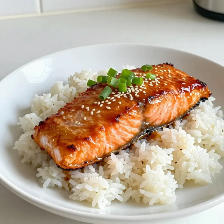 - 4 salmon fillets (about 6 ounces each) - 3 tablespoons low-sodium soy sauce - 2 tablespoons honey or pure maple syrup - 1 tablespoon fresh ginger, finely grated - 2 cloves garlic, minced - 1 tablespoon sesame oil - 1 tablespoon rice vinegar - 1 tablespoon green onions, finely chopped (for garnish) - Sesame seeds (for garnish) - Salt and pepper, to taste For this recipe, you need four salmon fillets. Each fillet should weigh around six ounces. You can find these fillets fresh or frozen at your local grocery store. Next, gather your marinade ingredients. You will use low-sodium soy sauce for flavor. Honey or pure maple syrup adds sweetness to balance the soy sauce's saltiness. Fresh ginger gives a nice zing, while minced garlic adds depth. You will also need sesame oil and rice vinegar. These two ingredients add a rich taste and slight tang. Lastly, for garnish, chop some green onions and sprinkle sesame seeds. These not only look pretty but also add a nice crunch. Make sure you have salt and pepper on hand to season the salmon before baking. With these ingredients, you are set to create a delicious dish that is both simple and packed with flavor! {{ingredient_image_2}} First, you need to make the marinade. In a medium bowl, combine: - 3 tablespoons low-sodium soy sauce - 2 tablespoons honey or pure maple syrup - 1 tablespoon fresh ginger, finely grated - 2 cloves garlic, minced - 1 tablespoon sesame oil - 1 tablespoon rice vinegar Whisk these ingredients together well. This mixture is full of flavor. Next, pour the marinade over your 4 salmon fillets. Make sure each piece is coated nicely. Cover the dish with plastic wrap and put it in the fridge for 30 minutes. This helps the flavors soak into the salmon. For the best taste, marinate for the full 30 minutes. While your salmon marinates, preheat your oven to 400°F (200°C). This step is important for even cooking. Now, take a baking sheet and line it with parchment paper. It makes cleanup easy and keeps the salmon from sticking. Place the marinated salmon on the sheet, skin side down. Bake the salmon for 15 to 18 minutes. The cooking time may change based on how thick your fillets are. Look for the salmon to be opaque and flake easily with a fork. This means it’s done. While the salmon bakes, it’s time to make the glaze. Take the reserved marinade you set aside. Pour it into a small saucepan. Heat it on medium heat and bring it to a simmer. Stir it occasionally as it cooks. Let it simmer for about 5 to 7 minutes until it thickens. Once the salmon is baked, remove it from the oven. Drizzle the thickened glaze over each fillet. This adds a burst of flavor. To bake salmon well, set your oven to 400°F (200°C). Use a baking sheet lined with parchment paper. This helps with easy cleanup. Place the salmon skin side down for even cooking. Bake for 15-18 minutes. The time can change based on how thick your fillets are. To check if it's done, look for opaque flesh that flakes with a fork. Fresh ingredients bring out the best flavors in your dish. Use fresh ginger instead of dried for a zesty kick. Fresh garlic works wonders too. Marinating is key. Let the salmon sit in the marinade for at least 30 minutes. This allows the flavors to soak in deeply. For even better results, marinate it longer if you have time. For a beautiful dish, serve your salmon on a bed of fluffy jasmine rice. You can also add colorful steamed veggies on the side. Drizzle some extra glaze around the plate. It adds color and charm. For garnishing, sprinkle chopped green onions and sesame seeds on top. This gives your dish a lovely finish. Pro Tips Marinade Time: Allowing the salmon to marinate for a full 30 minutes enhances the flavor, but if you're short on time, even 15 minutes can provide a decent taste boost. Oven Temperature: Ensure your oven is fully preheated before baking the salmon. This helps in cooking it evenly and achieving a perfect flaky texture. Garnish for Flavor: Don't skip the garnishing! The green onions and sesame seeds not only add a delightful crunch but also brighten up the dish visually. Serving Suggestions: Pair the glazed salmon with a side of steamed broccoli or sautéed spinach for a healthy and colorful meal. Jasmine rice complements the flavors beautifully. {{image_4}} You can switch the protein in this recipe. Chicken works well with the ginger soy glaze. Simply adjust the cooking time. Tofu is another great option for a vegetarian meal. Use firm tofu and press it to remove excess water. You can also change the sweetener. Instead of honey, try pure maple syrup. It adds a unique taste while keeping that sweet touch. Coconut sugar is another choice for a hint of caramel flavor. You can grill or bake your salmon. Grilling gives a nice char and smoky flavor. Just make sure your grill is hot. Place the fish skin side down and grill for about 6-8 minutes per side. Baking is easier for a weeknight meal. Preheat your oven to 400°F (200°C). Lay your salmon on a lined baking sheet. Bake for 15-18 minutes, depending on thickness. If you want a different texture, try broiling. Broiling gives a nice crust on top. Place your salmon under the broiler for about 10 minutes. Watch closely so it doesn’t burn. Add spices or herbs to change the flavor. A pinch of chili flakes gives some heat. Fresh cilantro or basil can add a fresh twist. You can also use citrus zest, like lime or orange, for brightness. Incorporate local ingredients to make the dish unique. If you have fresh herbs or veggies from your garden, use them. This not only adds flavor but also makes your meal personal. To keep your leftover salmon fresh, place it in an airtight container. Make sure the salmon cools down to room temperature. After that, seal it tightly and store it in the fridge. The salmon will stay good for about three days. If you want to keep it longer, you can freeze it. Wrap each fillet in plastic wrap, then place it in a freezer bag. It will last for up to three months in the freezer. When it comes to storing the marinade, you can keep any leftover marinade in the fridge too. Pour it into a clean container and cover it tightly. It will stay fresh for about a week. If you want to use it later, make sure to bring it to a boil before using it again. To reheat your salmon, the oven is the best choice. Preheat it to 350°F (175°C). Place your salmon on a baking sheet and cover it with foil to prevent it from drying out. Heat for about 10-15 minutes. This method keeps the salmon moist and tasty. You can also use the microwave, but be careful. Place the salmon on a microwave-safe plate and cover it with a damp paper towel. Heat it in short bursts of 30 seconds. Check often to avoid overcooking. This way, you keep the flavor and texture intact. If you have a stove, you can reheat the salmon in a pan. Use low heat and add a splash of water or broth. Cover the pan, and let it steam for a few minutes. This method also helps to keep it moist and delicious. You can pair Ginger Soy Glazed Salmon with many tasty sides. Here are some great ideas: - Steamed jasmine rice - Roasted vegetables like broccoli or asparagus - Garlic sautéed spinach - Quinoa for a healthy option - A fresh salad with a light dressing These sides add flavor and color to your meal. They also balance the rich taste of the salmon. Yes, you can prep this dish ahead. Here are some tips: - Marinate the salmon up to one day in advance. - Store the marinated salmon in the fridge until you are ready to cook. - You can also make the glaze ahead. Just heat it up before serving. This way, you save time on busy nights. Check for these signs to know if your salmon is done: - It should turn opaque and lose its shiny look. - It should flake easily with a fork. - The thickest part should reach 145°F (63°C). These signs show that your salmon is ready to eat. Enjoy your flavorful meal! This post covered how to make Ginger Soy Glazed Salmon from start to finish. We discussed the ingredients, marinating steps, baking tips, and even how to enhance flavors. Remember, using fresh ingredients and proper marinating time makes a big difference. I hope you feel ready to try this recipe. With a few simple steps, you can impress anyone with your cooking. Enjoy your delicious and healthy meal!