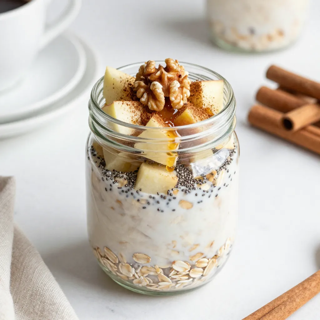To make Apple Cinnamon Overnight Oats, you need a few simple items. Here’s the list: - 1 cup rolled oats - 2 cups almond milk or any milk of your choice - 1 medium apple, peeled and diced - 1 tablespoon chia seeds - 1 tablespoon maple syrup (optional, for added sweetness) - 1 teaspoon ground cinnamon - 1/2 teaspoon pure vanilla extract - 1/4 cup walnuts, finely chopped (optional for added crunch) - A pinch of salt These ingredients blend together to create a creamy and delicious breakfast. The rolled oats give you a nice base, while the almond milk makes it creamy. The diced apple adds freshness and sweetness. Chia seeds boost the nutrition and help thicken the oats. Ground cinnamon gives that warm spice flavor, and the vanilla adds depth. You can always adjust the recipe based on your taste. Want it sweeter? Add more maple syrup. Prefer a crunch? Toss in more walnuts. Each ingredient plays a role, making this breakfast not just tasty but also healthy! {{ingredient_image_2}} 1. Mixing dry ingredients Start by taking a large mixing bowl. Add 1 cup of rolled oats, 1 tablespoon of chia seeds, and a pinch of salt. Mix these dry ingredients well. This helps to ensure even flavor. 2. Preparing wet ingredients In another bowl or measuring jug, pour in 2 cups of almond milk. If you want added sweetness, add 1 tablespoon of maple syrup. Then, mix in 1 teaspoon of ground cinnamon and 1/2 teaspoon of pure vanilla extract. Whisk until the mixture is smooth. 3. Combining mixtures Gradually pour the wet mixture over the dry ingredients. Use a spatula or wooden spoon to stir. Make sure all the oats are coated and combined well. No dry spots should remain. 4. Adding diced apples Take 1 medium apple, peel it, and dice it into small pieces. Gently fold the diced apple into the oat mixture. This adds delicious flavor and a nice texture. 5. Storing in jars Spoon the combined mixture into two jars or containers. Layer it evenly. If you want some crunch, sprinkle 1/4 cup of finely chopped walnuts on top. Seal each jar with a lid or cover them with plastic wrap. Let the jars chill in the refrigerator overnight. This helps the oats and chia seeds absorb the liquid. Enjoy a tasty breakfast in the morning! - Adjusting sweetness levels You can change the sweetness to fit your taste. If you like it sweet, add more maple syrup. For less sweetness, use less syrup or skip it. You can also use ripe bananas for natural sweetness. - Choosing the right milk alternatives Almond milk is my favorite, but feel free to try other types. Cow's milk, oat milk, or soy milk all work well. Choose what you love or what you have on hand. - Ensuring proper consistency If your oats are too thick, add a splash of milk when you stir them in the morning. If they are too thin, add a bit more oats or let them sit longer to soak up the liquid. - Flavoring variations Get creative with flavors! You can add nuts, seeds, or different spices like nutmeg. Fresh fruits like berries or bananas can also boost flavor. Mix and match until you find your favorite combo! Pro Tips Use Old-Fashioned Rolled Oats: They absorb liquid better and provide a creamier texture compared to quick oats. Customize Your Sweetness: Adjust the amount of maple syrup based on the sweetness of your apples to create the perfect balance. Experiment with Toppings: Feel free to add other toppings like nut butter, seeds, or dried fruits to elevate your overnight oats. Make It Ahead: These overnight oats can last in the fridge for up to 5 days, making them perfect for meal prep. {{image_4}} You can make apple cinnamon overnight oats your own in many ways. Here are some ideas: - Flavor additions: Try adding other fruits like bananas or berries. Nuts like almonds or pecans also work well. They add crunch and good taste. - Alternative spices: If you want to mix things up, add nutmeg or ginger. These spices give your oats a new twist and flavor. - Different sweeteners: Maple syrup is great, but you can also use honey or agave. Each sweetener brings a unique taste to your oats. Using these ideas will help you create a breakfast that fits your taste. Enjoy trying new combinations! You can keep your apple cinnamon overnight oats in the fridge for up to five days. This makes it easy to meal prep for the week. Just store them in airtight jars or containers. If you want to freeze them, it’s best to do so before adding any fresh fruit or toppings. Freeze the jars without the apple slices. They can stay in the freezer for up to three months. When you want to eat them, move a jar to the fridge overnight to thaw. Reheating is not usually needed, but if you prefer warm oats, you can microwave them. Just take off the lid and heat for about 30 to 60 seconds. Stir well before eating. If the oats are too thick, add a splash of almond milk to get your perfect texture. Yes, you can use instant oats. However, they will absorb liquid faster. This may change the texture. Rolled oats give a chewier bite, which I prefer. You can store these oats in the fridge for up to five days. Just keep them in sealed jars. This makes it easy to grab a quick breakfast. You can skip chia seeds if you want. They add fiber and help thicken the oats. If you don't have any, just leave them out. To add protein, consider these options: - Greek yogurt - Protein powder - Nut butter - Cottage cheese These ingredients blend well and boost nutrition. Yes, you can make these oats vegan. Use plant-based milk like almond, soy, or oat milk. Skip the honey and use maple syrup for sweetness. You learned how to make easy overnight oats using simple ingredients. We covered step-by-step instructions, tips for perfect oats, and fun variations. Remember, you can customize your oats to fit your taste. Make them sweeter or swap out ingredients based on what you like. Proper storage keeps them fresh, and you can enjoy them all week. This healthy breakfast is tasty and quick to prepare. Dive in and start making your own delicious overnight oats today!