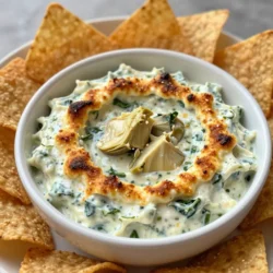 - 1 cup fresh spinach, finely chopped - 1 cup canned artichoke hearts, thoroughly drained and coarsely chopped - 1 cup cream cheese, softened to room temperature - 1/2 cup sour cream - 1 cup shredded mozzarella cheese - 1/2 cup grated Parmesan cheese - 1 clove garlic, minced - 1/2 teaspoon onion powder - 1/2 teaspoon red pepper flakes (optional for heat) - Salt and freshly cracked black pepper to taste - Tortilla chips or sliced baguette for serving When you gather your ingredients, use dry measuring cups for the cheese and spinach. For the sour cream and cream cheese, a liquid measuring cup works well. If you don&rsquo;t have a scale, a cup is a good measure for most dry ingredients. Make sure to pack the spinach well to get an accurate cup measurement. You can swap fresh spinach with frozen spinach. Just make sure to thaw and squeeze it dry. If you can&rsquo;t find artichokes, you can use roasted red peppers for a different twist. For a dairy-free option, try using cashew cream instead of cream cheese. You can also use nutritional yeast to replace the Parmesan cheese for added flavor. {{ingredient_image_2}} First, preheat your oven to 350&deg;F (175&deg;C). This helps the dip bake evenly. In a large bowl, mix 1 cup of softened cream cheese and 1/2 cup of sour cream. I use a hand mixer or a spatula to blend until smooth. Next, add 1 clove of minced garlic. Stir it in well. Now, add 1 cup of chopped spinach, 1 cup of chopped artichoke hearts, and 1 cup of shredded mozzarella cheese. Toss in 1/2 cup of grated Parmesan cheese, 1/2 teaspoon of onion powder, and 1/2 teaspoon of red pepper flakes if you want some heat. Season with salt and pepper. Gently fold all the ingredients until they are well combined. Transfer the mixture into a medium-sized baking dish. Spread it evenly across the top. Place it in the preheated oven. Bake for 20 to 25 minutes. You want the dip to be hot and bubbly. The top should turn a nice golden brown. Once it looks good, carefully take it out of the oven. Let it cool for 5 minutes. This makes it easier to serve. Serve the dip warm. It pairs well with crunchy tortilla chips or slices of baguette. For a fun touch, you can sprinkle extra red pepper flakes or add fresh spinach leaves on top. Use a colorful dish for a nice presentation. Enjoy this cheesy delight at your next gathering! To make your dip extra creamy, use full-fat cream cheese. This gives the dip a rich taste. Mixing in sour cream adds a nice tang too. If you want more creaminess, add a bit more mozzarella cheese. When you bake it, the cheese melts perfectly. This will create a smooth and luscious dip. Seasonings can elevate your dip. Besides salt and pepper, try adding garlic powder for more depth. A pinch of nutmeg can bring warmth, too. If you like heat, add more red pepper flakes. Taste your mix before baking. Adjust the flavors to suit your taste. This way, your dip will be just right for your gathering. Garnishing makes your dip look appealing. After baking, sprinkle some extra red pepper flakes on top. Add fresh spinach leaves for a pop of color. You can also drizzle a bit of olive oil for shine. Serve your dip in a bright dish to catch the eye. A well-presented dip will invite everyone to dig in. Pro Tips Ingredient Freshness: Always use fresh spinach for the best flavor and texture. Frozen spinach can release excess water, which may affect the dip's creaminess. Cheese Variations: Experiment with different cheese blends, such as adding cream cheese or cheddar, for a unique twist on the classic flavor profile. Make Ahead: Prepare the dip a day in advance and store it in the refrigerator. Bake it just before serving for maximum freshness. Serving Suggestions: For a gourmet touch, serve the dip with an assortment of dippers, such as vegetable sticks, pretzel chips, or pita bread. {{image_4}} To spice up your dip, add red pepper flakes. Start with a half teaspoon. If you want more heat, add more! You can also mix in diced jalape&ntilde;os for a zesty kick. This variation makes the dip exciting and perfect for those who love a little heat. You can make a vegan version with simple swaps. Use vegan cream cheese instead of regular cream cheese. Swap sour cream with a plant-based option, like cashew cream. Nutritional yeast adds a cheesy flavor, while keeping it dairy-free. This option is great for vegan friends. Get creative by adding different ingredients! Cooked bacon adds a smoky flavor that pairs well with spinach and artichokes. You can also try using different cheeses like cheddar or feta. Each cheese brings its own unique taste. Mix and match to find your favorite combo! After your gathering, let the dip cool down. Then, place it in an airtight container. Make sure to cover it tightly to keep it fresh. You can store it in the fridge for up to three days. If you have a lot left, consider dividing it into smaller portions. This way, you can enjoy it later without having to heat up everything. To reheat your Cheesy Spinach Artichoke Dip, preheat your oven to 350&deg;F (175&deg;C). Place the dip in an oven-safe dish. Cover it with foil to keep it moist. Bake for about 15-20 minutes, or until it is hot and bubbly. You can also reheat it in the microwave. Use a microwave-safe bowl and heat it in short bursts. Stir it often to ensure even heating. If you want to save some for later, you can freeze the dip. First, let it cool completely. Transfer it to a freezer-safe container. Leave some space at the top, as it will expand when frozen. The dip can last in the freezer for up to three months. To use it, thaw it overnight in the fridge. Then, reheat it as mentioned above for the best taste and texture. Yes, you can prepare Cheesy Spinach Artichoke Dip ahead. Just make the dip, cover it tightly, and store it in the fridge. You can do this a day in advance. When you are ready to serve, simply bake it. This saves time during your gathering. You can serve this dip with various tasty options. Here are some of my favorites: - Tortilla chips - Sliced baguette - Pita chips - Fresh vegetable sticks - Crackers These pair well with the creamy dip and add nice crunch. When stored properly, Cheesy Spinach Artichoke Dip lasts about 3 to 5 days in the fridge. Be sure to keep it in an airtight container. If you see any changes in smell or color, it's best to toss it. Always prioritize food safety! You now have all the tools to create a delicious Cheesy Spinach Artichoke Dip. We covered the key ingredients, smart measuring tips, and tasty substitutions. I shared step-by-step instructions to guide you through preparation, baking, and serving. Don't forget the tips to enhance creaminess and flavor. Explore fun variations, and feel confident storing leftovers for later. Enjoy making this dip your own! With these insights, you&rsquo;ll impress friends and family with a tasty treat.