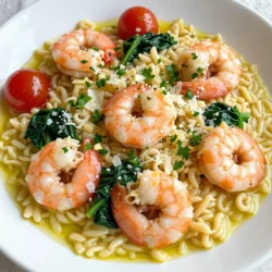 - Orzo pasta - Large shrimp - Olive oil - Garlic - Lemon - Vegetable broth - Cherry tomatoes - Fresh spinach - Dried oregano - Salt and pepper - Fresh parsley - Grated Parmesan cheese (optional) To make Lemon Garlic Shrimp Orzo, you need just a few simple ingredients. Start with orzo pasta; it cooks quickly and absorbs flavors well. I love using large shrimp for this dish. Their size gives a nice bite and they cook fast. Olive oil is key for saut&eacute;ing. It adds rich taste. Garlic brings a wonderful aroma and flavor. I use fresh garlic, minced into small pieces. Lemon is essential; both the zest and juice add brightness. Vegetable broth gives depth to the dish. Cherry tomatoes add sweetness and color, while fresh spinach adds nutrients. For seasoning, I use dried oregano, salt, and pepper. Fresh parsley is great for garnish. Finally, if you want a creamy touch, grated Parmesan cheese is a good option. All these ingredients come together to create a flavorful and satisfying meal. {{ingredient_image_2}} To start, grab a large pot. Fill it with water and add salt. Bring the water to a rolling boil. Add 1 cup of orzo pasta. Cook it for 8 to 10 minutes until it is al dente. This means it should be firm but not hard. Once cooked, pour the orzo into a colander to drain. Set it aside for later. Next, take a large skillet and add 2 tablespoons of olive oil. Heat it over medium-high heat. When the oil shimmers, add 4 cloves of minced garlic. Saut&eacute; the garlic for about 1 minute. Stir it often until it smells great but does not brown. Now, add 1 pound of large shrimp to the skillet. Season them with salt, pepper, and 1 teaspoon of dried oregano. Cook the shrimp for about 2 to 3 minutes on each side. They should turn pink and opaque. If they cook too long, they can get tough, so keep an eye on them. Once the shrimp are ready, pour in 1 cup of vegetable broth. Add the juice and zest of 1 lemon. Stir this mixture and let it simmer for 2 minutes. This allows all the flavors to blend. Then, add 1 cup of halved cherry tomatoes and 1 cup of fresh spinach. Stir until the spinach wilts and the tomatoes soften, about 2 to 3 minutes. Now, gently fold in the cooked orzo. Mix everything well to combine. Heat the mixture through for another 2 minutes. Finally, drizzle 1 tablespoon of olive oil over the dish. Taste and add more salt or pepper if needed. Stir it once more for a perfect finish. To know when shrimp are cooked, look for a pink color. They should also be firm to the touch. If they curl tightly, they are likely done. Avoid overcooking by removing them from heat right when they turn pink. This takes about 2-3 minutes on each side. Overcooked shrimp can become rubbery, so watch them closely. Using fresh herbs can really boost the flavor. I love adding fresh parsley right before serving. You can also try basil or cilantro for a twist. If you don&rsquo;t have fresh herbs, dried ones work too, but use less. Substituting ingredients is easy. Swap out shrimp for chicken or scallops if you prefer. You can even use zucchini or bell peppers as a veggie option. For plating, use a wide bowl to show off the colors. Start with the orzo, then top with shrimp and veggies. Drizzle some olive oil on top for shine. You can also add grated Parmesan for creaminess. Pair this dish with a crisp white wine or a chilled sparkling water. A side salad goes well, too, for a fresh touch. Pro Tips Fresh Ingredients: Use fresh shrimp and spinach for the best flavor and texture. Cook the Orzo Al Dente: Be sure to cook the orzo until just al dente to prevent it from becoming mushy when mixed with the other ingredients. Season with Care: Taste the dish as you cook and adjust the seasoning gradually to avoid over-seasoning. Garnish with Citrus: Adding extra lemon zest on top before serving enhances the dish's brightness and flavor. {{image_4}} You can easily swap shrimp for chicken or scallops. Chicken works well with the same lemon and garlic flavors. Just cut it into bite-sized pieces and cook it until fully done. Scallops add a sweet touch and cook very quickly. They become tender and juicy in no time. For a plant-based option, try using chickpeas or tofu. Both options soak up the flavor well and add protein. If you need a gluten-free option, look for gluten-free orzo. It provides the same great texture. You can also use other pastas like penne or fusilli. These shapes will hold the sauce well. Keep in mind that cooking times may vary, so adjust as needed. Spice things up by adding a pinch of red pepper flakes. It gives the dish a nice kick. You can also try adding seasonal vegetables. Think zucchini, bell peppers, or asparagus. These not only add color but also enhance the dish's flavor. Mixing in fresh herbs like basil or thyme can also elevate the taste. To store leftover Lemon Garlic Shrimp Orzo, let it cool first. Place it in an airtight container. This keeps it fresh and tasty. You can store it in the fridge for up to three days. When you are ready to eat it again, look for signs of spoilage, like off smells or colors. You can freeze Lemon Garlic Shrimp Orzo if you want to save some for later. Make sure it is cool before putting it in a freezer-safe container. It can last up to three months in the freezer. When you're ready to eat it, take it out and let it thaw in the fridge overnight. To reheat, you can use the stove or microwave. If using the stove, add a splash of broth or water to keep it moist. Heat it on low, stirring often, until it is warm. In the microwave, heat in short bursts, stirring in between, until hot. Orzo is a small, rice-shaped pasta. It cooks quickly and absorbs flavors well. You can use orzo in salads, soups, or as a side dish. Its texture is chewy, making it a great addition to many meals. Yes, you can prepare Lemon Garlic Shrimp Orzo in advance. Cook the dish, let it cool, and store it in the fridge. It stays fresh for about three days. Just remember to cover it well. To reheat, you can use a microwave or a skillet. For the microwave, warm it in short bursts. Stir in a little water or broth to prevent it from drying out. In a skillet, heat gently over medium heat, stirring until warm. Absolutely! You can add or swap veggies based on your taste. Zucchini, bell peppers, or peas work great. Just chop them small and add them when you mix in the broth. Pair this dish with a fresh salad or garlic bread. Roasted vegetables also make a nice side. You can even serve it with a light white wine for a special touch. This Lemon Garlic Shrimp Orzo dish combines simple ingredients and easy steps. You can create a tasty meal, perfect for any occasion. Remember to customize with your favorite vegetables or protein options. Proper storage and reheating keep your leftovers fresh. Enjoy the lively flavors and feel free to make it your own. Cooking this dish can be fun and rewarding. I hope you try it soon!