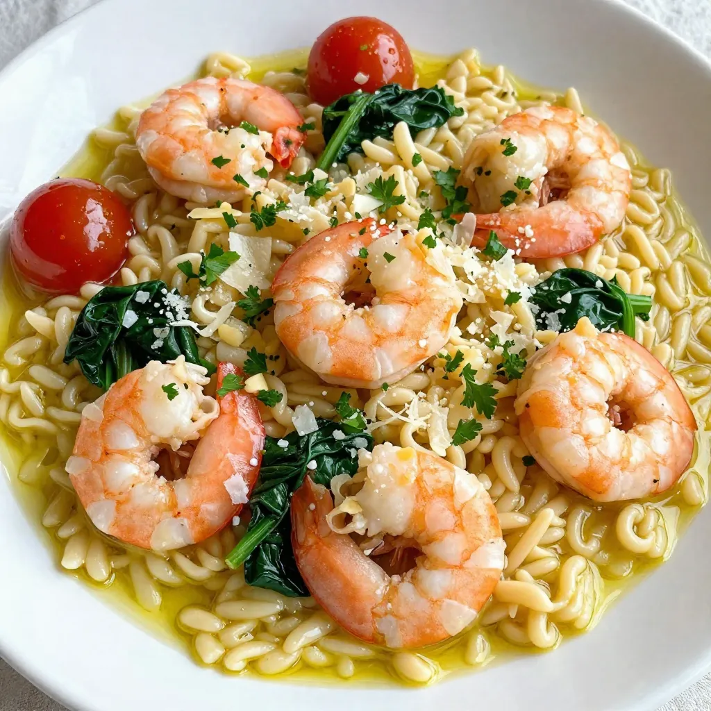 - Orzo pasta - Large shrimp - Olive oil - Garlic - Lemon - Vegetable broth - Cherry tomatoes - Fresh spinach - Dried oregano - Salt and pepper - Fresh parsley - Grated Parmesan cheese (optional) To make Lemon Garlic Shrimp Orzo, you need just a few simple ingredients. Start with orzo pasta; it cooks quickly and absorbs flavors well. I love using large shrimp for this dish. Their size gives a nice bite and they cook fast. Olive oil is key for sautéing. It adds rich taste. Garlic brings a wonderful aroma and flavor. I use fresh garlic, minced into small pieces. Lemon is essential; both the zest and juice add brightness. Vegetable broth gives depth to the dish. Cherry tomatoes add sweetness and color, while fresh spinach adds nutrients. For seasoning, I use dried oregano, salt, and pepper. Fresh parsley is great for garnish. Finally, if you want a creamy touch, grated Parmesan cheese is a good option. All these ingredients come together to create a flavorful and satisfying meal. {{ingredient_image_2}} To start, grab a large pot. Fill it with water and add salt. Bring the water to a rolling boil. Add 1 cup of orzo pasta. Cook it for 8 to 10 minutes until it is al dente. This means it should be firm but not hard. Once cooked, pour the orzo into a colander to drain. Set it aside for later. Next, take a large skillet and add 2 tablespoons of olive oil. Heat it over medium-high heat. When the oil shimmers, add 4 cloves of minced garlic. Sauté the garlic for about 1 minute. Stir it often until it smells great but does not brown. Now, add 1 pound of large shrimp to the skillet. Season them with salt, pepper, and 1 teaspoon of dried oregano. Cook the shrimp for about 2 to 3 minutes on each side. They should turn pink and opaque. If they cook too long, they can get tough, so keep an eye on them. Once the shrimp are ready, pour in 1 cup of vegetable broth. Add the juice and zest of 1 lemon. Stir this mixture and let it simmer for 2 minutes. This allows all the flavors to blend. Then, add 1 cup of halved cherry tomatoes and 1 cup of fresh spinach. Stir until the spinach wilts and the tomatoes soften, about 2 to 3 minutes. Now, gently fold in the cooked orzo. Mix everything well to combine. Heat the mixture through for another 2 minutes. Finally, drizzle 1 tablespoon of olive oil over the dish. Taste and add more salt or pepper if needed. Stir it once more for a perfect finish. To know when shrimp are cooked, look for a pink color. They should also be firm to the touch. If they curl tightly, they are likely done. Avoid overcooking by removing them from heat right when they turn pink. This takes about 2-3 minutes on each side. Overcooked shrimp can become rubbery, so watch them closely. Using fresh herbs can really boost the flavor. I love adding fresh parsley right before serving. You can also try basil or cilantro for a twist. If you don’t have fresh herbs, dried ones work too, but use less. Substituting ingredients is easy. Swap out shrimp for chicken or scallops if you prefer. You can even use zucchini or bell peppers as a veggie option. For plating, use a wide bowl to show off the colors. Start with the orzo, then top with shrimp and veggies. Drizzle some olive oil on top for shine. You can also add grated Parmesan for creaminess. Pair this dish with a crisp white wine or a chilled sparkling water. A side salad goes well, too, for a fresh touch. Pro Tips Fresh Ingredients: Use fresh shrimp and spinach for the best flavor and texture. Cook the Orzo Al Dente: Be sure to cook the orzo until just al dente to prevent it from becoming mushy when mixed with the other ingredients. Season with Care: Taste the dish as you cook and adjust the seasoning gradually to avoid over-seasoning. Garnish with Citrus: Adding extra lemon zest on top before serving enhances the dish's brightness and flavor. {{image_4}} You can easily swap shrimp for chicken or scallops. Chicken works well with the same lemon and garlic flavors. Just cut it into bite-sized pieces and cook it until fully done. Scallops add a sweet touch and cook very quickly. They become tender and juicy in no time. For a plant-based option, try using chickpeas or tofu. Both options soak up the flavor well and add protein. If you need a gluten-free option, look for gluten-free orzo. It provides the same great texture. You can also use other pastas like penne or fusilli. These shapes will hold the sauce well. Keep in mind that cooking times may vary, so adjust as needed. Spice things up by adding a pinch of red pepper flakes. It gives the dish a nice kick. You can also try adding seasonal vegetables. Think zucchini, bell peppers, or asparagus. These not only add color but also enhance the dish's flavor. Mixing in fresh herbs like basil or thyme can also elevate the taste. To store leftover Lemon Garlic Shrimp Orzo, let it cool first. Place it in an airtight container. This keeps it fresh and tasty. You can store it in the fridge for up to three days. When you are ready to eat it again, look for signs of spoilage, like off smells or colors. You can freeze Lemon Garlic Shrimp Orzo if you want to save some for later. Make sure it is cool before putting it in a freezer-safe container. It can last up to three months in the freezer. When you're ready to eat it, take it out and let it thaw in the fridge overnight. To reheat, you can use the stove or microwave. If using the stove, add a splash of broth or water to keep it moist. Heat it on low, stirring often, until it is warm. In the microwave, heat in short bursts, stirring in between, until hot. Orzo is a small, rice-shaped pasta. It cooks quickly and absorbs flavors well. You can use orzo in salads, soups, or as a side dish. Its texture is chewy, making it a great addition to many meals. Yes, you can prepare Lemon Garlic Shrimp Orzo in advance. Cook the dish, let it cool, and store it in the fridge. It stays fresh for about three days. Just remember to cover it well. To reheat, you can use a microwave or a skillet. For the microwave, warm it in short bursts. Stir in a little water or broth to prevent it from drying out. In a skillet, heat gently over medium heat, stirring until warm. Absolutely! You can add or swap veggies based on your taste. Zucchini, bell peppers, or peas work great. Just chop them small and add them when you mix in the broth. Pair this dish with a fresh salad or garlic bread. Roasted vegetables also make a nice side. You can even serve it with a light white wine for a special touch. This Lemon Garlic Shrimp Orzo dish combines simple ingredients and easy steps. You can create a tasty meal, perfect for any occasion. Remember to customize with your favorite vegetables or protein options. Proper storage and reheating keep your leftovers fresh. Enjoy the lively flavors and feel free to make it your own. Cooking this dish can be fun and rewarding. I hope you try it soon!
