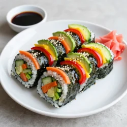 - 1 cup sushi rice - 1 1/4 cups water - 4 sheets nori (seaweed) - 1 medium cucumber, julienned - 1 medium carrot, julienned - 1/2 red bell pepper, sliced into thin strips - 1/2 yellow bell pepper, sliced into thin strips - 1 medium avocado, thinly sliced The main ingredients create a colorful and tasty sushi roll. Sushi rice is sticky and holds the roll together. Nori sheets wrap the fillings and add flavor. Fresh veggies bring crunch and color. You can use many different vegetables, but these are perfect choices. - 1/4 cup pickled ginger (for serving) - Soy sauce (for dipping) - Wasabi (optional, for serving) Using optional ingredients is fun! Pickled ginger refreshes your palate. Soy sauce adds a salty kick. If you like heat, add wasabi for a spicy touch. These flavors enhance the sushi experience. - Sesame seeds Garnishing with sesame seeds adds a nutty crunch. It also makes your rolls look appealing. A sprinkle of sesame seeds can turn a simple dish into a work of art. Enjoy the colors, textures, and tastes! {{ingredient_image_2}} To make sushi rolls, start with the rice. Rinse 1 cup of sushi rice under cold water. Keep rinsing until the water runs clear. This helps remove excess starch. Then, add the rice and 1 1/4 cups of water to a pot. Bring it to a boil. Once boiling, reduce the heat and cover the pot. Let it simmer for 20 minutes. After that, turn off the heat and let it rest for 10 minutes. Next, season the rice. Transfer it to a large bowl. Add a splash of rice vinegar, a pinch of salt, and a little sugar if you like. Stir gently to mix the seasoning. Let the rice cool to room temperature before using it. While the rice cools, prepare your veggies. Start with a medium cucumber. Cut it into thin strips, known as julienne. Do the same with a medium carrot. For the bell peppers, take half of a red and half of a yellow bell pepper. Slice them into thin strips as well. Lastly, cut a medium avocado into thin slices. Arrange all these colorful veggies in separate bowls. This makes it easy to grab them later when you roll. Now comes the fun part: assembling the rolls! First, lay a bamboo sushi mat on a clean, flat surface. Place a sheet of nori, shiny side down, on the mat. Wet your hands lightly to prevent the rice from sticking. Take a handful of sushi rice and spread it evenly over the nori. Leave about 1 inch of nori at the top. In the center of the rice, layer your colorful fillings. You can use cucumber, carrot, bell peppers, and avocado. Be careful not to overfill, as this can make rolling difficult. Now, lift the edge of the sushi mat closest to you. Begin rolling it away from you, pressing gently to keep the fillings in place. Continue to roll while pulling the mat to shape the roll tightly. Once you reach the edge of the nori, wet it with a bit of water to seal the roll. Finally, use a sharp knife to slice the roll into bite-sized pieces. Clean the knife with a damp cloth after each cut to keep the edges neat. Enjoy your beautiful rainbow veggie sushi rolls! How to prevent sticking When making sushi, sticking can be a big issue. To prevent this, wet your hands lightly before handling the rice. This keeps the rice from sticking to your fingers. Also, make sure to use a bamboo sushi mat to help with rolling. Avoid pressing too hard on the rice; gentle pressure works best. Ensuring tight rolls A tight roll makes sushi easy to slice. Start rolling from the edge closest to you. Use the mat to lift the roll as you go. Tuck the filling in tightly but not too tight. When you reach the end, wet the edge of the nori to seal it. This helps keep the roll intact. Best knife for cutting sushi A sharp knife is key for slicing sushi rolls. I recommend using a sushi knife or a very sharp chef's knife. The sharp blade helps you cut cleanly through the rice and veggies. A dull knife can squish the roll, ruining its shape. Cleaning the knife between cuts To keep slices clean, wipe the knife with a damp cloth after each cut. This removes rice and prevents sticking. A clean knife allows for beautiful, neat pieces. Adjust your grip to keep the knife steady while cutting. Creative serving ideas For serving, arrange the rolls on a beautiful platter. You can create a rainbow effect by mixing different colors of veggies. Add some pickled ginger and a small bowl of soy sauce for dipping. This adds flavor and enhances the look of your dish. Pairing with sauces Besides soy sauce, you can offer other dips like spicy mayo or ponzu sauce. This gives your guests more options. If you like heat, try adding wasabi on the side. It adds a fun kick to each bite. Pro Tips Rinse the Rice Well: Thoroughly rinsing the sushi rice before cooking removes excess starch, preventing it from becoming gummy and ensuring a perfect texture. Use a Sharp Knife: A sharp knife is essential for cutting sushi rolls cleanly. This prevents squishing the rolls and maintains their beautiful presentation. Keep Ingredients Fresh: Use fresh vegetables and ripe avocados for the best flavor and texture in your sushi rolls. Avoid overripe or mushy ingredients. Experiment with Fillings: Don&rsquo;t hesitate to get creative with your fillings! Try adding cooked shrimp, spicy tuna, or even mango for a unique twist on traditional sushi. {{image_4}} You can choose many vegetables for your sushi rolls. I love using what&rsquo;s fresh and in season. Here are some great options: - Zucchini - Radishes - Asparagus - Sweet potatoes - Spinach These veggies add great taste and color. You can also add protein to your rolls. Some tasty choices include: - Tofu - Shrimp - Crab meat - Cooked chicken These proteins will make your sushi more filling and fun. Creating colorful rolls is part of the fun! You can mix and match colors for a stunning look. Here are some ideas: - Red (bell pepper) and green (cucumber) - Yellow (bell pepper) and purple (cabbage) - Orange (carrot) and green (avocado) Try making themed rainbow rolls too! For example, a sunset roll with shades of red and orange. You can also create a garden roll with lots of green veggies. The more colors, the better! You can easily adjust these rolls to fit your diet. For vegan options, skip any fish or meat. Use extra veggies or even fruits like mango. If you need gluten-free sushi, use gluten-free soy sauce. For a low-carb option, skip the rice and use thin slices of cucumber instead. This makes a fresh and crunchy base for your fillings. Enjoy making your sushi rolls fit your needs! To keep your sushi rolls fresh, store them in the fridge. Wrap each roll in plastic wrap. This stops them from drying out. Place the wrapped rolls in an airtight container. This adds another layer of protection. Try to eat them within one day for the best taste. You should avoid leaving sushi out at room temperature. Sushi rice can spoil quickly. Keep it cool and safe for the best flavor. If you have extra sushi rice, store it in a separate container. Can sushi be reheated? No, it's best to eat sushi cold. Reheating can change the texture and taste. If you have leftover ingredients, use them in salads or wraps. You can also make a veggie stir-fry. Just saut&eacute; your leftover veggies in a pan. Another idea is to make sushi rice balls. Just mix the rice with some seasonings and shape them. This way, you can enjoy your leftovers in a new way! To make sushi rolls stick, you need the right amount of moisture. Here are some key tips: - Rinse the sushi rice well until the water runs clear. - Use just enough water when cooking. Too much water makes it soggy. - Let the rice cool to room temperature before using. - Wet your hands lightly before handling the rice. This helps it stick to the nori. I find that using the right sushi rice helps too. The stickiness of the rice is key to a good roll. If you follow these steps, your rolls will hold together nicely. Yes, you can make sushi rolls ahead of time. However, keep these tips in mind: - Prepare the rolls no more than a few hours before serving. - Wrap the rolls in plastic wrap to keep them fresh. - Store them in the fridge but not for too long. Cold sushi can lose its texture. If you make sushi rolls ahead of time, serve them with soy sauce and pickled ginger. This will keep them tasty and fresh. The best rice for sushi is short-grain rice. Here&rsquo;s why: - Short-grain rice is sticky and holds together well. - It absorbs water easily, making it perfect for sushi. - Varieties like Japonica are popular for sushi rolls. When selecting rice, look for sushi rice at your local store. This will give you the best results for your rainbow veggie sushi rolls. You learned how to make sushi at home using simple ingredients. We covered choosing sushi rice, nori, and fresh veggies. You know how to prepare fillings and assemble rolls like a pro. Remember, practice your rolling and cutting skills for the best results. Don't be afraid to experiment with flavors and colors. Enjoy making unique sushi creations that impress your friends and family. Happy sushi making!